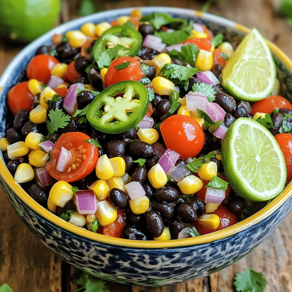 - 1 can (15 oz) black beans, drained and rinsed - 1 cup corn kernels (fresh, canned, or frozen) - 1 medium red bell pepper, diced - 1 small red onion, finely chopped - 1 jalapeño, seeded and minced - 1 cup cherry tomatoes, halved - 1/4 cup fresh cilantro, chopped - Juice of 2 limes - 2 tablespoons olive oil - 1 teaspoon cumin - Salt and pepper to taste Zesty Black Bean Salsa shines because of its simple yet vibrant ingredients. First, you need black beans. These are rich in protein and fiber, making them a healthy choice. Drain and rinse them well to remove extra sodium. Next, corn kernels add a sweet crunch. You can use fresh, canned, or frozen corn. Each option works well and brings a bit of sweetness to the salsa. Red bell pepper gives a crisp texture and bright color. Dice it into small pieces for even bites. Then, for a bit of heat, add jalapeño. Be sure to seed it first to control the spice level. Red onion adds a sharp flavor that balances the salsa. Finely chop it so it blends well. Cherry tomatoes bring juiciness and a pop of color. Halve them to release their juices. Fresh cilantro adds a burst of freshness. Chop it finely and mix it in. Lime juice wakes up the flavors. Use fresh limes for the best taste. Olive oil helps to carry the flavors and adds richness. Cumin gives a warm, earthy note. Lastly, season with salt and pepper to taste. You can find the full recipe [here](#). Each ingredient plays a role in creating this fresh and flavorful delight. To make Zesty Black Bean Salsa, follow these simple steps. Start by gathering your ingredients. In a large bowl, mix the black beans, corn, diced red bell pepper, chopped red onion, minced jalapeño, and halved cherry tomatoes. This mix gives the salsa great color and texture. Next, grab a small bowl. In it, whisk together the lime juice, olive oil, cumin, salt, and pepper. This dressing adds a zesty kick to the salsa. Make sure to whisk until everything blends well. Now, pour the dressing over your mixture in the large bowl. Gently toss everything together. You want every ingredient to have some dressing on it. This step makes each bite flavorful. After mixing, taste the salsa. If you want more zing, add extra lime juice or some salt and pepper. Adjusting the flavor to your liking is key for a delicious salsa. Cover the bowl with plastic wrap. Place it in the fridge for at least 30 minutes. Chilling helps the flavors mix together better. When you serve it, the salsa will taste fresh and vibrant. For the full recipe, check out the [Full Recipe]. Enjoy making your Zesty Black Bean Salsa! To make your Zesty Black Bean Salsa stand out, start with lime juice. Adding more acidity brightens the whole dish. Fresh lime juice wakes up the flavors. Try to use two limes for that perfect kick. Next, think about spices. If you want heat, add some cayenne or paprika. A little goes a long way. You can also increase the jalapeño if you like spice. Choosing the right beans is key. I recommend using high-quality black beans. They add creaminess and depth. If you prefer, try pinto beans for a different taste. When serving, the bowl matters. Choose a bright, colorful bowl to catch the eye. A vibrant bowl makes your salsa look even more inviting. Garnishing adds a nice touch. Sprinkle extra cilantro on top for freshness. You can also add lime wedges for a pop of color and flavor. Pair your salsa with crispy tortilla chips. This classic combo never fails. It makes for a fun and tasty appetizer. For a fancy twist, serve with cucumber slices instead of chips. {{image_2}} You can change the beans in this salsa. Try pinto or kidney beans for a twist. Each bean brings a unique taste and texture. You can also switch up the peppers. Use a green bell pepper for a milder flavor. A poblano pepper adds a smoky touch. For a burst of sweetness, add fruits like diced mango or pineapple. These fruits give your salsa a fresh and bright flavor. You can make this salsa mild or spicy. For a mild version, use less jalapeño. If you love heat, add more jalapeño or use a spicier pepper. You can also try hot sauce for extra kick. Just a few drops can really spice things up! Adjust the spice to your taste for the perfect balance. Feel free to explore these variations as you make your Zesty Black Bean Salsa. The full recipe will guide you through the basics. Enjoy creating your own unique version! After making Zesty Black Bean Salsa, you may have some leftovers. Store them in an airtight container. Place the container in the fridge. This salsa stays fresh for about 3-5 days. If you want to keep it longer, consider freezing it. Use a freezer-safe container or bag. The salsa can last for up to 3 months in the freezer. Just remember to leave some space in the container. This will allow for expansion as it freezes. If you freeze the salsa, thaw it in the fridge overnight. This keeps the texture nice. You can also run the bag under cool water for a quick thaw. When it’s time to serve, enjoy it cold. Zesty Black Bean Salsa tastes great right out of the fridge. If you prefer it warm, heat it gently on the stove. Stir often to avoid burning. You can also microwave it. Just heat in short intervals, stirring in between. Zesty Black Bean Salsa lasts about 3 to 5 days in the fridge. Store it in an airtight container to keep it fresh. The flavors only get better as it sits, so enjoy it within that time for the best taste. Yes, you can make this salsa ahead of time. I often prepare it a day before a gathering. The ingredients meld well, creating a rich flavor. Just remember to let it chill for at least 30 minutes before serving. You can serve Zesty Black Bean Salsa with tortilla chips for a crunchy snack. It also pairs well with grilled meats, tacos, or quesadillas. Use it as a topping for salads or bowls. It's versatile and adds a fresh kick to many dishes. Absolutely, Zesty Black Bean Salsa is vegan-friendly. It contains no animal products, making it a safe choice for plant-based diets. This recipe is not just tasty; it's also healthy and full of nutrients. Enjoy it guilt-free! For the full recipe, check out the detailed instructions provided above. You learned how to make Zesty Black Bean Salsa with simple ingredients and steps. Use black beans, corn, peppers, and spices for great flavor. Remember to chill the salsa for the best taste. Try different beans and heat levels for fun variations. Store leftovers well to enjoy later. This dish is perfect for gatherings or snacks. Make it your own with options and tips shared here. Dive in and craft a salsa that you will love!