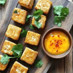 - 14 oz firm tofu, drained and pressed - 1 tablespoon soy sauce - 1 tablespoon cornstarch - 2 tablespoons olive oil - 1 teaspoon garlic powder - 1 teaspoon smoked paprika - ½ teaspoon black pepper - ½ teaspoon salt I love using firm tofu for this recipe. It holds its shape well and offers a great texture. The soy sauce adds a savory flavor that makes every bite tasty. Cornstarch is key for that perfect crunch. Olive oil helps everything cook evenly. - 1 ripe mango, diced - 1 red chili, finely chopped (adjust for spice preference) - 1 tablespoon lime juice - 1 teaspoon honey or maple syrup - Salt to taste The spicy mango sauce is a game changer. Ripe mango gives it a sweet base. Red chili adds heat, so you can adjust it to your liking. Lime juice brightens the flavors, while honey or maple syrup adds a touch of sweetness. - Air fryer - Mixing bowls - Cutting board - Knife - Blender or food processor - Measuring spoons You’ll need an air fryer for this recipe. It makes the tofu crispy without deep frying. Mixing bowls are great for marinating. A cutting board and knife are essential for prepping the tofu and mango. A blender or food processor helps create a smooth dipping sauce. Measuring spoons ensure you get the right amounts for each ingredient. For the full recipe, check the recipe section above. Enjoy making these tasty snacks! To start, you need to cut and drain the tofu. Use firm tofu for the best texture. First, press the tofu to remove excess water. Once drained, cut it into bite-sized cubes, about one inch each. This size helps it cook evenly and gives a nice crunch. Next, marinate the tofu. In a bowl, mix soy sauce, garlic powder, smoked paprika, black pepper, and salt. Add the tofu cubes and toss gently. Make sure each piece is coated well. Let it sit for 15 to 20 minutes. This helps the tofu absorb all the tasty flavors. After marinating, it’s time to coat the tofu. Sprinkle cornstarch over the marinated cubes. Toss them gently again until all sides are covered. The cornstarch is key for a crispy finish when air frying. Now, preheat your air fryer to 375°F (190°C). This step ensures even cooking and crispiness. While it heats, prepare your air fryer basket. Lightly coat it with olive oil spray. This helps prevent sticking and adds a bit of flavor. Arrange the tofu cubes in a single layer in the basket. Avoid overcrowding to allow hot air to circulate. Cook the tofu for 15 to 20 minutes. Shake the basket halfway through to ensure all sides get golden brown. While the tofu cooks, you can make the dipping sauce. In a blender, combine diced mango, red chili, lime juice, honey, and a pinch of salt. Blend until smooth. Taste the sauce and adjust the sweetness or salt as needed. This spicy mango dipping sauce pairs perfectly with the crispy tofu. The sweet and spicy flavors create a fun snack that everyone will love. Enjoy your homemade crispy tofu bites with this delicious dip! Tofu can be soft, but we want it crispy. Coating it in cornstarch is key. The cornstarch helps create a crunchy outer layer when air fried. It absorbs moisture and creates a nice crust. When placing tofu in the air fryer, don't overcrowd it. Spread the pieces out in one layer. This allows hot air to circulate around each piece. It helps them crisp up evenly for that perfect bite. You can boost the flavor of your tofu bites. Try adding herbs like thyme or rosemary. Spices such as cayenne pepper or cumin can also add depth. For marinating, 15-20 minutes is ideal. This allows the tofu to soak up the flavors. If you have more time, marinate for an hour or even overnight. The longer it sits, the more flavorful it becomes. These tofu bites can shine alongside many sides. Pair them with a fresh salad or crunchy veggies. You can also serve them with rice or quinoa for a full meal. For presentation, arrange the crispy tofu bites on a bright platter. Add fresh cilantro or mint leaves for color. Place the spicy mango dipping sauce in a small bowl in the center. This makes for an eye-catching display that will impress your guests. For the full recipe, check out the Crispy Tofu Bites with Spicy Mango Dipping Sauce. {{image_2}} You can use different types of tofu for this recipe. Firm tofu works best, but you can also try extra-firm tofu. Extra-firm tofu gives a denser bite and holds its shape well. Silken tofu is softer and does not crisp up like firm types. It is better for blending into sauces or soups. Dipping sauces can change the whole dish. I love spicy mango sauce, but peanut sauce adds a rich flavor. Tahini sauce is another great choice for a creamy texture. You can also adjust the spice level by adding more or fewer chilies. This way, you can make the sauce as mild or spicy as you like. If you don’t have an air fryer, you can still enjoy crispy tofu bites. Oven-baking is one method. Preheat your oven to 400°F (200°C). Place the coated tofu on a baking sheet and bake for 25-30 minutes, flipping halfway. Pan-frying is another option. Heat oil in a skillet and cook the tofu until golden brown. Each method will give you tasty tofu, but the texture may vary. For the complete recipe, check out the Full Recipe. To store leftover crispy tofu bites, use an airtight container. Glass containers work great. Keep your tofu in the fridge for up to three days. Make sure it cools completely before sealing. This keeps it fresh and ready for later. To reheat your crispy tofu, the air fryer is best. Set it to 350°F (175°C) for about 5-7 minutes. This keeps the tofu crispy. You can also use a skillet on medium heat. Just add a splash of oil and cook for a few minutes. This method helps maintain texture and flavor. You can freeze uncooked tofu bites. Just place them in a single layer on a baking sheet. Once frozen, transfer them to a freezer bag. For cooked tofu, let it cool first. Then, store in an airtight container. To thaw, move the tofu to the fridge overnight. This keeps the texture nice. Avoid microwaving directly from the freezer, as it can make it mushy. To get crispy tofu, follow these key steps: - Use firm tofu: Firm tofu holds its shape well and crisps nicely. - Press the tofu: Remove excess water by pressing it. This helps with crispiness. - Cut into small cubes: Aim for 1-inch pieces. Smaller pieces cook faster and get crispier. - Marinate before coating: Use soy sauce, garlic powder, and spices. Let it sit for 15-20 minutes. - Coat with cornstarch: Sprinkle cornstarch evenly over the marinated tofu. This gives it a crunchy crust. - Don’t overcrowd the air fryer: Arrange tofu in a single layer. This helps hot air circulate evenly. Yes, you can use frozen tofu. Freezing changes the texture, making it spongier. This means it absorbs marinades well. Here's what to know: - Thaw properly: Let it sit in the fridge overnight or use a microwave. - Press after thawing: Remove excess water like you would with fresh tofu. - Texture difference: Frozen tofu is softer and chewier, which some people love. Crispy tofu bites pair well with many dishes. Here are some great options: - Rice or quinoa: These grains complement the tofu's texture. - Salads: Add crispy tofu to a fresh green salad for extra protein. - Wraps: Use the tofu in a wrap with veggies and sauces. - Dipping sauces: Serve with spicy mango dipping sauce from the Full Recipe or try peanut sauce. - Veggies: Pair with steamed or roasted vegetables for a balanced meal. Tofu bites are simple and tasty. You need firm tofu, spices, and a few tools. I shared steps for preparing and cooking, plus a spicy mango dipping sauce. You can tweak flavors and try different sauces, too. Remember these tips for crispiness and flavor. Store leftovers well to enjoy later. With the right ingredients and methods, you can make yummy tofu bites at home. Enjoy experimenting with this dish!