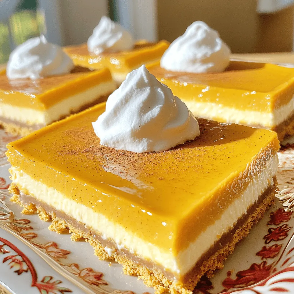 - 1 ½ cups graham cracker crumbs - ½ cup unsalted butter, melted - ½ cup pumpkin puree - 16 oz cream cheese, softened - 1 teaspoon ground cinnamon - 1 teaspoon pumpkin spice blend - 2 large eggs - 1 cup granulated sugar - Pinch of salt Graham cracker crumbs form the base of the crust. They give a nice crunch. Unsalted butter helps bind everything together. Melt it for easy mixing. Pumpkin puree adds that rich, warm flavor. It also gives the bars their lovely orange color. Cream cheese is key for that smooth, creamy filling. It makes everything taste rich. Ground cinnamon and pumpkin spice blend bring warmth and depth to each bite. Eggs help set the filling, giving it the right texture. Lastly, a pinch of salt balances the sweetness. - 2 tablespoons brown sugar - 1 teaspoon vanilla extract - Whipped cream for topping - Caramel drizzle for a sweet finish Brown sugar adds a hint of caramel flavor to the crust. Vanilla extract enhances the overall taste. For toppings, whipped cream can make it feel more special. A drizzle of caramel can add a sweet touch. Each of these options can take your bars to the next level. For the full recipe, check out the detailed instructions on how to make these delicious treats! First, preheat your oven to 350°F (175°C). This gets it hot and ready for baking. Next, you will mix the crust. In a medium bowl, combine 1 ½ cups of graham cracker crumbs, ½ cup of melted unsalted butter, 2 tablespoons of brown sugar, and 1 teaspoon of ground cinnamon. Stir it well until the crumbs are fully coated. Then, press this mixture firmly into the bottom of an 8x8-inch baking pan. This forms a tasty base for your bars. Bake the crust for 10 minutes, then take it out and let it cool slightly. Now, let’s make the filling. In a large bowl, beat 16 ounces of softened cream cheese with an electric mixer. Mix until it’s smooth and creamy. Then, add 1 cup of granulated sugar. Beat this together until well combined. Next, add ½ cup of pumpkin puree, 2 large eggs, 1 teaspoon of vanilla extract, and 1 teaspoon of pumpkin spice blend. Don’t forget a pinch of salt! Mix everything until the batter is smooth and fluffy. Pour your creamy pumpkin mixture over the cooled crust. Spread it evenly. Now, bake it in the preheated oven for 25-30 minutes. You will know it's done when the center is set but still jiggles a little. After baking, allow the cheesecake bars to cool at room temperature for about 1 hour. This step is key! Then, refrigerate the bars for at least 3 hours to set fully. Once chilled, lift the bars out of the pan using the parchment paper. Finally, cut them into squares to enjoy. For the full recipe, check the details above! To avoid cracks in your cheesecake, keep your oven temperature steady. Too much heat can cause the filling to rise and crack. When you bake, use a water bath for even heat. It helps the cheesecake cook slowly. Ensure the filling is smooth by mixing the cream cheese well. Beat it until creamy before adding other ingredients. Scrape the bowl often to mix evenly. This keeps lumps out of your filling. For serving suggestions, try a decorative platter to show off your bars. A sprinkle of extra pumpkin spice on top adds charm. You could also add a dollop of whipped cream for a fun touch. Choose a simple dish that highlights the bars. A white plate will make the colors pop. You can stack the bars for a beautiful display. For the full recipe, refer back to the details provided. Enjoy making these delicious treats! {{image_2}} You can make these pumpkin spice cheesecake bars even more fun. One way is by adding chocolate or caramel swirls. Just drizzle some melted chocolate or caramel on top of the cheesecake mixture before baking. Use a knife to swirl it in. This adds a rich flavor that many people love. Another option is to try alternative spice blends. Instead of pumpkin spice, you can use chai spice or apple pie spice. Both will give your bars a unique twist. Experiment with different blends to find what you like best. If you need gluten-free options, simply use gluten-free graham crackers. These taste just as good in the crust. You can also check for gluten-free flour blends if you want to make your own base. For dairy-free substitutions, use vegan cream cheese. Many brands offer good options that taste similar to regular cream cheese. You can also swap regular butter for a dairy-free version. This way, everyone can enjoy these delicious bars without worry. For the complete recipe, check out the Full Recipe section above and get started on your tasty adventure! To keep your pumpkin spice cheesecake bars fresh, use an airtight container. A glass or plastic container works well. Place a piece of parchment paper between layers if you stack them. This helps keep the bars from sticking together. Store them in the fridge. They stay good for about 5 days. You can freeze these bars for later enjoyment. To freeze, wrap each bar tightly in plastic wrap. Then, place them in a freezer-safe bag. Make sure to remove all air to avoid freezer burn. These bars can last up to three months in the freezer. When you're ready to eat, take them out and let them thaw in the fridge overnight. This helps keep the texture nice. If you thaw them at room temperature, the taste remains good, but the texture may change slightly. Enjoy your delicious bars anytime! For the full recipe, check the details above. Can I make these cheesecake bars ahead of time? Yes, you can make these bars a day in advance. They taste even better after chilling overnight. This allows the flavors to meld nicely. Just be sure to refrigerate them until you are ready to serve. What can I substitute for cream cheese? You can use Greek yogurt or silken tofu as a cream cheese substitute. These options can provide a similar creamy texture. Just note that the flavor may vary slightly. What drinks pair well with cheesecake? I recommend serving these bars with coffee, tea, or apple cider. Each drink enhances the pumpkin spice flavor. A sweet dessert wine can also be a nice touch. Can I use fresh pumpkin instead of canned? Yes, you can use fresh pumpkin puree. Just cook and mash the pumpkin before adding it to your mixture. This option gives a fresher taste but requires more prep time. Why did my cheesecake bars sink? Cheesecake bars may sink if they are overmixed or baked at too high a temperature. Be careful not to overbeat the filling. Always bake at the right temperature for the best results. How can I improve the texture? To improve texture, make sure your cream cheese is fully softened. This helps create a smooth batter. Mixing the filling at a low speed can also help prevent air bubbles. In this article, we explored how to make delicious Pumpkin Spice Cheesecake Bars. We covered key ingredients, including graham cracker crumbs and pumpkin puree. You learned step-by-step how to prepare the crust and cheesecake filling. We shared tips to avoid cracks and recommended serving ideas. With variations and storage info, you can customize your bars to suit your taste. Enjoy making these treats and impressing friends. Your kitchen is about to get cozy and delicious this fall!