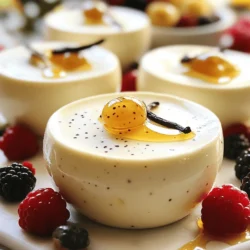 - 2 cups heavy cream - 1 cup whole milk - 1/2 cup granulated sugar The base of panna cotta is creamy and rich. Heavy cream gives it that smooth mouthfeel. Whole milk adds balance. Granulated sugar sweetens without being overpowering. - 1 tablespoon vanilla bean paste - Pinch of salt Vanilla bean paste is key here. It brings out a deep, rich flavor. A pinch of salt enhances all these tastes. Together, they create a delightful experience. - 2 1/4 teaspoons powdered gelatin - 3 tablespoons cold water Gelatin is essential for setting the panna cotta. It helps the dessert hold its shape. Blooming the gelatin in cold water is important. It ensures even mixing and a smooth texture. For the full recipe, check out Classic Vanilla Bean Panna Cotta. To start, you need to gather your main ingredients. In a medium saucepan, combine: - 2 cups heavy cream - 1 cup whole milk - 1/2 cup granulated sugar - 1 tablespoon vanilla bean paste - A pinch of salt Place the saucepan over medium heat. Stir gently until the sugar dissolves. You want the mixture to steam but not boil. Once the sugar has dissolved, remove the pan from the heat. The sweet, creamy mixture is the base of your panna cotta. Next, you will bloom the gelatin. In a small bowl, sprinkle 2 1/4 teaspoons of powdered gelatin over 3 tablespoons of cold water. Let it sit for about 5-10 minutes. This step allows the gelatin to absorb the water and swell. This is a key step for a smooth panna cotta. Now, it’s time to combine everything. Once the gelatin has bloomed, add it to the warm cream mixture. Stir continuously until the gelatin fully dissolves. Make sure there are no lumps. Let the mixture cool for about 10 minutes. Then, pour the panna cotta mixture evenly into dessert cups or molds. Cover them with plastic wrap and refrigerate for at least 4 hours or until set. For the full recipe, you can refer to the instructions I provided earlier. Enjoy your creamy and delicious panna cotta! To get the best panna cotta, cooling the mixture is key. After heating, let it sit for about 10 minutes. This helps the panna cotta set properly. If it’s too hot, the gelatin may not work well. Always make sure the gelatin is fully dissolved. If it’s lumpy, your dessert may not turn out smooth. When serving, think about garnishes! Fresh berries add color and flavor. A drizzle of honey gives a nice touch. Crushed nuts, like pistachios, can add a fun crunch. For a beautiful dessert, use clear cups. This lets the creamy layer shine through. You can even layer fruit puree for a pop of color. One big mistake is not measuring ingredients accurately. This can change the texture and taste. Use a scale or measuring cups for precision. Another mistake is skipping the cooling process. If you pour the mixture into cups too soon, it may not set correctly. Always cool the mixture first for the best results. {{image_2}} You can change up the classic vanilla bean panna cotta in fun ways. - Chocolate Panna Cotta: Add melted dark chocolate to the cream mixture. This will give you a rich, creamy taste. Use about 4 ounces of chocolate for a nice balance. Stir it in after dissolving the sugar. - Coffee-infused Panna Cotta: For a coffee twist, add espresso or strong coffee to the cream mix. About 1/2 cup of brewed coffee works well. It adds a bold flavor and a lovely aroma. If you want a dairy-free panna cotta, you have choices. - Using coconut milk: Replace heavy cream and milk with full-fat coconut milk. This makes a creamy, tropical dessert. The coconut flavor pairs well with vanilla. - Alternative sweeteners: Try using maple syrup or agave instead of sugar. This adds a unique taste and can suit different diets. Just adjust the amount based on sweetness. Seasonal flavors can add a special touch. - Berry-flavored Panna Cotta for summer: Blend fresh berries into the cream mixture. Strawberries, raspberries, or blueberries work great. This gives a refreshing taste and a pop of color. - Pumpkin Panna Cotta for fall: Mix in pumpkin puree and spices like cinnamon and nutmeg. This makes a cozy dessert perfect for autumn. Add about 1/2 cup of puree for the right flavor. For the full recipe, check out the Classic Vanilla Bean Panna Cotta. To keep your panna cotta fresh, always store it in the fridge. Place it in airtight containers or cover the cups tightly with plastic wrap. This helps prevent odors from other foods from seeping in. You can keep panna cotta in the fridge for up to four days. After that, the texture and flavor may start to change. While panna cotta is best fresh, you can freeze it. Just make sure to wrap it well in plastic wrap or place it in a freezer-safe container. This keeps the air out and prevents freezer burn. When you are ready to enjoy it again, take it out of the freezer and let it thaw in the fridge, not at room temperature. This helps maintain its silky texture. If you have leftover panna cotta, don’t let it go to waste! You can blend it into smoothies for a creamy treat or use it as a layer in parfaits. It also works well in trifles or as a topping for cakes. Get creative and mix it into other desserts for added flavor and texture. Panna Cotta is an Italian dessert that means "cooked cream." It has a smooth, creamy texture. This treat comes from the northern region of Italy. It is often flavored with vanilla, but you can use other flavors too. The beauty of panna cotta lies in its simplicity. With just a few ingredients, you create magic! Panna Cotta can last up to five days in the fridge. To keep it fresh, store it in an airtight container. Make sure you do not cover it too tightly, as it can trap moisture. If you see any changes in texture or smell, it's best to toss it. Yes, you can make panna cotta a day or two ahead of time. This dessert is perfect for parties or special occasions. Just allow it to chill in the fridge for at least four hours after making it. This gives it time to set properly. A perfectly set panna cotta will be firm but still slightly jiggle when you touch it. The top should look smooth and glossy. You can also test it by gently shaking the dish. If it holds its shape, you’re good to go! Yes, you can use agar-agar as a vegan option. Agar-agar sets more firmly than gelatin. You will need to adjust the amount. Use about half the amount of agar-agar compared to gelatin. It’s best to dissolve agar-agar in boiling water first. This ensures it mixes well with the cream. For this recipe, stick to the original for best results. Check the [Full Recipe] for more details. Classic vanilla bean panna cotta is simple to make with a few key ingredients. Heavy cream, whole milk, and sugar form the base, while vanilla bean paste adds rich flavor. Gelatin stabilizes the dessert, giving it the right texture. Follow the steps carefully, and avoid common mistakes for success. Feel free to try variations, or store and reuse leftovers creatively. Ultimately, panna cotta is a versatile dessert that impresses. With the right tips, you can master it and share your delicious results. Enjoy making it your own!