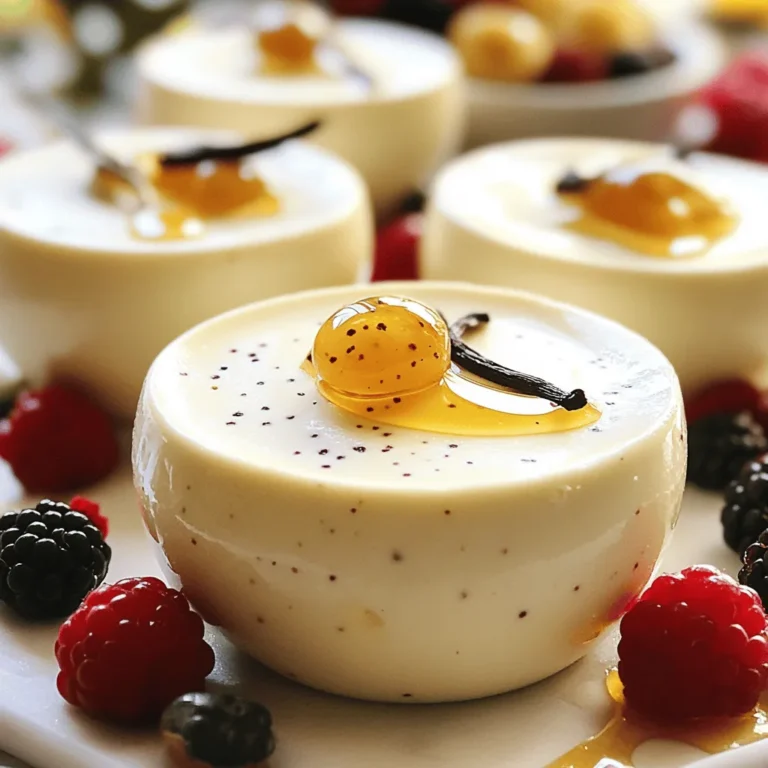 - 2 cups heavy cream - 1 cup whole milk - 1/2 cup granulated sugar The base of panna cotta is creamy and rich. Heavy cream gives it that smooth mouthfeel. Whole milk adds balance. Granulated sugar sweetens without being overpowering. - 1 tablespoon vanilla bean paste - Pinch of salt Vanilla bean paste is key here. It brings out a deep, rich flavor. A pinch of salt enhances all these tastes. Together, they create a delightful experience. - 2 1/4 teaspoons powdered gelatin - 3 tablespoons cold water Gelatin is essential for setting the panna cotta. It helps the dessert hold its shape. Blooming the gelatin in cold water is important. It ensures even mixing and a smooth texture. For the full recipe, check out Classic Vanilla Bean Panna Cotta. To start, you need to gather your main ingredients. In a medium saucepan, combine: - 2 cups heavy cream - 1 cup whole milk - 1/2 cup granulated sugar - 1 tablespoon vanilla bean paste - A pinch of salt Place the saucepan over medium heat. Stir gently until the sugar dissolves. You want the mixture to steam but not boil. Once the sugar has dissolved, remove the pan from the heat. The sweet, creamy mixture is the base of your panna cotta. Next, you will bloom the gelatin. In a small bowl, sprinkle 2 1/4 teaspoons of powdered gelatin over 3 tablespoons of cold water. Let it sit for about 5-10 minutes. This step allows the gelatin to absorb the water and swell. This is a key step for a smooth panna cotta. Now, it’s time to combine everything. Once the gelatin has bloomed, add it to the warm cream mixture. Stir continuously until the gelatin fully dissolves. Make sure there are no lumps. Let the mixture cool for about 10 minutes. Then, pour the panna cotta mixture evenly into dessert cups or molds. Cover them with plastic wrap and refrigerate for at least 4 hours or until set. For the full recipe, you can refer to the instructions I provided earlier. Enjoy your creamy and delicious panna cotta! To get the best panna cotta, cooling the mixture is key. After heating, let it sit for about 10 minutes. This helps the panna cotta set properly. If it’s too hot, the gelatin may not work well. Always make sure the gelatin is fully dissolved. If it’s lumpy, your dessert may not turn out smooth. When serving, think about garnishes! Fresh berries add color and flavor. A drizzle of honey gives a nice touch. Crushed nuts, like pistachios, can add a fun crunch. For a beautiful dessert, use clear cups. This lets the creamy layer shine through. You can even layer fruit puree for a pop of color. One big mistake is not measuring ingredients accurately. This can change the texture and taste. Use a scale or measuring cups for precision. Another mistake is skipping the cooling process. If you pour the mixture into cups too soon, it may not set correctly. Always cool the mixture first for the best results. {{image_2}} You can change up the classic vanilla bean panna cotta in fun ways. - Chocolate Panna Cotta: Add melted dark chocolate to the cream mixture. This will give you a rich, creamy taste. Use about 4 ounces of chocolate for a nice balance. Stir it in after dissolving the sugar. - Coffee-infused Panna Cotta: For a coffee twist, add espresso or strong coffee to the cream mix. About 1/2 cup of brewed coffee works well. It adds a bold flavor and a lovely aroma. If you want a dairy-free panna cotta, you have choices. - Using coconut milk: Replace heavy cream and milk with full-fat coconut milk. This makes a creamy, tropical dessert. The coconut flavor pairs well with vanilla. - Alternative sweeteners: Try using maple syrup or agave instead of sugar. This adds a unique taste and can suit different diets. Just adjust the amount based on sweetness. Seasonal flavors can add a special touch. - Berry-flavored Panna Cotta for summer: Blend fresh berries into the cream mixture. Strawberries, raspberries, or blueberries work great. This gives a refreshing taste and a pop of color. - Pumpkin Panna Cotta for fall: Mix in pumpkin puree and spices like cinnamon and nutmeg. This makes a cozy dessert perfect for autumn. Add about 1/2 cup of puree for the right flavor. For the full recipe, check out the Classic Vanilla Bean Panna Cotta. To keep your panna cotta fresh, always store it in the fridge. Place it in airtight containers or cover the cups tightly with plastic wrap. This helps prevent odors from other foods from seeping in. You can keep panna cotta in the fridge for up to four days. After that, the texture and flavor may start to change. While panna cotta is best fresh, you can freeze it. Just make sure to wrap it well in plastic wrap or place it in a freezer-safe container. This keeps the air out and prevents freezer burn. When you are ready to enjoy it again, take it out of the freezer and let it thaw in the fridge, not at room temperature. This helps maintain its silky texture. If you have leftover panna cotta, don’t let it go to waste! You can blend it into smoothies for a creamy treat or use it as a layer in parfaits. It also works well in trifles or as a topping for cakes. Get creative and mix it into other desserts for added flavor and texture. Panna Cotta is an Italian dessert that means "cooked cream." It has a smooth, creamy texture. This treat comes from the northern region of Italy. It is often flavored with vanilla, but you can use other flavors too. The beauty of panna cotta lies in its simplicity. With just a few ingredients, you create magic! Panna Cotta can last up to five days in the fridge. To keep it fresh, store it in an airtight container. Make sure you do not cover it too tightly, as it can trap moisture. If you see any changes in texture or smell, it's best to toss it. Yes, you can make panna cotta a day or two ahead of time. This dessert is perfect for parties or special occasions. Just allow it to chill in the fridge for at least four hours after making it. This gives it time to set properly. A perfectly set panna cotta will be firm but still slightly jiggle when you touch it. The top should look smooth and glossy. You can also test it by gently shaking the dish. If it holds its shape, you’re good to go! Yes, you can use agar-agar as a vegan option. Agar-agar sets more firmly than gelatin. You will need to adjust the amount. Use about half the amount of agar-agar compared to gelatin. It’s best to dissolve agar-agar in boiling water first. This ensures it mixes well with the cream. For this recipe, stick to the original for best results. Check the [Full Recipe] for more details. Classic vanilla bean panna cotta is simple to make with a few key ingredients. Heavy cream, whole milk, and sugar form the base, while vanilla bean paste adds rich flavor. Gelatin stabilizes the dessert, giving it the right texture. Follow the steps carefully, and avoid common mistakes for success. Feel free to try variations, or store and reuse leftovers creatively. Ultimately, panna cotta is a versatile dessert that impresses. With the right tips, you can master it and share your delicious results. Enjoy making it your own!