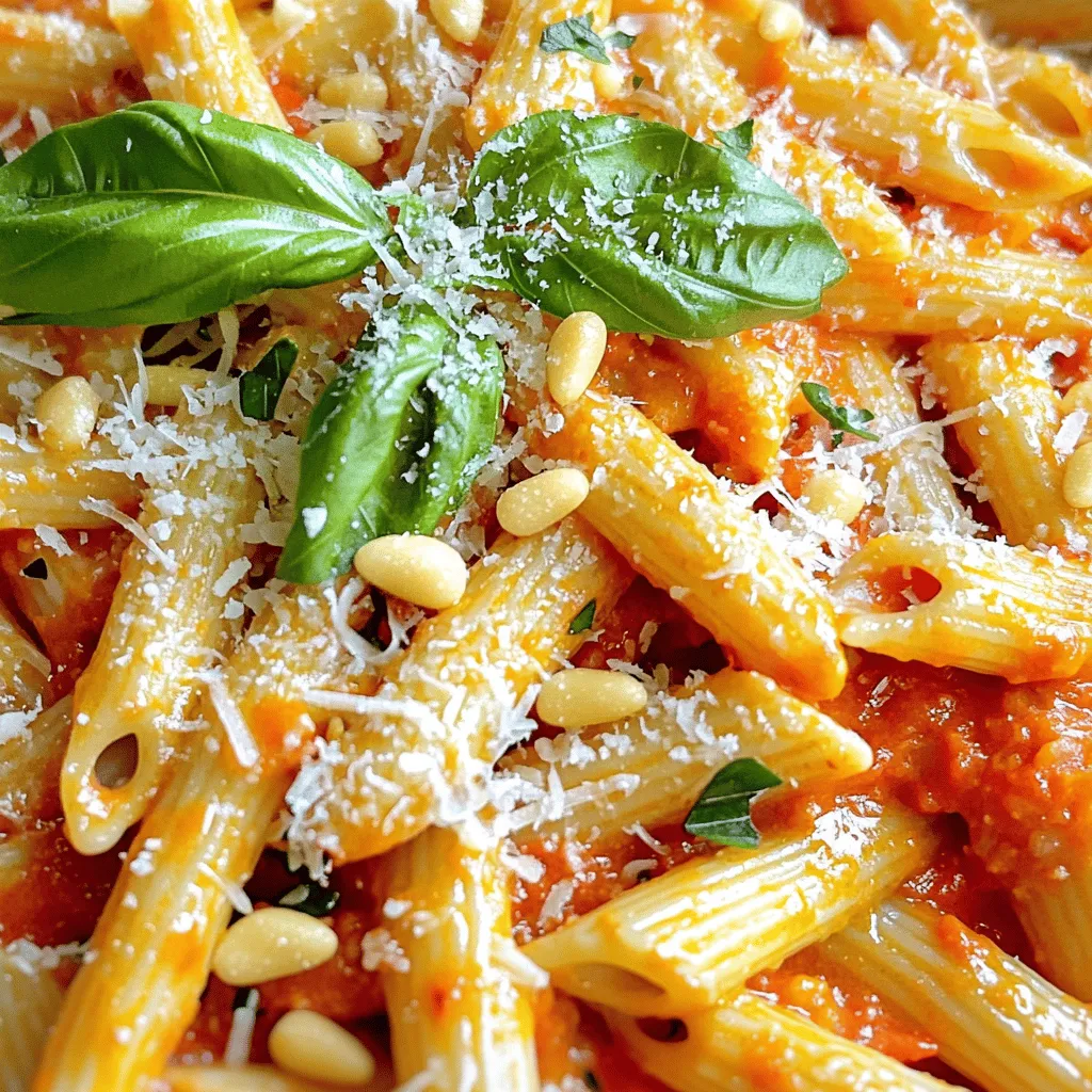To make this roasted red pepper pasta, gather these ingredients: - 3 large red bell peppers - 3 cups cooked pasta (penne or fusilli recommended) - 1/4 cup olive oil - 2 cloves garlic, minced - 1 teaspoon red pepper flakes (adjust for spice preference) - 1/2 cup heavy cream or coconut cream for a vegan option - 1/2 cup grated Parmesan cheese or nutritional yeast for a vegan option - Salt and black pepper to taste - Fresh basil leaves, chopped (for garnish) - Toasted pine nuts (optional, for garnish) You can easily change some ingredients to fit your needs: - For gluten-free: Use gluten-free pasta. - For dairy-free: Swap heavy cream with coconut cream and Parmesan with nutritional yeast. - For vegan: Follow the dairy-free options above. - For low-carb: Try zucchini noodles or spaghetti squash instead of pasta. To make this recipe, I recommend these tools: - A sharp knife for cutting peppers - A baking sheet for roasting - A blender or food processor for the sauce - A large pot for cooking pasta - A mixing spoon for combining everything With these ingredients and tools, you're all set to create a delicious roasted red pepper pasta. Check out the [Full Recipe] for detailed steps! Roasting red peppers is easy and quick. Start by preheating your oven to 425°F (220°C). Take three large red bell peppers and cut them in half. Remove the seeds and membranes. Place the peppers cut-side down on a baking sheet. Roast them for about 25 to 30 minutes. Watch for the skins to blister and blacken. Once done, take them out and let them cool for a bit. After cooling, peel off the skins. This step gives your dish a sweet, smoky flavor. While your peppers roast, cook the pasta. Use penne or fusilli for best results. Boil water in a large pot and add salt. Once boiling, add three cups of pasta. Cook according to the package instructions until it's al dente. This usually takes about 8 to 10 minutes. Drain the pasta and set it aside. The pasta should be firm, as it will cook a bit more when you mix it with the sauce. Now it's time to bring it all together. In a blender or food processor, add the peeled roasted peppers. Include two minced garlic cloves, a quarter cup of olive oil, and one teaspoon of red pepper flakes. Pour in half a cup of heavy cream or coconut cream. Blend until it's smooth and creamy. In a large pot, combine the cooked pasta with the roasted red pepper sauce. Stir well to coat every piece. Add half a cup of grated Parmesan cheese or nutritional yeast for a vegan choice. Mix until melted. Adjust seasoning with salt and black pepper. Serve warm, garnished with fresh basil and toasted pine nuts if you like. Enjoy your meal! For the full recipe, check out the details above. To get the best sauce, blend the roasted peppers until smooth. If the sauce is too thick, add a splash of pasta water. This method makes the sauce creamy and helps it stick to the pasta. For a richer taste, use heavy cream or coconut cream, depending on your choice. I love adding red pepper flakes for heat. Start with a teaspoon and taste the sauce. If you want more spice, add a bit more. If you prefer it milder, cut back on the flakes. You can also use black pepper for a different flavor. Serve the pasta in a large bowl for family-style dining. Sprinkle fresh basil on top for color. For a fancy touch, add toasted pine nuts. They give a nice crunch and a nutty taste. A drizzle of olive oil can also make the dish shine. Enjoy this Roasted Red Pepper Pasta with a side salad for a complete meal! Check out the Full Recipe to make this dish even easier. {{image_2}} You can easily make this dish vegan. Just swap heavy cream with coconut cream. For cheese, use nutritional yeast instead of Parmesan. This keeps the creamy taste without dairy. You'll still enjoy a rich flavor, and it stays plant-based. Want to add more to your pasta? You can include proteins like chicken, shrimp, or tofu. These options boost the meal's nutrition. You can also add veggies like spinach, mushrooms, or zucchini. They add color and crunch to your dish. While penne and fusilli are great choices, feel free to use any pasta. Spaghetti, rigatoni, or gluten-free options work well too. Just remember to adjust the cooking time based on the pasta you choose. This way, you can enjoy Roasted Red Pepper Pasta your way. For the complete recipe, check out the Full Recipe. After you enjoy your Roasted Red Pepper Pasta, store the leftovers in an airtight container. Make sure to let the pasta cool first. This helps keep the pasta fresh and prevents moisture build-up. You can keep it in the fridge for up to three days. If you want to enjoy it later, consider freezing it. To reheat your Roasted Red Pepper Pasta, you can use a stovetop or microwave. For the stovetop, add a splash of water or olive oil to a pan. Heat on low, stirring often, until warm. If you use the microwave, place it in a bowl. Cover it with a damp paper towel and heat in short bursts, stirring in between. This helps keep the pasta moist. Freezing Roasted Red Pepper Pasta is easy! First, let it cool completely. Then, portion the pasta into freezer-safe bags or containers. Squeeze out any air to avoid freezer burn. Label with the date and freeze for up to three months. When you’re ready to eat, thaw it overnight in the fridge before reheating. This way, you can enjoy a quick meal anytime! For the complete recipe, check the Full Recipe. Leftover roasted red peppers are a treasure! You can add them to salads for extra flavor. They work great in sandwiches too. Chop them up and mix them into dips or spreads. You can even toss them in an omelet for a tasty breakfast. Try blending them into soups for a rich taste. The options are endless! Yes, you can! Make the sauce a day before serving. Store it in the fridge in an airtight container. Just cook the pasta fresh when you're ready to eat. You can also mix everything and keep it in the fridge. Just remember to reheat gently, so the pasta doesn't get mushy. To serve more people, simply double or triple the ingredients. Use six or nine red peppers for larger amounts. Increase the pasta, sauce, and cheese accordingly. Keep the cooking time the same, but check that everything is heated through. This way, you can enjoy your dish with family and friends! For the full recipe, check out the complete guide. We explored the ingredients needed for roasted red pepper pasta and dietary substitutions. I shared tools that make cooking easier and gave step-by-step instructions for roasting peppers and cooking pasta. You learned tips for the perfect sauce and presentation, plus variations to suit your taste. We also covered storage and reheating, ensuring you can enjoy your dish later. This pasta is simple to make, tasty, and fun to customize. Enjoy making it your own!