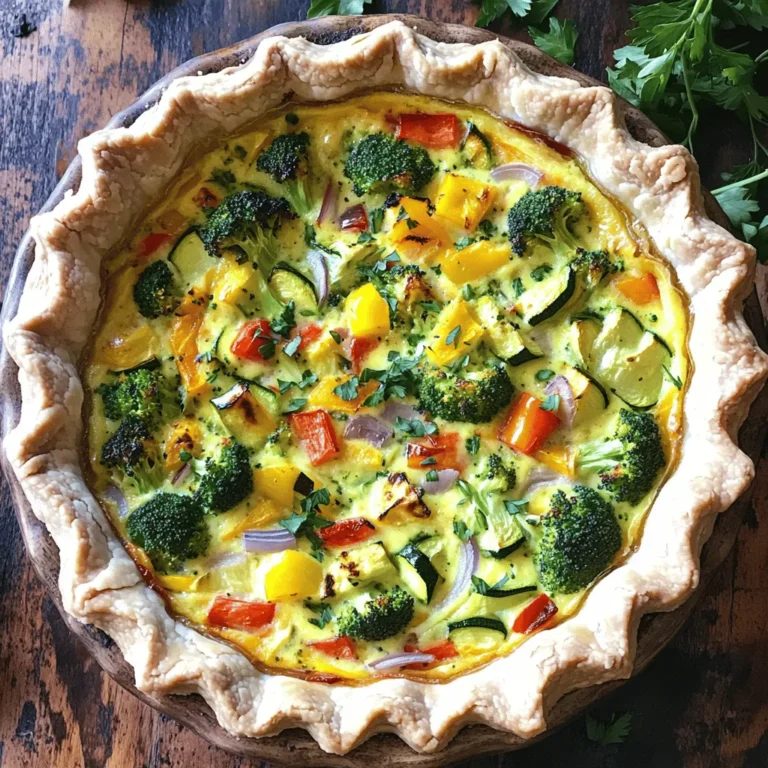 To make a great roasted veggie quiche, you will need some key items. Here’s what you should gather: - 1 pre-made pie crust (store-bought or homemade) - 1 cup broccoli florets - 1 bell pepper (red or yellow), diced - 1 small zucchini, diced - 1 small red onion, sliced - 3 large eggs - 1 cup milk (or a non-dairy alternative) - 1 cup shredded cheese (such as cheddar or feta) These ingredients bring a nice mix of flavors and textures. The pie crust holds everything together, while the veggies add color and taste. Eggs and milk create a rich filling that binds it all. Seasonings are key for adding flavor. Here are the must-haves: - 1 teaspoon garlic powder - 1 teaspoon dried thyme - Salt and pepper to taste - Fresh herbs (like parsley or chives) for garnish Garlic powder and thyme give warmth to the quiche. Salt and pepper bring out the taste of the veggies. Fresh herbs on top add a bright touch. You can find the full recipe to help you get started on this tasty dish! First, preheat your oven to 400°F (200°C). This step is key to getting those veggies nice and roasted. Next, take your mixed veggies: broccoli, bell pepper, zucchini, and red onion. Toss them in a bowl with olive oil, garlic powder, salt, and pepper. Make sure each piece is coated well. Spread them out evenly on a baking sheet. Roast them for about 20 minutes, or until they turn soft and slightly caramelized. While the veggies roast, grab your pre-made pie crust. Place it in a 9-inch pie dish. Pre-bake the crust for about 10 minutes. Look for a light golden color to know it’s ready. To keep the crust from shrinking or puffing, use pie weights or dry beans. Line the crust with parchment paper before adding the weights. This helps keep its shape during baking. In a large bowl, whisk together three large eggs and one cup of milk. You can use a non-dairy milk if you prefer. Add a pinch of salt and pepper to the mix. Once your veggies are done roasting, let them cool for just a bit. Add the roasted veggies to the egg and milk mixture. Stir in one cup of shredded cheese, like cheddar or feta, until everything is well combined. Now it’s time to fill the crust. Pour your veggie and egg mixture into the pre-baked pie crust. Spread it evenly for the best bake. Reduce the oven temperature to 350°F (175°C) and bake for 35 to 40 minutes. Look for the quiche to be set and lightly golden on top. Once done, let it cool for about 10 minutes before slicing. Enjoy your Roasted Veggie Quiche as a tasty and wholesome dish! For the full recipe, check out the details above. To make a fluffy quiche, pay attention to your egg and milk mix. Use three eggs for a perfect texture. Adding one cup of milk helps create a creamy filling. You can use whole milk or a non-dairy choice based on your taste. Cooling the quiche before slicing is key. If you slice it too soon, it may fall apart. Wait about ten minutes after baking. This small step makes a big difference in how it looks and tastes. To boost flavor, try adding fresh herbs like parsley or chives. You can also sprinkle in spices, such as paprika or cumin, for a fun twist. Cheese can change the whole dish. Cheddar adds sharpness, while feta brings a creamy bite. You can mix cheeses for a deeper taste. Want to add more veggies? Spinach or artichokes blend well with the roasted mix. Just chop them up and add them to your egg mix. Overcooking makes your quiche dry and tough. Keep an eye on it while baking. It should be set but still slightly jiggly in the center. A soggy crust is a common issue. To avoid this, pre-bake the crust for about ten minutes. Use a fork to poke holes in it before baking. This helps steam escape, keeping it crisp. For the full recipe, check out the Roasted Veggie Quiche section. {{image_2}} You can easily adjust the Roasted Veggie Quiche to fit your diet. For those needing a gluten-free option, use a gluten-free pie crust. Many stores offer great choices. You can also make a crustless quiche by skipping the pie crust altogether. Just pour the filling into a greased baking dish. If you follow a vegan diet, you can swap the eggs for egg substitutes. Silken tofu or chickpea flour mixed with water works well. These options give you a similar texture without using eggs. Use a non-dairy milk, like almond or oat milk, for the liquid. The beauty of this quiche lies in its versatility. You can change the vegetables based on the season. In spring, use fresh asparagus and peas. In the fall, roasted sweet potatoes and kale shine. If you enjoy meat, consider adding ham or crispy bacon. These add a savory depth to the quiche. You can mix and match your favorite veggies and meats for a unique flavor every time. Cheese can change your quiche's taste dramatically. Feta cheese adds a tangy bite, while goat cheese brings creaminess. If you want a dairy-free option, look for plant-based cheeses. Combining cheeses can also enhance flavor. Try mixing sharp cheddar with creamy mozzarella for a well-rounded taste. Each cheese brings its own character to the dish, making it even more enjoyable. For the complete instructions on making this dish, refer to the Full Recipe. To keep your Roasted Veggie Quiche fresh, store it in the fridge. Wrap it tightly in plastic wrap or place it in an airtight container. This will help prevent it from drying out. The quiche lasts for about three to four days in the fridge. If you keep it sealed well, it will stay tasty and safe to eat. Freezing quiche is easy and great for meal prep. Start by letting the quiche cool completely. Then, slice it into portions. Wrap each slice in plastic wrap, and place them in a freezer-safe bag. Squeeze out any air before sealing. This helps keep the quiche’s flavor and texture. To reheat, bake the slices in a 350°F oven for 15-20 minutes. Check that the center is hot before serving. Pair your Roasted Veggie Quiche with a light salad or fresh fruit. A side of roasted potatoes or sautéed greens also works well. You can serve it whole or cut it into slices for easy sharing. For a fun twist, turn your slices into mini quiches by using muffin tins for smaller portions. This adds a creative flair to your meal. To make a crustless quiche, you need a baking dish. Grease the dish with oil or butter. Whisk together eggs and milk in a bowl. Add in your roasted veggies and cheese. Pour this mix into the greased dish. Bake at 350°F (175°C) for about 35-40 minutes. Check if it’s set in the center. This method keeps your quiche light and tasty. Yes, you can use frozen vegetables. However, you should thaw and drain them first. Frozen veggies often have extra water, which can make the quiche soggy. Pre-cooked frozen vegetables are great, but fresh ones give better flavor and texture. Roasting fresh veggies enhances their taste. You can use many options for dairy. Almond milk, soy milk, or oat milk work well. For cheese, try nut-based cheese or tofu. Nutritional yeast adds a cheesy flavor without dairy. These alternatives keep the quiche creamy and delicious without using milk. Baking the quiche takes about 35-40 minutes. You should preheat your oven to 400°F (200°C) first. The total time from prep to bake is about one hour. This includes 15 minutes for prep and 10 minutes for pre-baking the crust. Yes, you can make this quiche ahead of time. Prepare it fully and store it in the fridge. It lasts for about three days. For best results, reheat it in the oven. This keeps the crust crisp and the filling warm. You can also freeze it for later. Just wrap it well to prevent freezer burn. Check the Full Recipe for more tips! Roasted Veggie Quiche is simple and tasty. You learned about key ingredients, like eggs and veggies, and how to prepare them. I shared tips to avoid mistakes and improve flavor. You can even modify the recipe for different diets. As you make this dish, remember to enjoy the process. Each quiche can be unique, just like your taste. Happy cooking!