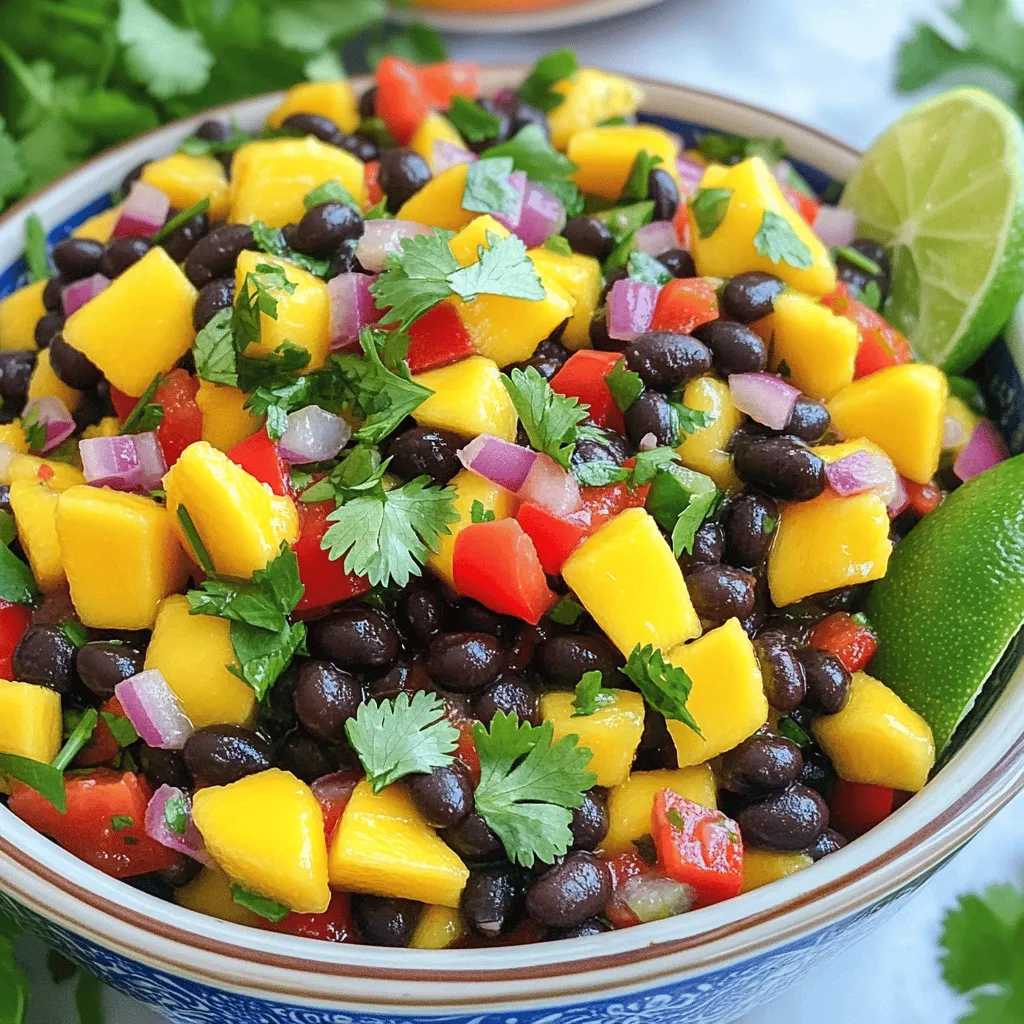 To make Mango Black Bean Salsa, you need: - 1 ripe mango, diced - 1 can (15 oz) black beans, rinsed and drained - 1 red bell pepper, diced - 1/2 medium red onion, finely chopped - 1 jalapeño, deseeded and minced - 1/4 cup fresh cilantro, chopped - 2 tablespoons lime juice - 1 tablespoon honey (optional for sweetness) - Salt and pepper to taste Using fresh ingredients gives the best flavor. Fresh mango adds sweetness and a nice texture. Canned black beans are fine. They save time and still taste great. Rinsing them helps remove extra salt and makes them healthier. Use fresh lime juice for zing. It brightens the dish. You can use fresh cilantro for a fresh feel. Fresh bell peppers add crunch and color. You can swap some ingredients if needed. If you can’t find ripe mango, use pineapple or peach. They both add sweetness. For black beans, try pinto beans or chickpeas. If you want less heat, skip the jalapeño or use a mild pepper. Don’t have lime juice? Lemon juice works too, but it tastes different. If you want a touch of sweetness, maple syrup can replace honey. Adjust the salsa to fit your taste and what you have at home. For the full recipe, check out the section on Step-by-Step Instructions. To start, gather all your ingredients. Freshness matters, so use ripe mangoes and fresh herbs. Here’s what you need: - 1 ripe mango, diced - 1 can (15 oz) black beans, rinsed and drained - 1 red bell pepper, diced - 1/2 medium red onion, finely chopped - 1 jalapeño, deseeded and minced - 1/4 cup fresh cilantro, chopped - 2 tablespoons lime juice - 1 tablespoon honey (optional for sweetness) - Salt and pepper to taste Make sure to dice the mango and bell pepper into small pieces. This helps each bite bring all flavors together. If you want less heat, remove the seeds from the jalapeño. In a large mixing bowl, add the diced mango, black beans, red bell pepper, red onion, jalapeño, and chopped cilantro. This is where the magic begins! In a small bowl, whisk together the lime juice and honey, if you choose to use it. Drizzle this mixture over the salsa ingredients. Now, season the mix with salt and pepper to taste. Don’t hold back—seasoning is key! Gently toss everything together until it is well mixed. Be careful not to mash the mango too much. Let your salsa sit for at least 15 minutes before serving. This waiting time helps the flavors meld together. Taste it after the wait and adjust the salt and pepper as needed. If it needs a little sweetness, add more honey. Remember, the balance between sweet, spicy, and tangy makes this salsa special. For full details on making this dish, check out the Full Recipe. Enjoy your fresh and colorful Mango Black Bean Salsa! To boost the flavor, use ripe mango. A ripe mango is sweet and juicy. You can add more lime juice for a zesty kick. Adjust salt and pepper to balance the taste. If you like heat, include more jalapeño. For extra sweetness, add honey. This makes the salsa shine. Serve the salsa cold or at room temperature. Chill it in the fridge for 30 minutes. This helps the flavors mix well. If you serve it warm, enjoy it with grilled dishes. The warmth of the food brings out the salsa's taste. Make your salsa look great! Use a bright bowl to catch the eye. Garnish with extra cilantro on top. Add a lime wedge on the side for color. You can also serve it with tortilla chips. Place chips around the bowl for a fun touch. For a twist, use it as a topping for grilled chicken or fish. This makes every dish pop with color. {{image_2}} You can make this salsa spicy by adding more jalapeño. Use one or two extra peppers, or leave the seeds in for heat. You can also add a dash of hot sauce for extra flavor. This spicy twist adds a great kick, perfect for those who love heat. Mix it up with other fruits for a tropical twist. Try adding diced pineapple, kiwi, or papaya. These fruits bring sweetness and a fun texture. The combination of mango and these fruits creates a refreshing salsa that brightens any meal. For a creamy touch, add diced avocado to the salsa. The rich, buttery taste of avocado pairs well with the mango. This enhances the flavor and gives a nice texture. Just be sure to add the avocado right before serving to keep it fresh. By exploring these variations, you can make your Mango Black Bean Salsa even more exciting. You can find the full recipe [here](#). To keep your mango black bean salsa fresh, store it in an airtight container. Make sure to press out any air before sealing. This keeps the salsa from browning. If you have leftover salsa, always refrigerate it right away. Avoid leaving it out for long periods. When stored properly, your salsa lasts about 3 to 5 days in the fridge. After that, the flavors may fade. You might notice the mango getting mushy or the beans losing their crunch. If you see any signs of spoilage, it’s best to toss it out. You can freeze mango black bean salsa for later use. It will keep in the freezer for about 2 to 3 months. To freeze, use a freezer-safe container. Leave some space at the top for expansion. When ready to eat, thaw it in the fridge overnight. The texture may change a bit, but the taste remains tasty! For the full recipe, check out the complete guide. Yes, you can prepare this salsa ahead of time. It tastes even better after chilling. I recommend making it a few hours before serving. Let the flavors mix in the fridge. Cover the bowl tightly with plastic wrap. This helps keep it fresh. Mango Black Bean Salsa is very versatile. You can serve it with tortilla chips for a snack. It also pairs well with grilled chicken or fish. Try it on tacos or as a topping on rice. This salsa adds a tasty twist to many dishes. Select a ripe mango for the best flavor. Look for a mango that feels slightly soft when you squeeze it. It should have a sweet smell near the stem. The skin can be green or yellow, but it should have a bit of red. Avoid mangos with dark spots or wrinkles. A fresh mango will make your salsa shine. For the complete recipe, check out the [Full Recipe]. This blog post covered how to make delicious Mango Black Bean Salsa. We talked about key ingredients, fresh versus canned choices, and substitutions. You learned the steps for mixing and balancing flavors. I shared tips for enhancing taste and serving ideas. We explored fun variations and best storage methods too. In conclusion, this salsa recipe is simple and flexible. You can adapt it to your taste. Enjoy experimenting with different flavors and ingredients. Your next gathering will be a hit with this fresh dish!