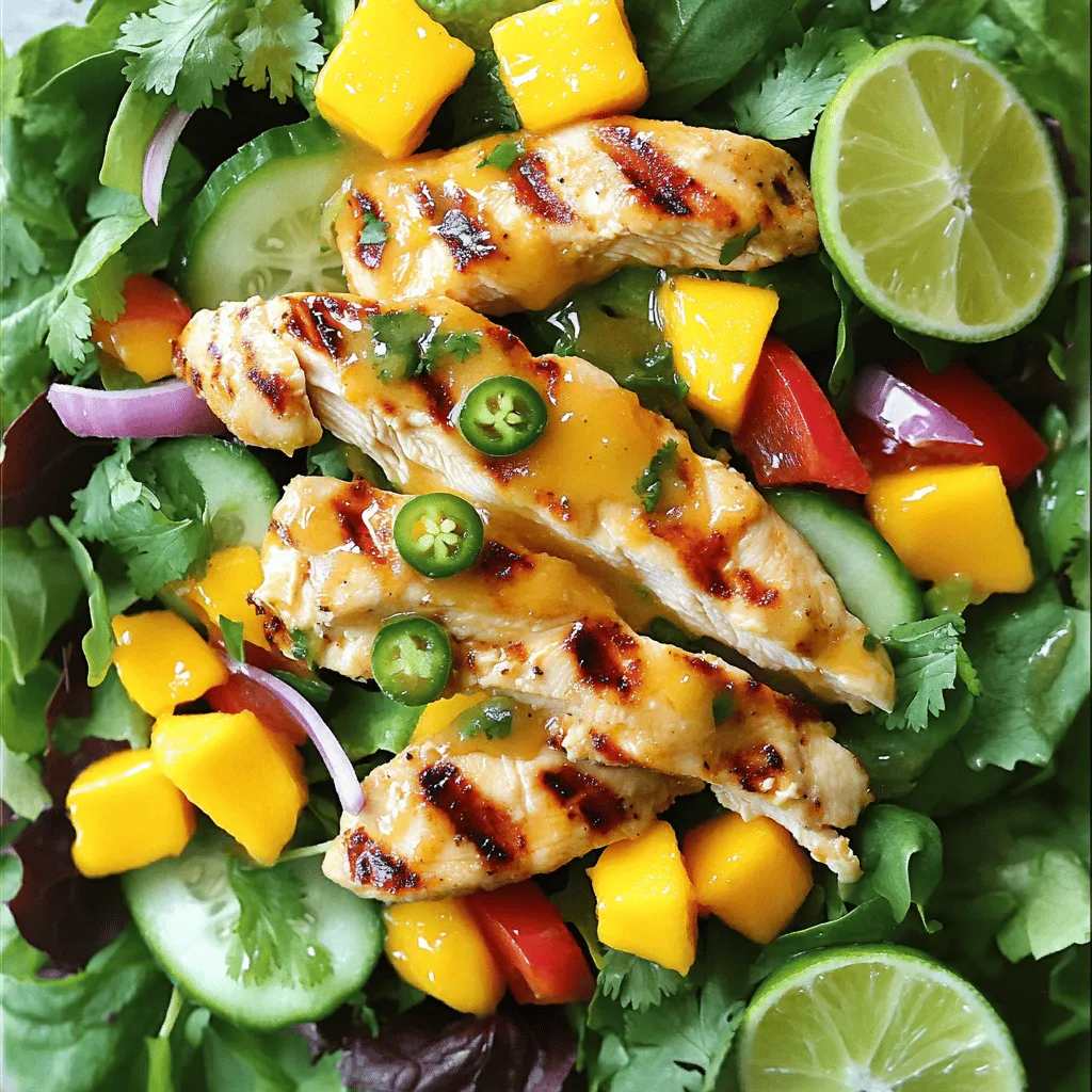 To make the spicy mango chicken salad, you need: - 2 chicken breasts, grilled and sliced - 1 ripe mango, diced - 1 red bell pepper, diced - 1/2 cup cucumber, diced - 1/4 cup red onion, thinly sliced - 1 jalapeño, deseeded and minced - 2 tablespoons fresh cilantro, chopped - 1 tablespoon honey - 3 tablespoons lime juice - 2 tablespoons olive oil - Salt and pepper to taste - Mixed salad greens (e.g., arugula, spinach, or romaine) You can add extra ingredients to make this salad even better: - Avocado for creaminess - Toasted nuts like almonds or cashews for crunch - A sprinkle of feta cheese for a salty kick - A dash of hot sauce for more heat These additions can elevate the taste and texture of your salad. If you have dietary needs, you can make easy swaps: - Use grilled tofu instead of chicken for a plant-based option. - Swap honey for agave syrup if you need a vegan choice. - Try lime zest instead of lime juice for a more intense flavor. - Use gluten-free dressing if you are sensitive to gluten. These substitutions help make the salad fit your needs while keeping it tasty. For the full recipe, check out the detailed instructions to guide your cooking. Start by grilling the chicken. Season the chicken breasts with salt and pepper. Heat your grill to medium. Grill the chicken for 6-7 minutes on each side. Check that it’s fully cooked inside. Once done, allow the chicken to rest for a few minutes. This keeps it juicy. After resting, slice the chicken into strips. Next, mix the salad. Take a large bowl and add your diced mango, red bell pepper, cucumber, red onion, jalapeño, and cilantro. Toss all the ingredients gently. This helps blend the flavors well. Now, make the dressing. In a small bowl, combine honey, lime juice, olive oil, salt, and pepper. Whisk it until everything blends smoothly. This dressing adds a zesty kick to your salad. To ensure perfect grilled chicken, use fresh, high-quality meat. Always preheat your grill. This helps the chicken cook evenly. Don’t flip the chicken too often. Let it sear for a good crust. A meat thermometer can help. Aim for an internal temperature of 165°F. This guarantees it’s safe to eat. Allow the chicken to rest after grilling. This step is vital for juicy chicken. If you slice it too soon, the juices run out. Once your chicken is grilled and sliced, add it to the salad mix. Drizzle the dressing over the salad. Toss everything gently to coat. Be careful not to mash the ingredients. Finally, serve your salad on a plate with a bed of mixed greens. Garnish with extra cilantro and lime wedges. This adds color and flavor to your dish. Enjoy your Spicy Mango Chicken Salad full of flavor and freshness! For the complete steps, check the Full Recipe. When picking a mango, look for one that feels slightly soft. It should have a sweet smell at the stem. The skin should be mostly yellow or orange, not green. Avoid mangoes with dark spots or wrinkles. A ripe mango will add the best flavor to your salad. Many people cut mangoes the wrong way. Always slice along the pit for the best pieces. Don’t use unripe mangoes. They will taste sour and hard. Also, be careful with the jalapeño. If you want less heat, remove all the seeds and ribs. To save time, grill the chicken ahead of time. Store it in the fridge for up to three days. You can also chop the veggies and mango in advance. Keep them in airtight containers. When you’re ready to eat, just mix everything together. This makes your spicy mango chicken salad quick and easy to enjoy! For the full recipe, check the detailed instructions. {{image_2}} You can easily make this salad vegetarian or vegan. For a vegetarian version, swap the chicken for grilled tofu. Use the same grilling method. Tofu absorbs flavors well and adds protein. For a vegan dish, use plant-based honey or agave syrup in the dressing. You can switch up the fruits in this salad. Consider adding pineapple for a tropical twist. Strawberries or kiwi can also brighten the flavor. Each fruit gives a new taste and adds color. Just remember to keep the mango for that sweet kick. If you like heat, use more jalapeño or add a dash of hot sauce. For a milder salad, skip the jalapeño. You can also use bell peppers for crunch without the spice. Adjusting the spice level makes this salad perfect for everyone. Store your Spicy Mango Chicken Salad in an airtight container. This keeps it fresh and safe. If you pack it well, it can last longer. Make sure to keep the salad separate from the dressing if possible. This helps prevent sogginess. You can store the salad in the fridge for easy access. When stored properly, your salad will stay good for about three days. After that, the chicken may dry out. The mango may also lose its crunch. Always check for any signs of spoilage before eating. If it smells off or looks strange, it’s best to toss it. Freezing this salad is not recommended. The texture of the mango and chicken changes when thawed. However, you can freeze the chicken separately. Grill extra chicken and slice it up. Store it in a freezer-safe bag for up to three months. This way, you can easily add it to fresh salads later. For the best taste, use fresh ingredients when making your salad. You can find the full recipe in the main article. Yes, you can use pre-cooked chicken. This saves time and makes cooking easy. Just chop it into strips. If you prefer, you can warm it up before adding it to the salad. This salad is all about fresh flavors, so pre-cooked chicken works well. To add more heat, try these tips: - Use more jalapeño. Leave some seeds in for extra spice. - Add a pinch of cayenne pepper to the dressing. - Include sliced hot peppers on top when serving. - Serve with a spicy sauce, like sriracha, on the side. Feel free to adjust the spice level to match your taste! This salad pairs well with several sides. Here are some ideas: - Serve with warm, crusty bread for a comforting meal. - Pair with tortilla chips and guacamole for a fun crunch. - A side of rice or quinoa adds substance to the meal. - Fresh fruit or a light soup makes a nice balance. These options keep the meal fresh while enhancing the salad's flavors. For the complete recipe, check out the Full Recipe. This blog post covered everything you need for Spicy Mango Chicken Salad. We discussed key ingredients and options to boost flavor. I shared tips for grilling chicken and mixing the salad. We also explored how to choose the perfect mango and avoid common mistakes. In the end, enjoy this recipe your way. Whether you like it spicy or mild, there's a variation for you. Remember to store leftovers properly to keep your meal fresh. Dive in and get creative with your salad!