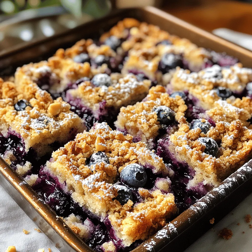 For tasty blueberry crumble bars, you need fresh and simple ingredients. Here’s what to gather: - 2 cups fresh blueberries - 1 cup rolled oats - 1 cup all-purpose flour - 1/2 cup brown sugar - 1/2 cup unsalted butter, melted - 1/4 cup honey - 1 teaspoon vanilla extract - 1/2 teaspoon cinnamon - 1/4 teaspoon salt - 1/2 cup chopped nuts (optional) These ingredients come together to create a sweet and satisfying treat. Fresh blueberries add flavor and nutrition. The oats and flour build the right base. Brown sugar gives a warm sweetness. Honey and vanilla add depth. Cinnamon and salt enhance all the flavors. You can also add nuts for a nice crunch. To make it easy, measure each ingredient carefully. Use fresh blueberries for the best taste. You can find these items in any grocery store. For the full recipe, check out the detailed instructions. - Preheat the oven to 350°F (175°C) and grease the baking pan. - In a bowl, mix the rolled oats, flour, brown sugar, cinnamon, and salt. - Add the melted butter, honey, and vanilla to the dry mixture. Stir until it looks crumbly. - Take 2/3 of the crumb mixture and press it into the bottom of the pan. - Spread the fresh blueberries evenly over the base layer. - Sprinkle the remaining crumb mixture on top. If you like nuts, add them now. - Bake in the oven for 30-35 minutes until the top turns golden brown. - Let the bars cool in the pan for 15 minutes before slicing them. For the full recipe, check out the detailed instructions above. Enjoy your baking! - Use fresh versus frozen blueberries: Fresh blueberries give a bright flavor and nice texture. They also hold their shape better when baked. Frozen blueberries can work too, but they might make the bars a bit soggy. If using frozen, do not thaw them before adding. - Adjusting sweetness according to preference: You can make the bars sweeter by adding more honey or brown sugar. If you like it less sweet, cut back on the sugar. Taste the blueberry mixture before baking to find your perfect balance. - Ensure crumb mixture is properly combined: The crumb mixture should be crumbly but not dry. Mix the oats, flour, sugar, and butter well. This creates a great texture. If it feels too dry, add a bit more melted butter. - Serve with whipped cream or ice cream: These bars taste amazing topped with whipped cream or a scoop of ice cream. The coolness balances the warm, sweet blueberries. - Pair with coffee or tea for a delightful snack: Enjoy these bars with a cup of coffee or tea. The flavors complement each other perfectly. They make a great afternoon treat or dessert. For the full recipe, you can refer to the detailed instructions above. {{image_2}} You can easily change the flavor of your blueberry crumble bars. Try substituting blueberries with raspberries or strawberries. Both fruits add a bright color and sweet-tart taste. You can also add spices for extra zest. Consider mixing in nutmeg or lemon zest. These spices can enhance the fruit's natural flavors and make the bars even more delicious. If you want a healthier version, swap all-purpose flour for whole wheat flour. This change boosts fiber and nutrients. Another simple swap is replacing honey with maple syrup or agave. These alternatives can lower the glycemic index, making the bars better for your health. You can enjoy great taste while being mindful of your choices. For the full recipe, check out Blueberry Crumble Bars 🫐. To keep your blueberry crumble bars fresh, store them in an airtight container. This helps prevent them from drying out or absorbing unwanted odors. You can keep them at room temperature for 2 to 3 days. However, for longer freshness, refrigerate them. Just remember to let them cool completely before sealing them up. You can freeze blueberry crumble bars for long-term storage. Cut the bars into squares, then wrap each square in plastic wrap. Place the wrapped bars in a freezer bag or a container. They will stay fresh for up to 3 months. When you want to enjoy them, thaw them in the fridge overnight. For a quick option, you can also thaw them at room temperature for a few hours. This way, you can have a tasty treat ready anytime! For the full recipe, check out the Blueberry Crumble Bars section. Can I make these bars gluten-free? Yes, you can make these bars gluten-free. Use gluten-free oats and a gluten-free flour blend. This way, you keep the yummy texture and taste while making them safe for those with gluten sensitivities. How long do blueberry crumble bars last? Blueberry crumble bars last up to five days when stored in an airtight container. Keep them in a cool, dry place or in the fridge for extra freshness. What can I serve with blueberry crumble bars? I love serving these bars with a dollop of whipped cream or a scoop of vanilla ice cream. You can also pair them with coffee or tea for a cozy snack. Why is my crumble topping too crumbly? If your crumble topping is too crumbly, it might lack moisture. Try adding a bit more melted butter or honey to bind it better. Mix it until it holds together but still feels crumbly. How to fix soggy blueberry bars? If your blueberry bars are soggy, it may be due to too many berries or underbaking. Make sure to measure the blueberries correctly. Bake them longer if needed until the top is golden and firm. You now have a clear path to make delicious blueberry crumble bars. We covered the main ingredients, key steps, and helpful tips. You’ll impress friends and family with this easy recipe. Remember, you can try different fruits or adjust the sweetness. Follow the storage tips to keep them fresh longer. I hope you enjoy every bite of your homemade treat!