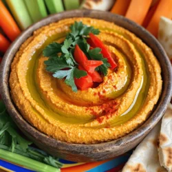 - Chickpeas: One can (15 oz) gives us the base. They add creaminess and protein. - Roasted Red Peppers: Use one large pepper. It brings a sweet, smoky taste. - Tahini: Two tablespoons add richness. This sesame paste is key to hummus. - Olive Oil: Two tablespoons enhance flavor and smoothness. It makes the hummus velvety. - Garlic: One minced clove adds a nice bite. It brightens the overall taste. - Lemon Juice: Two tablespoons give needed acidity. This balances the flavors really well. - Ground Cumin: Just one teaspoon adds warmth. It gives depth to the hummus. - Salt: Add to taste. It enhances all the flavors in the dish. - Fresh Parsley: Chopped parsley makes a bright, fresh garnish. It adds color and flavor. - Smoked Paprika: A sprinkle on top boosts the visual appeal. It gives a hint of spice. - Olive Oil for Drizzling: A drizzle adds richness on top. It makes the dish more inviting. For the complete recipe, check [Full Recipe]. Preparing the Ingredients Start by gathering all your ingredients. You will need: - 1 can (15 oz) chickpeas, drained and rinsed - 1 large roasted red pepper, peeled and chopped - 2 tablespoons tahini - 2 tablespoons olive oil - 2 tablespoons lemon juice - 1 garlic clove, minced - 1 teaspoon ground cumin - Salt to taste - Fresh parsley, chopped (for garnish) - Paprika (for garnish) Make sure to rinse the chickpeas well. This helps remove extra salt and improves taste. Chop the roasted red pepper into small pieces for easy blending. Roasting Red Peppers Guide If you need to roast your own red peppers, here’s how. First, preheat your oven to 450°F (232°C). Place whole red peppers on a baking sheet. Roast for about 20-30 minutes. Turn them halfway through. You want them charred and soft. Once done, place them in a bowl and cover with plastic wrap. Let them steam for about 10 minutes. This makes peeling easier. After cooling, remove the skins and seeds. Now you have fresh roasted peppers ready to use! Food Processor Techniques To make the hummus, add all your prepared ingredients to a food processor. This includes the chickpeas, roasted red pepper, tahini, olive oil, lemon juice, minced garlic, and ground cumin. Blend on high speed. This mixes everything well and breaks down the chickpeas. If the mixture is too thick, add a little water. Start with a tablespoon at a time. Blend again until you reach a smooth texture. Achieving the Right Consistency The right consistency should be creamy, not runny. If your hummus seems too thick, add more water. If it’s too thin, blend in a few more chickpeas. Taste it along the way. Adjust to your liking. Seasoning and Taste Testing Once blended, taste your hummus. Add salt to your preference. Blend briefly again to mix in the salt. This step is key for a balanced flavor. Garnishing the Hummus Transfer the hummus to a serving bowl. Drizzle a little olive oil on top. This adds richness. Garnish with chopped parsley and a sprinkle of paprika. The color makes it look beautiful. Serve with vegetable sticks or warm pita bread. For more details, check out the Full Recipe to explore every step! - Best Practices for Blending: Start with room temperature ingredients. This helps them blend smoothly. Use a high-speed food processor. Blend until the mixture is creamy. If it’s too thick, add a little water slowly. This will help you reach the right texture. - How to Avoid Grainy Texture: To prevent graininess, blend chickpeas well. A longer blend time can help. You can also peel the chickpeas if you want an ultra-smooth dip. This step is not necessary, but it does make a difference. - Oven vs. Stovetop Roasting: Both methods work well. For oven roasting, place peppers on a baking sheet. Roast at 450°F for 20-30 minutes. Turn them halfway for even cooking. If you prefer stovetop, use an open flame. Roast directly over the flame until charred. This gives a nice smoky flavor. - Skins: How to Remove Them Easily: After roasting, place peppers in a bowl and cover. Let them steam for about 10 minutes. This loosens the skin. Then, peel the skin off easily with your fingers. - Ideal Pairings for Dipping: Serve your hummus with fresh vegetable sticks. Carrots, cucumbers, and bell peppers are great choices. You can also offer warm pita bread. These items make perfect dippers for your hummus. - Creative Uses Beyond Dipping: Try using hummus as a spread. It’s great on sandwiches or wraps. You can also add it to grain bowls for extra flavor. Mix it into salads for a creamy element. The options are endless! Check out the Full Recipe for more ideas. {{image_2}} You can enhance your hummus with spices like cayenne and smoked paprika. A pinch of cayenne adds heat, while smoked paprika brings a nice depth of flavor. Simply blend in one of these spices during the mixing stage. You can also try adding other roasted vegetables. Carrots or zucchini can give a unique twist to the flavor. Just roast them until tender and blend them in! Looking for a healthier hummus? Use low-sodium chickpeas to cut back on salt. This small change helps you enjoy the dish without the extra sodium. You can also add Greek yogurt for creaminess. It makes the hummus smooth and adds protein. Just swap out some tahini for Greek yogurt during blending. If you need nut-free options, you can still enjoy hummus. Focus on using tahini made from sunflower seeds instead of sesame. This keeps the creamy texture without nuts. For gluten-free serving ideas, pair your hummus with fresh veggies or gluten-free pita. You can also use rice cakes or sliced cucumbers as fun alternatives for dipping. For the complete recipe, check out the Full Recipe section above! For short-term storage, keep your hummus in the fridge. Place it in a sealed container. This helps keep the flavors fresh. Make sure to enjoy it within five days. After that, the taste may change. For longer storage, you can freeze the hummus. Use an airtight container or freezer bag. Leave some space at the top, as it may expand. When you want to eat it, thaw the hummus overnight in the fridge. You can also thaw it in the microwave. Just heat it in short bursts. Choose glass jars or BPA-free plastic containers for storage. Glass jars are great because they don’t hold odors or stains. Make sure to avoid containers that are too large. This can lead to spoilage. Always label your containers with the date to track freshness. For the full recipe, check out the Vegan Roasted Red Pepper Hummus section above. How long does homemade hummus last? Homemade hummus lasts about 4 to 7 days in the fridge. Store it in an airtight container. Always check for any off smells or changes in texture before eating. Can I use canned roasted red peppers? Yes, canned roasted red peppers work well. They save time and still add great flavor to your hummus. Just drain them before use. What can I substitute for tahini? You can use sunflower seed butter or peanut butter as a tahini substitute. These options provide a similar creaminess without the sesame flavor. Calories per Serving Estimate This hummus has roughly 100 calories per serving. Each serving is about two tablespoons. The calories may vary based on the amount of olive oil you use. Health Benefits of Ingredients - Chickpeas: High in protein and fiber. They support digestion and heart health. - Roasted Red Peppers: Packed with vitamins A and C. They boost your immune system. - Garlic: May help lower blood pressure and improve cholesterol levels. - Olive Oil: Contains healthy fats. It supports heart health and has anti-inflammatory properties. What to serve with hummus? You can serve hummus with fresh veggies like carrots, cucumbers, and bell peppers. Warm pita bread or chips also pair well. You can make a colorful platter for guests. Can hummus be used in recipes beyond dips? Absolutely! You can spread hummus on sandwiches or wraps. It also makes a great base for grain bowls or drizzled over salads. Get creative and enjoy! This blog post outlined the ingredients and steps for making delicious hummus. You learned about key ingredients like chickpeas and tahini. The guide covered tips for perfecting the texture and flavor. Finally, consider all the variations and storage options. Hummus is versatile and can fit any diet. With these insights, you can create tasty hummus and impress everyone. Enjoy your culinary journey!
