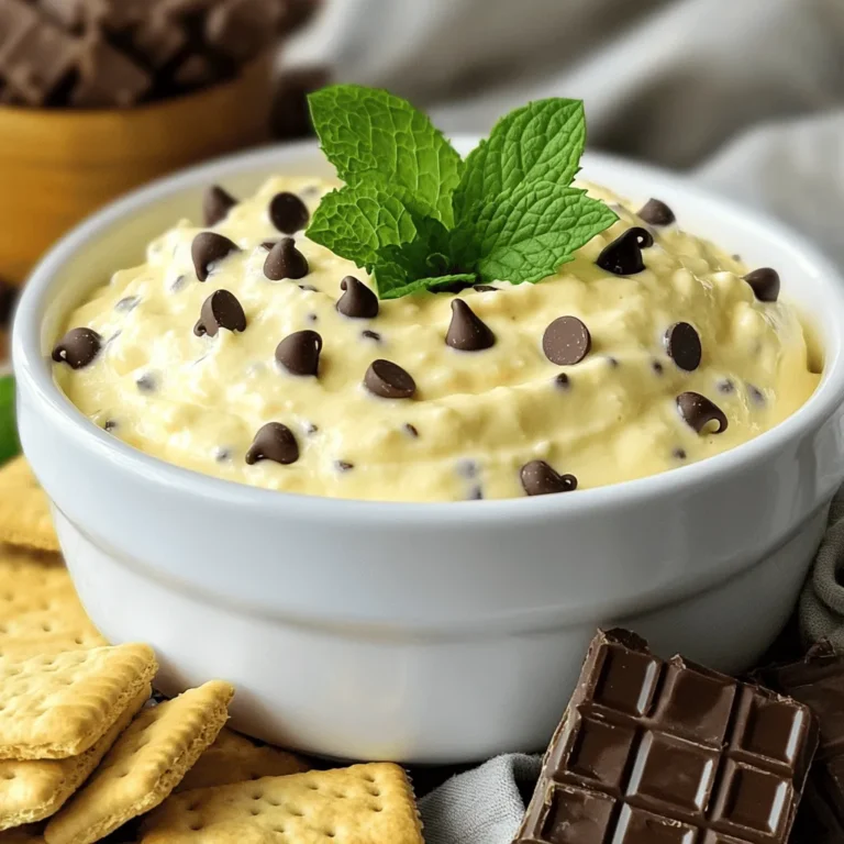 To make a tasty Mint Chocolate Chip Cheesecake Dip, you need simple ingredients that blend well together. Here is what you will need: - Cream cheese - Powdered sugar - Sour cream - Vanilla extract - Peppermint extract - Mini chocolate chips - Whipped cream (optional) - Fresh mint leaves - Dippers (graham crackers, chocolate wafers, fruit) Each ingredient plays a key role. Cream cheese gives the dip its rich and creamy base. Powdered sugar adds sweetness, while sour cream provides a nice tang. Vanilla and peppermint extracts bring in the classic minty flavor. Mini chocolate chips add a fun crunch, and whipped cream can make the dip fluffier if you choose. Fresh mint leaves not only look pretty but also boost the minty taste. You can use graham crackers, chocolate wafers, or fresh fruit as dippers to enjoy this delightful treat. For the full recipe, check out the complete guide on making this dip. To start, you need 8 ounces of softened cream cheese. Place it in a large mixing bowl. Use an electric mixer to beat the cream cheese. Mix it until it is smooth and creamy. This takes about two minutes. Next, add 1 cup of powdered sugar. This will sweeten your dip. Mix until everything is fluffy and well combined. Now, it’s time to add some flavor. Pour in 1/2 cup of sour cream. Then, add 1 teaspoon of vanilla extract and 1/2 teaspoon of peppermint extract. These will bring out the best taste. Keep mixing until all the ingredients are blended. If you want your dip to be fluffier, you can fold in 1/4 cup of whipped cream. Do this gently to keep the air in the cream. For the final step, stir in 1/2 cup of mini chocolate chips. Make sure they are evenly spread throughout the dip. This adds a nice chocolatey crunch. After that, transfer the dip to a serving bowl. Chill it in the refrigerator for at least 30 minutes. This helps the flavors mix better. Before serving, add fresh mint leaves on top for a pop of color. You can use graham crackers, chocolate wafers, or fresh fruit for dipping. For the complete recipe, check the Full Recipe section. To boost the flavor of your Mint Chocolate Chip Cheesecake Dip, start with extracts. High-quality vanilla and peppermint extracts make a big difference. They add a rich taste that really shines. You can also customize the sweetness. If you like it sweeter, add a bit more powdered sugar. If you prefer a less sweet dip, reduce the sugar. Finding your perfect balance will make this dip your favorite. When serving this dip, think about the dippers. Graham crackers, chocolate wafers, and fresh fruit are all great choices. Each brings its own taste and texture. For a nice display, use a colorful bowl. You can also arrange the dippers around the dip. This makes your dessert look more inviting. Don't forget to add fresh mint leaves on top for a pop of color and extra flavor. One mistake many make is overmixing the dip. This can make it too runny. Mix just until smooth and creamy. Another mistake is not chilling the dip long enough. Chilling it allows the flavors to blend well. Aim for at least 30 minutes in the fridge before serving. This wait will be worth it. The dip will taste much better! {{image_2}} You can enjoy many fun flavors with this dip. One great option is chocolate mint cheesecake dip. Just swap some of the cream cheese with chocolate cream cheese. This twist makes the dip rich and even more chocolatey. Another tasty choice is a white chocolate mint dip. Use white chocolate chips instead of mini chocolate chips. Melt the white chocolate and mix it in. This version adds a creamy and sweet touch, perfect for special occasions. If you need a gluten-free dip, it’s simple to make. Just ensure you use gluten-free graham crackers or dippers. The rest of the recipe remains the same. This way, everyone can enjoy it. For a vegan version, you can change a few ingredients. Use vegan cream cheese instead of regular cream cheese. You can also swap the sour cream for coconut cream. Use maple syrup instead of powdered sugar. This keeps the dip tasty and plant-based. To keep your mint chocolate chip cheesecake dip fresh, use an airtight container. This helps keep the flavors intact and prevents drying out. Store the dip in the fridge for up to five days. Always check for any off smell or change in texture before eating. Yes, you can freeze the dip! Freezing is great if you have too much left over. Place the dip in a freezer-safe container. Make sure to leave some space at the top, as the dip may expand when frozen. To thaw, move the dip to the fridge for several hours or overnight. Once thawed, stir gently to restore the creamy texture. Serve it cold, just like the fresh version. Enjoy it with your favorite dippers! For the full recipe, check out the earlier section. You can use Greek yogurt for a lighter dip. It gives a nice tangy flavor. Another option is silken tofu. Blend it until smooth for a dairy-free choice. Each option keeps the creamy texture but cuts down on calories. Yes, you can prepare this dip a day early. Just follow the full recipe and chill it. This helps the flavors mix well. Store it in an airtight container. When you’re ready to serve, just give it a quick mix. The dip stays fresh in the fridge for about three days. Keep it in an airtight container to prevent drying out. If you notice any changes in smell or texture, it's best to toss it. Enjoy it while it's fresh for the best taste. This blog post detailed how to create a delicious cheesecake dip. You learned about the ingredients needed, like cream cheese and mini chocolate chips. We covered step-by-step instructions to make it creamy and flavorful. Tips shared helped enhance your dip and avoid common mistakes. Variations offered new flavor ideas, including gluten-free options. In conclusion, this cheesecake dip is easy, fun, and perfect for sharing. Enjoy your tasty creation with family and friends!