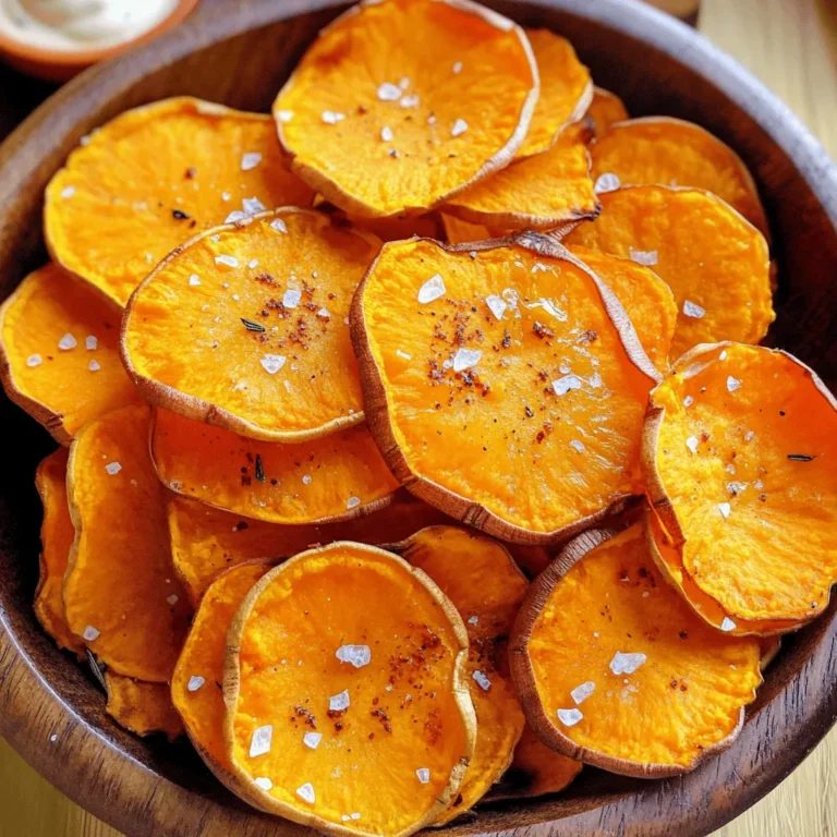 - 2 large sweet potatoes - 2 tablespoons olive oil - 1 teaspoon sea salt - 1/2 teaspoon smoked paprika - 1/2 teaspoon garlic powder - 1/4 teaspoon cayenne pepper (optional) - Fresh herbs for garnish Sweet potatoes are the star here. They give a natural sweetness and vibrant color. Olive oil helps them crisp up and adds flavor. The sea salt enhances the taste, while smoked paprika adds a nice depth. Garlic powder gives a savory kick, and cayenne pepper is for those who like heat. Fresh herbs at the end make the dish pop with color and taste. - Caloric content: Around 150 calories per serving - Macronutrient breakdown: 30g carbs, 5g fat, 2g protein per serving - Vitamin and mineral content: High in vitamin A, C, potassium, and fiber These chips are a healthy snack choice. Sweet potatoes are rich in vitamins and fiber. They support good vision and boost your immune system. Each serving packs a satisfying crunch without the guilt. Whether you’re watching your weight or just want a tasty treat, these chips fit the bill. For the full recipe, check out the detailed cooking instructions. First, wash your sweet potatoes under cold water. Use a brush to scrub off any dirt. After washing, dry them well with a clean towel. This step helps the oil stick better. For slicing, I recommend using a mandoline. It gives you even slices. If you don’t have one, a sharp knife works too. Just aim for slices about 1/8 inch thick. This thickness helps them crisp up nicely in the oven. Next, you’ll want to coat the sweet potato slices with olive oil. Pour the oil into a large bowl. Add the slices and toss gently to coat them evenly. This helps the seasonings stick. Now, let’s add some flavor. Sprinkle sea salt, smoked paprika, garlic powder, and cayenne pepper over the slices. Mix them well. Make sure every slice gets some love from the spices. This step is key for tasty chips. Set your oven to 400°F (200°C). This temperature is perfect for baking. Line a baking sheet with parchment paper to prevent sticking. Spread the sweet potato slices in a single layer. Do not let them overlap. This helps them crisp up. Flip the slices halfway through baking. This ensures both sides get nice and crunchy. Bake for 20-25 minutes. Keep a close eye on them, especially near the end. They can burn quickly. Once they turn golden brown and crispy, pull them out. Let them cool on the baking sheet. This cooling time makes them even crunchier. You can find the full recipe above. Enjoy your crispy baked sweet potato chips! To get crispy baked sweet potato chips, the thickness of your slices matters. Aim for 1/8 inch thick slices. This thickness allows them to cook evenly and crisp up well. Use a mandoline for uniform slices. It makes the job easier and faster. Oven monitoring is key. Every oven is different, and chips can burn quickly. Start checking them at 15 minutes. Flip them halfway through baking for even crispness. Keep an eye on them during the last few minutes. For a great presentation, serve your chips in a rustic bowl or wooden platter. This makes them look inviting and fun. You can also arrange them neatly on a plate for a more formal touch. Pairing your chips with dips can enhance the snacking experience. Try tzatziki or salsa for a fresh kick. You can also serve them with guacamole or hummus for a creamy contrast. One common mistake is overcrowding the baking sheet. If the chips overlap, they won't crisp up. Spread them out in a single layer. This gives each chip room to breathe and bake properly. Baking times and temperatures can also lead to issues. Always preheat your oven to 400°F (200°C). This helps the chips start cooking right away. If you bake them too long or at too low a temperature, they can turn out soggy instead of crispy. {{image_2}} You can change the flavor of your sweet potato chips easily. Try different spice blends to add variety. For a sweet twist, sprinkle cinnamon and a bit of sugar. This makes a great treat! If you prefer savory, use curry powder or chili powder. These spices bring out the rich taste of sweet potatoes. You can mix and match flavors to suit your mood. Want crispy chips without the oven? Try an air fryer! It cooks chips quickly and evenly. Set it to 375°F (190°C) and cook for about 15 minutes. Shake the basket halfway through for even crispiness. Another option is a dehydrator. This method makes the chips extra crunchy. Set the dehydrator to 135°F (57°C) and dry for 6-8 hours until crispy. These chips fit many diets. They are naturally vegan and gluten-free! To make them lower in sodium, use less sea salt. You can also try salt-free seasonings. Fresh herbs add flavor without extra salt. This way, everyone can enjoy these tasty chips without worry. To keep your chips fresh, let them cool completely. Place them in an airtight container. You can also use a resealable bag. Make sure to remove as much air as possible. This helps prevent them from becoming soggy. Stored properly, your sweet potato chips can last about a week. Look for signs of spoilage like softness or an off smell. If they feel chewy or taste stale, it’s time to toss them. If your chips lose their crunch, don’t worry! You can recrisp them easily. - Oven Method: Preheat your oven to 350°F (175°C). Spread the chips on a baking sheet. Bake for about 5-10 minutes. Keep an eye on them to avoid burning. - Microwave Method: Place the chips in a single layer on a plate. Heat them in short bursts of 30 seconds. Check often to make sure they don’t overcook. These methods will help bring back that delicious crunch! For the full recipe, check out the steps I provided earlier. To make crispy baked sweet potato chips, follow these steps: 1. Preheat your oven to 400°F (200°C). 2. Line a baking sheet with parchment paper. 3. Wash and dry 2 large sweet potatoes. 4. Slice them thinly, about 1/8 inch thick. A sharp knife or a mandoline works best. 5. Toss the slices in a bowl with 2 tablespoons of olive oil. 6. Add 1 teaspoon of sea salt, 1/2 teaspoon of smoked paprika, and 1/2 teaspoon of garlic powder. Optionally, you can add 1/4 teaspoon of cayenne pepper for spice. 7. Mix well to coat each slice evenly. 8. Spread the slices on the baking sheet without overlapping. 9. Bake for 20-25 minutes, flipping halfway through. 10. Watch them closely to avoid burning. 11. Let the chips cool slightly for added crispiness. 12. Garnish with fresh herbs for a pop of flavor. For the best texture, make sure your slices are uniform in thickness. Thin slices crisp up nicely. Flipping the chips halfway through baking also helps them get that perfect crunch. Yes, you can use other types of potatoes, but sweet potatoes offer a unique flavor and sweetness. Regular potatoes, like russets or Yukon Gold, can work, but they will have a different taste. They are starchier and may not crisp up in the same way. If you decide to substitute, aim for similar thin slices. Some great dips for your sweet potato chips include: - Hummus: Packed with protein and fiber, it pairs well with the sweetness of the chips. - Guacamole: Avocado is healthy and adds creaminess. - Tzatziki: This yogurt-based dip is refreshing and light. - Salsa: Fresh salsa adds a zesty kick and is low in calories. Each dip provides unique nutrients. Hummus offers protein, while guacamole provides healthy fats. Choose dips that align with your taste and health goals. For more ideas, check out the Full Recipe. This guide shows how to make sweet potato chips. Start with fresh ingredients and follow the steps for prep, seasoning, and baking. You learned tips for the perfect crunch, how to store leftovers, and even ways to switch up flavors. With these ideas, you can enjoy a healthy snack that tastes great. Remember to share with friends and explore new variations. Happy cooking!