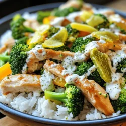 For this recipe, you need key ingredients that come together in a tasty way. Here’s what you will need: - 2 boneless, skinless chicken breasts, sliced into thin strips - 2 cups broccoli florets - 1 cup sliced bell peppers (any color) - 1/2 cup dill pickle chips, chopped, plus 2 tablespoons pickle juice - 1/4 cup ranch dressing - 2 tablespoons olive oil - 1 tablespoon soy sauce - 1 teaspoon garlic powder - 1 teaspoon onion powder - Salt and pepper to taste - Cooked rice or noodles, for serving These ingredients make a flavorful dish that is both fun and easy to cook. The chicken and veggies blend well with the tangy pickles and creamy ranch. To make your dish look even better, consider adding these garnishes: - Extra dill pickle slices - Chopped green onions - A sprinkle of sesame seeds These toppings add color and a bit of crunch, making your stir fry stand out. You will also need some common pantry items: - Olive oil - Soy sauce - Garlic powder - Onion powder - Salt and pepper These staples help boost the flavors of your dish and are likely already in your kitchen. Using these items will elevate the taste of your meal. For the full recipe, check out the complete instructions and details. First, you'll want to marinate the chicken. In a large bowl, combine the sliced chicken, garlic powder, onion powder, salt, pepper, and pickle juice. Toss the chicken well so it gets coated. Let it sit for about 15 minutes. This step makes the chicken juicy and flavorful. Heat olive oil in a large skillet or wok over medium-high heat. Once the oil is hot, add the marinated chicken. Cook for about 5 to 7 minutes, stirring often. You want the chicken to be fully cooked and no longer pink. This step locks in the flavor and keeps the chicken tender. Now, it’s time to add the fun part—vegetables! Toss in the broccoli florets and sliced bell peppers. Stir-fry for about 3 to 5 minutes. You want the veggies to be bright and tender-crisp. After that, reduce the heat to low. Stir in the chopped dill pickle chips and ranch dressing. Mix everything well until it’s heated through. Serve this stir fry over cooked rice or noodles for a complete meal. For a nice touch, drizzle extra ranch dressing on top! You can find the full recipe in the recipe section. To get the best taste, use fresh ingredients. Fresh broccoli and sweet bell peppers shine in this dish. The dill pickles add a zesty kick. Mix the ranch dressing well with the pickle juice to boost flavor. This simple step helps blend all the tastes. For tender chicken, slice the breasts thinly. This way, they cook faster and stay juicy. Marinate the chicken for at least 15 minutes. This step allows the flavors to soak in. Avoid overcooking the chicken to keep it moist. Cook until no longer pink inside. If you plan to make this dish ahead, adjust cooking times. Pre-cook the chicken and store it. When you're ready, stir-fry the veggies and add the chicken. This saves time and keeps your meal fresh. You can also prepare the vegetables in advance. Just chop them the night before and store them in the fridge. For the full recipe, refer to the earlier section. {{image_2}} You can swap out the broccoli with other veggies. Carrots, snap peas, or zucchini work great. You could also try using cauliflower for a different flavor. Just cut them into small pieces to cook evenly. The key is to pick colorful veggies for a nice look. This makes your dish more fun and healthy. You can mix and match based on what you have at home. While chicken is tasty, you can use other proteins too. Try shrimp for a seafood twist. Tofu is perfect if you want a plant-based option. Sliced beef or pork can also add a rich taste. Just remember to adjust cooking times. Each protein has its own cook time, so keep an eye on it. You can change the sauce to fit your taste. Add more ranch dressing for a creamier dish. If you like it spicy, add hot sauce or chili flakes. You could also mix in teriyaki sauce for a sweet twist. Experiment with flavors until it feels just right. This makes the dish yours and adds your personal touch. For the full recipe, check the main article section. To store leftovers, first let the stir fry cool. Place it in an airtight container. This keeps the flavors fresh and prevents odors. Make sure to store it in the fridge. It will last for up to three days. If you want to keep it longer, consider freezing it. When you're ready to enjoy your leftovers, reheat them gently. Use a skillet over medium heat. Add a splash of water or broth to keep it moist. Stir often to prevent sticking. You can also use the microwave. Cover the dish to trap steam, which helps keep the food juicy. Heat in short bursts, stirring in between. Freezing this stir fry is easy and keeps it tasty. First, let the dish cool completely. Then, divide it into portions. Use freezer-safe bags or containers. Remove as much air as you can before sealing. Label each bag with the date. It will stay good for about three months. To cook from frozen, just reheat in a skillet or microwave. Enjoy your meal anytime! Yes, you can prepare this dish ahead of time. Cook the chicken and veggies first. After cooking, let them cool. Place them in a sealed container and store in the fridge. You can keep it fresh for up to three days. When ready to eat, just reheat on the stove or in the microwave. This saves time on busy days! Pickle Ranch Chicken and Broccoli Stir Fry pairs well with several sides. Here are some great options: - Cooked rice - Noodles - Quinoa - Side salad - Steamed vegetables These sides add more texture and flavor. I like to drizzle a little extra ranch dressing on top for a tasty kick. Yes, you can easily make this dish vegetarian. Instead of chicken, use tofu or tempeh. Both options absorb flavors well. For a fun twist, add chickpeas for protein. Use the same marinade and cooking method. The dish will still taste amazing with your favorite veggies and the pickle ranch sauce. You won’t miss the meat! For the full recipe, check out the details above. This article covered everything you need for Pickle Ranch Chicken and Broccoli Stir Fry. I shared key ingredients, step-by-step cooking, and helpful tips. You can adjust flavors, switch proteins, and add veggies to fit your taste. Storing leftovers is easy, too. With these insights, you can craft a tasty meal that you enjoy. Experiment and make it your own. Happy cooking!