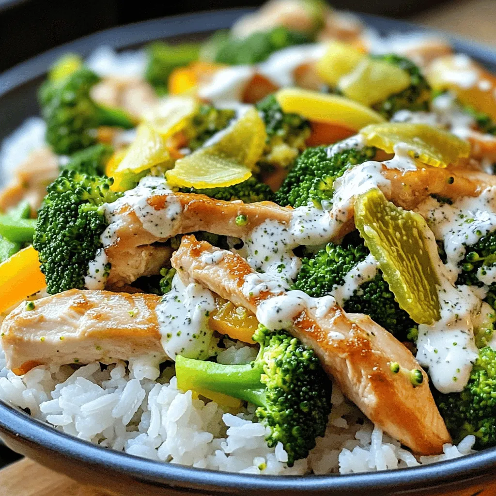 For this recipe, you need key ingredients that come together in a tasty way. Here’s what you will need: - 2 boneless, skinless chicken breasts, sliced into thin strips - 2 cups broccoli florets - 1 cup sliced bell peppers (any color) - 1/2 cup dill pickle chips, chopped, plus 2 tablespoons pickle juice - 1/4 cup ranch dressing - 2 tablespoons olive oil - 1 tablespoon soy sauce - 1 teaspoon garlic powder - 1 teaspoon onion powder - Salt and pepper to taste - Cooked rice or noodles, for serving These ingredients make a flavorful dish that is both fun and easy to cook. The chicken and veggies blend well with the tangy pickles and creamy ranch. To make your dish look even better, consider adding these garnishes: - Extra dill pickle slices - Chopped green onions - A sprinkle of sesame seeds These toppings add color and a bit of crunch, making your stir fry stand out. You will also need some common pantry items: - Olive oil - Soy sauce - Garlic powder - Onion powder - Salt and pepper These staples help boost the flavors of your dish and are likely already in your kitchen. Using these items will elevate the taste of your meal. For the full recipe, check out the complete instructions and details. First, you'll want to marinate the chicken. In a large bowl, combine the sliced chicken, garlic powder, onion powder, salt, pepper, and pickle juice. Toss the chicken well so it gets coated. Let it sit for about 15 minutes. This step makes the chicken juicy and flavorful. Heat olive oil in a large skillet or wok over medium-high heat. Once the oil is hot, add the marinated chicken. Cook for about 5 to 7 minutes, stirring often. You want the chicken to be fully cooked and no longer pink. This step locks in the flavor and keeps the chicken tender. Now, it’s time to add the fun part—vegetables! Toss in the broccoli florets and sliced bell peppers. Stir-fry for about 3 to 5 minutes. You want the veggies to be bright and tender-crisp. After that, reduce the heat to low. Stir in the chopped dill pickle chips and ranch dressing. Mix everything well until it’s heated through. Serve this stir fry over cooked rice or noodles for a complete meal. For a nice touch, drizzle extra ranch dressing on top! You can find the full recipe in the recipe section. To get the best taste, use fresh ingredients. Fresh broccoli and sweet bell peppers shine in this dish. The dill pickles add a zesty kick. Mix the ranch dressing well with the pickle juice to boost flavor. This simple step helps blend all the tastes. For tender chicken, slice the breasts thinly. This way, they cook faster and stay juicy. Marinate the chicken for at least 15 minutes. This step allows the flavors to soak in. Avoid overcooking the chicken to keep it moist. Cook until no longer pink inside. If you plan to make this dish ahead, adjust cooking times. Pre-cook the chicken and store it. When you're ready, stir-fry the veggies and add the chicken. This saves time and keeps your meal fresh. You can also prepare the vegetables in advance. Just chop them the night before and store them in the fridge. For the full recipe, refer to the earlier section. {{image_2}} You can swap out the broccoli with other veggies. Carrots, snap peas, or zucchini work great. You could also try using cauliflower for a different flavor. Just cut them into small pieces to cook evenly. The key is to pick colorful veggies for a nice look. This makes your dish more fun and healthy. You can mix and match based on what you have at home. While chicken is tasty, you can use other proteins too. Try shrimp for a seafood twist. Tofu is perfect if you want a plant-based option. Sliced beef or pork can also add a rich taste. Just remember to adjust cooking times. Each protein has its own cook time, so keep an eye on it. You can change the sauce to fit your taste. Add more ranch dressing for a creamier dish. If you like it spicy, add hot sauce or chili flakes. You could also mix in teriyaki sauce for a sweet twist. Experiment with flavors until it feels just right. This makes the dish yours and adds your personal touch. For the full recipe, check the main article section. To store leftovers, first let the stir fry cool. Place it in an airtight container. This keeps the flavors fresh and prevents odors. Make sure to store it in the fridge. It will last for up to three days. If you want to keep it longer, consider freezing it. When you're ready to enjoy your leftovers, reheat them gently. Use a skillet over medium heat. Add a splash of water or broth to keep it moist. Stir often to prevent sticking. You can also use the microwave. Cover the dish to trap steam, which helps keep the food juicy. Heat in short bursts, stirring in between. Freezing this stir fry is easy and keeps it tasty. First, let the dish cool completely. Then, divide it into portions. Use freezer-safe bags or containers. Remove as much air as you can before sealing. Label each bag with the date. It will stay good for about three months. To cook from frozen, just reheat in a skillet or microwave. Enjoy your meal anytime! Yes, you can prepare this dish ahead of time. Cook the chicken and veggies first. After cooking, let them cool. Place them in a sealed container and store in the fridge. You can keep it fresh for up to three days. When ready to eat, just reheat on the stove or in the microwave. This saves time on busy days! Pickle Ranch Chicken and Broccoli Stir Fry pairs well with several sides. Here are some great options: - Cooked rice - Noodles - Quinoa - Side salad - Steamed vegetables These sides add more texture and flavor. I like to drizzle a little extra ranch dressing on top for a tasty kick. Yes, you can easily make this dish vegetarian. Instead of chicken, use tofu or tempeh. Both options absorb flavors well. For a fun twist, add chickpeas for protein. Use the same marinade and cooking method. The dish will still taste amazing with your favorite veggies and the pickle ranch sauce. You won’t miss the meat! For the full recipe, check out the details above. This article covered everything you need for Pickle Ranch Chicken and Broccoli Stir Fry. I shared key ingredients, step-by-step cooking, and helpful tips. You can adjust flavors, switch proteins, and add veggies to fit your taste. Storing leftovers is easy, too. With these insights, you can craft a tasty meal that you enjoy. Experiment and make it your own. Happy cooking!