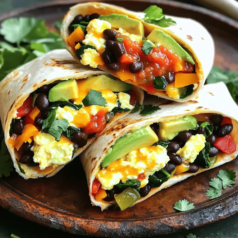 To make Loaded Veggie Breakfast Burritos, you need fresh produce, dairy, and pantry staples. These items come together to create a tasty meal. Gather the following fresh ingredients: - 4 large flour tortillas - 1 cup black beans, drained and rinsed - 1 cup bell peppers (red, green, or yellow), diced - 1 cup spinach, chopped - 1 small red onion, diced - 1 avocado, sliced - 1/2 cup shredded cheese (cheddar or Monterey Jack) - Salsa (for serving) - Cilantro (optional, for garnish) These fresh items add color and flavor to your burritos. The bell peppers and spinach boost nutrition. Avocado offers creaminess, while cheese adds richness. You will also need these pantry staples: - 1 tablespoon olive oil - 1 teaspoon cumin - 1 teaspoon paprika - Salt and pepper to taste These staples enhance the taste of your burritos. Use cumin and paprika for a warm flavor. Olive oil helps cook the veggies evenly. For the full recipe, check out the Cooking Steps section. Enjoy making these delicious burritos! Start by heating a skillet over medium heat. Add one tablespoon of olive oil. Once the oil is warm, toss in one small diced red onion and one cup of diced bell peppers. Sauté these for about 4-5 minutes until they soften. Next, stir in one cup of chopped spinach and one cup of drained black beans. Add one teaspoon of cumin, one teaspoon of paprika, and some salt and pepper. Cook this mixture for another 3-4 minutes. You want the spinach to wilt and everything to heat through. Once done, remove it from the heat. In a separate bowl, crack four large eggs. Whisk them well and season with salt and pepper. Clean your skillet and set it over medium heat again. Pour the eggs into the skillet and scramble them. Stir gently until the eggs are just set. They should be soft and fluffy, not dry. Now, take four large flour tortillas and lay them flat on a clean surface. Divide the veggie filling and scrambled eggs evenly among the tortillas. Sprinkle a bit of shredded cheese on each. Add a few slices of avocado for creaminess. Roll each tortilla tightly, folding in the sides as you go. If you like, you can toast them. Place the rolled burritos seam-side down in the skillet. Cook for about 2-3 minutes on each side until they are golden brown and crispy. Serve warm with salsa on the side. If you want, add fresh cilantro for a nice touch. For the full recipe, check out the details above. To roll a burrito well, start with a warm tortilla. A warm tortilla is easier to fold. Place your filling in the center. Leave space at the edges. Fold the sides in first, then roll from the bottom. Tuck in the filling as you roll. This keeps everything inside. Practice makes perfect with this technique. To achieve crispy burritos, use a non-stick skillet. Heat it on medium before adding oil. A light coating of oil creates a crunchy shell. Place the burrito seam-side down first. Cook for 2-3 minutes until golden. Flip and repeat on the other side. For extra crunch, you can bake them too. Set the oven to 400°F and bake for 10-15 minutes. Spice up your burritos with fresh herbs. Add cilantro or green onions for brightness. You can also mix in spices. Try chili powder or a dash of hot sauce. For a creamy touch, include sour cream or Greek yogurt. These add richness and flavor. Don’t forget to check the seasoning. Taste your filling before wrapping. Adjust salt and pepper as needed. {{image_2}} You can make your burritos even heartier. Adding protein boosts flavor and nutrition. Try adding cooked sausage or bacon for a savory kick. If you prefer plant-based options, tofu or tempeh work well, too. Just sauté them with the veggies for a tasty mix. You can also use cottage cheese or Greek yogurt for a creamy texture. Each option gives you a unique twist on the classic recipe. Switching up the veggies can keep your meals exciting. You can use zucchini, mushrooms, or even corn. Each veggie brings its own taste and texture. For a spicy kick, try adding jalapeños or hot sauce to the filling. You can also toss in some kale or arugula for added greens. The possibilities are endless. Customize your burrito to match your preferences and what you have on hand. There are different ways to cook these burritos. You can bake them in the oven for a crispier finish. Just wrap them in foil and bake at 375°F for about 15 minutes. This method keeps them warm and helps the cheese melt nicely. If you want a quicker method, use a skillet. Toast them seam-side down for 2-3 minutes on each side. This gives you a crunchy outside while keeping the filling warm. Experiment with these methods to find what you enjoy most. To keep your leftover burritos fresh, wrap them tightly in foil or plastic wrap. This helps prevent air from drying them out. You can also place them in an airtight container. Store them in the fridge for up to three days. Label the container with the date so you know when to eat them. When it’s time to eat your leftover burritos, you can reheat them in several ways. The best method is to use an oven. Preheat your oven to 350°F (175°C). Place the burrito on a baking sheet and cover it with foil. Heat for about 15 minutes. This keeps the tortilla soft and the filling warm. You can also use a microwave. Wrap the burrito in a damp paper towel and heat for 1-2 minutes. This method is quick but may make the tortilla a bit soggy. If you want to save your burritos for later, freezing is a great option. Wrap each burrito tightly in plastic wrap, then place them in a freezer bag. Make sure to remove as much air as possible. You can freeze them for up to three months. To reheat, first thaw them in the fridge overnight. Then, follow the reheating tips for the best taste. Enjoy your Loaded Veggie Breakfast Burritos whenever you want! For the full recipe, check out the details above. Yes, you can make these burritos ahead of time. Prepare the veggie filling and eggs in advance. Store them in the fridge for up to two days. When ready to eat, just warm the filling and assemble the burritos. They will taste fresh and delicious! These burritos pair well with many sides. Consider serving them with: - Fresh fruit salad - Crispy hash browns - A light green salad - Homemade salsa - Sour cream or Greek yogurt These sides add color and flavor to your meal. To keep your burritos from getting soggy, follow these tips: - Use fresh tortillas. Warm them up before filling. - Drain any liquid from the veggies and beans. - Avoid overfilling the burritos. - Roll them tightly to prevent leaks. These steps help keep your breakfast burritos firm and tasty. You learned how to make Loaded Veggie Breakfast Burritos. We covered the ingredients, step-by-step instructions, and tips to perfect your burrito. Remember to try different flavors and find what you enjoy most. Store your leftovers wisely to keep them fresh. Making burritos is fun and easy, and you can impress everyone with your skills. Now, it’s time to roll up your sleeves and get cooking! Enjoy your tasty meal!