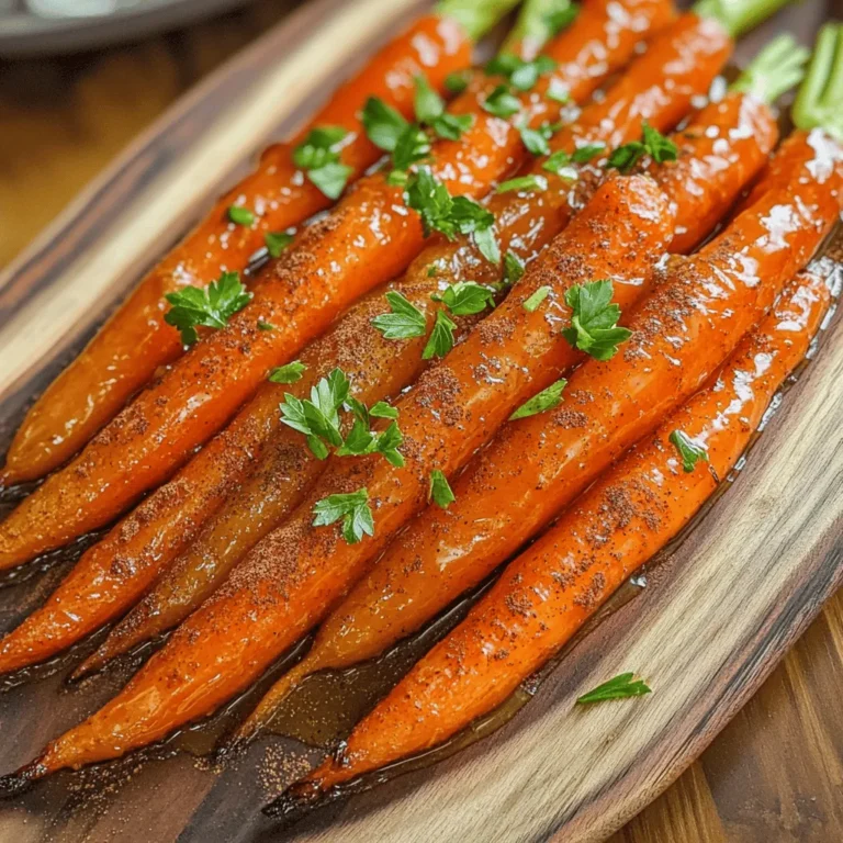 - 1 pound baby carrots, peeled - 3 tablespoons pure maple syrup - 2 tablespoons olive oil - 1 teaspoon ground cinnamon - 1/2 teaspoon ground cumin - 1/2 teaspoon smoked paprika - 1/4 teaspoon cayenne pepper (adjust to taste) - Salt and pepper to taste - Fresh parsley, chopped (for garnish) Choosing the best baby carrots is key for this dish. Look for bright orange carrots that are firm and smooth. Avoid any that feel soft or have dark spots. If you need a substitute for maple syrup, try honey or agave syrup for sweetness. You can also adjust the spices as you like. For a milder flavor, skip the cayenne pepper or use less. If you want to add a kick, you can even add more! 1. Preheating the oven: Start by preheating your oven to 425°F (220°C). This high heat helps to caramelize the carrots and enhance their natural sweetness. 2. Preparing the maple spice mixture: In a large mixing bowl, combine 3 tablespoons of pure maple syrup, 2 tablespoons of olive oil, 1 teaspoon of ground cinnamon, 1/2 teaspoon of ground cumin, 1/2 teaspoon of smoked paprika, and 1/4 teaspoon of cayenne pepper. Add salt and pepper to taste. Whisk these together until they blend well. This mixture brings warmth and depth to the dish. 3. Spreading carrots on a baking sheet: Take 1 pound of peeled baby carrots and add them to the bowl with the spice mixture. Toss them until they are evenly coated. Line a baking sheet with parchment paper for easy cleanup. Spread the carrots in a single layer on the sheet. 4. Cooking times and temperature tips: Place the baking sheet in the preheated oven. Roast the carrots for 25 to 30 minutes. Make sure to turn them halfway through cooking. This step ensures they cook evenly and develop a nice caramelized surface. 5. Cooling time before serving: After roasting, remove the carrots from the oven. Let them cool for a few minutes on the baking sheet. This helps the flavors settle and makes them easier to handle. 6. Drizzling leftover glaze and garnishing: Before serving, drizzle any remaining glaze from the baking sheet over the carrots. Garnish with fresh chopped parsley for a bright finish. This adds flavor and a lovely touch to your dish. For the full recipe, check out the Spiced Maple Roasted Carrots recipe. Enjoy this easy and tasty dish! To ensure even roasting, spread the carrots in a single layer. This helps hot air circulate. Turn the carrots halfway through cooking for nice browning. To achieve perfect caramelization, use a high oven temperature, like 425°F (220°C). The sugar in maple syrup will create a rich glaze. Watch them closely to avoid burning. Add nuts or seeds for texture. Chopped walnuts or pumpkin seeds provide a nice crunch. They also add healthy fats and protein. You can adjust spices based on your taste. If you like more heat, add extra cayenne pepper. For a warm flavor, try adding nutmeg or ginger. Serve spiced maple roasted carrots on a rustic wooden platter. This adds a cozy feel to your table. Sprinkle extra chopped parsley on top for a bright pop of color. For special occasions, arrange them in a spiral for a stunning look. You can also drizzle more maple syrup over the top for a sweet touch. For the full recipe, check out the instructions above. {{image_2}} You can mix up the flavor by using other root veggies. Try parsnips, sweet potatoes, or turnips. Each veggie brings its own taste. For sweetness, consider using honey or agave syrup. This change offers a new twist while keeping that sweet flavor. Spices can change the whole dish. Add herbs like thyme or rosemary for an earthy taste. A sprinkle of lemon or orange zest gives a nice brightness. You can also use citrus juice to wake up the flavors. Experiment with these additions to find your favorite combo. This recipe is easy to adapt. For a vegan version, just use maple syrup and olive oil. If you need gluten-free, you’re already set; all the ingredients are gluten-free. Want a low-carb option? Swap carrots for zucchini or cauliflower. These swaps keep it light and tasty. To keep spiced maple roasted carrots fresh, store them in an airtight container. Place them in the fridge. They will last about 3 to 5 days. If you notice any moisture, it’s best to use them quickly. You can reheat these carrots in two ways: the microwave or the oven. For the microwave, place the carrots in a safe dish. Heat them for 1 to 2 minutes, stirring halfway. For the oven, preheat it to 350°F (175°C). Spread the carrots on a baking sheet and heat for about 10-15 minutes. This helps keep their texture and flavor. To freeze the dish, let the carrots cool fully. Place them in a freezer-safe bag or container. Remove as much air as possible before sealing. They can last up to 3 months in the freezer. When ready to eat, thaw them in the fridge overnight. Reheat using the oven or microwave for best results. Enjoy your spiced maple roasted carrots anytime! For the full recipe, check the earlier section. Can I prepare these carrots ahead of time? Yes, you can prepare spiced maple roasted carrots ahead. Toss the carrots in the maple mixture and store them in the fridge for up to 24 hours. When ready to serve, roast them as per the Full Recipe. This saves time and keeps flavors fresh. What should I serve with spiced maple roasted carrots? These sweet and spicy carrots pair well with many dishes. Consider serving them with roasted chicken, grilled fish, or a hearty grain salad. They also work well alongside other roasted veggies or as a side for holiday meals. Why did my roasted carrots burn or dry out? If your roasted carrots burn or dry out, it could be due to high heat or overcooking. Make sure your oven temperature is accurate and check the carrots halfway through cooking. If they look dry, you can drizzle a bit of oil or maple syrup on them during roasting. How can I fix over-seasoned carrots? If your carrots taste too strong, you can balance the flavors. Mix in extra carrots to the batch to absorb the seasoning. You can also add a touch of olive oil or maple syrup to mellow out the spices. How many calories per serving? Spiced maple roasted carrots have about 120 calories per serving. This number can change based on the amount of oil and syrup used. The dish is a healthy option filled with flavor and nutrients. Are there health benefits to eating carrots? Yes, carrots are very healthy! They are rich in vitamins A and K. These vitamins support good vision and healthy skin. Plus, carrots contain fiber, which helps with digestion. Enjoying this dish adds both taste and health to your meals. This recipe for spiced maple roasted carrots is simple and fun. You learned what ingredients to use and how to prepare them. We also discussed helpful tips for cooking, serving, and storing the dish. Remember to adjust the spices and experiment with different flavors. These carrots can fit any meal or celebration. They are tasty and healthy. Enjoy your cooking and share this dish with others!