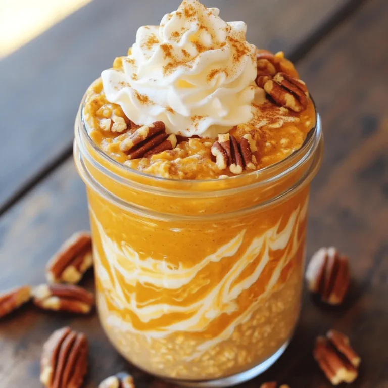 To make Pumpkin Spice Latte Overnight Oats, you need these simple ingredients: - 1 cup rolled oats - 1 cup almond milk (or milk of choice) - 1/2 cup canned pure pumpkin puree - 1 tablespoon maple syrup (adjust to taste) - 1 teaspoon pumpkin pie spice - 1/2 teaspoon vanilla extract - 1 tablespoon chia seeds (optional for added texture) - Pinch of salt - Toppings: Whipped cream, sprinkle of pumpkin pie spice, and pecans (optional) Not all ingredients have to be set in stone. You can swap them if you need to. - Instead of almond milk, use oat milk, soy milk, or regular milk. - You can replace maple syrup with honey or agave syrup for sweetness. - If you don't have pumpkin pie spice, mix cinnamon and nutmeg as a good substitute. - For a nut-free option, skip chia seeds or use flaxseeds instead. - If you want a vegan version, stick with plant-based milk and syrup. This recipe makes two servings, each with about: - Calories: 300 - Protein: 8g - Carbohydrates: 54g - Dietary Fiber: 10g - Sugars: 10g - Fat: 6g These oats offer a healthy breakfast packed with fiber and flavor. You get a warm fall taste without the fuss. Enjoy the benefits of a balanced meal while savoring the rich pumpkin and spice flavor. For the full recipe, check out the section above. Start by gathering your ingredients. You will need: - 1 cup rolled oats - 1 cup almond milk (or milk of choice) - 1/2 cup canned pure pumpkin puree - 1 tablespoon maple syrup (adjust to taste) - 1 teaspoon pumpkin pie spice - 1/2 teaspoon vanilla extract - 1 tablespoon chia seeds (optional for added texture) - Pinch of salt - Toppings: Whipped cream, sprinkle of pumpkin pie spice, and pecans (optional) Make sure your pumpkin puree is smooth. This helps blend flavors well. If you want a creamier taste, opt for full-fat milk or a creamy nut milk. In a large mixing bowl, combine all the ingredients. Add the rolled oats, almond milk, pumpkin puree, maple syrup, pumpkin pie spice, vanilla extract, chia seeds, and salt. Stir the mixture well. You want everything to mix evenly. This is key to getting a good flavor. Once mixed, the oats should soak up the milk and pumpkin puree. This gives them a rich taste. Next, divide the oat mixture into jars or bowls. Make sure they have lids. Sealing them helps keep the oats fresh. Place them in the fridge for at least 4 hours or overnight. In the morning, take out your oats. Stir them well. If they seem thick, add a splash of almond milk for creaminess. You can serve them in bowls or keep them in jars for a quick breakfast. Top with whipped cream, a sprinkle of pumpkin pie spice, and some chopped pecans for crunch. Enjoy your tasty Pumpkin Spice Latte Overnight Oats! For the full recipe, check out the section above. To make your oats creamier, use more almond milk. Start with 1 cup, then add a splash more before serving. This will give your oats a nice, smooth texture. You can also mix in a bit of yogurt for extra creaminess. Greek yogurt works well here. Taste your mixture before it chills. If you like it sweeter, add more maple syrup. If you want more spice, sprinkle in extra pumpkin pie spice. Remember, you can always adjust later too. The flavors will blend as they sit in the fridge. When you're ready to serve, stir your oats well. Top them with whipped cream for a treat. A sprinkle of pumpkin pie spice adds a nice touch. Chopped pecans give a crunch that pairs perfectly with the creamy oats. You can even add a drizzle of maple syrup on top for extra sweetness. Enjoy your delicious creation! {{image_2}} To make your Pumpkin Spice Latte Overnight Oats dairy-free, use almond milk or oat milk. Both have great flavors. You can also try coconut milk for a creamier texture. If you're vegan, skip the whipped cream or choose a plant-based version. This keeps the recipe tasty and friendly for all diets. Want to switch things up? Add chocolate chips or nuts for a crunchy bite. You can mix in some cocoa powder for a chocolatey twist. A spoonful of nut butter adds richness and protein too. Just be careful not to overwhelm the pumpkin flavor. Feel like celebrating fall? Add chopped apples or pears for extra sweetness. You can also use fresh ginger for a spicy kick. During winter, try cinnamon or nutmeg for warmth. These small changes can make your oats feel fresh and fun throughout the year. For the full recipe, check out the [Full Recipe]. Store your Pumpkin Spice Latte Overnight Oats in airtight containers. Glass jars work great and keep the taste fresh. Make sure the lids are secure to keep out air and moisture. If you add toppings, store them separately until you’re ready to eat. This helps keep everything crisp and tasty. These oats can last in the fridge for up to five days. If you make a batch for the week, you can enjoy them each morning. Just remember to check for any changes in smell or texture. If they seem off, it’s best to toss them. You can eat your overnight oats cold or warm them up. To warm them, place the oats in a bowl and microwave for about 30 seconds, stirring halfway through. Add a splash of almond milk to make them creamy again. Serve with whipped cream, a sprinkle of pumpkin pie spice, and pecans for a delicious treat. For the complete recipe, check out the Full Recipe. Yes, you can make these oats ahead of time. In fact, it’s best to prepare them the night before. This lets the oats soak up the flavors. You can store them in the fridge for up to five days. Just remember to keep them in sealed jars or bowls. This way, they stay fresh and tasty. If you can’t find pumpkin puree, don’t worry! You can use mashed banana or applesauce. Both add sweetness and moisture. You can also try sweet potato puree for a different taste. Just make sure to keep the same amount as the pumpkin puree in the recipe. Yes, overnight oats are very healthy! They are full of fiber, which helps digestion. The oats give you energy, while the pumpkin adds vitamins. This recipe has healthy fats from chia seeds and almond milk. Plus, it can keep you full for longer. So, enjoy this tasty breakfast guilt-free! This blog post covered all you need to know about overnight oats. We talked about key ingredients and swaps. We shared step-by-step instructions for readying your oats. You learned how to make them creamier and adjust flavors. We explored fun variations and smart storage tips. Overnight oats are simple, tasty, and healthy. Enjoy experimenting with your own flavors!