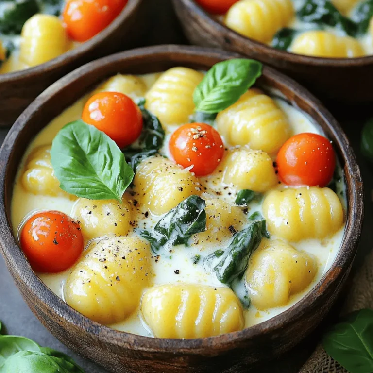 To make Creamy Tuscan Gnocchi, gather the following ingredients: - Gnocchi: 1 package (16 oz) gnocchi - Olive oil, garlic, and seasonal vegetables: - 2 tablespoons olive oil - 3 cloves garlic, minced - 1 cup cherry tomatoes, halved - 2 cups fresh spinach - Heavy cream and Parmesan cheese: - ½ cup heavy cream - ¼ cup grated Parmesan cheese - 1 teaspoon Italian seasoning - Salt and pepper to taste - Fresh basil for garnish These ingredients bring together rich flavors and textures. The gnocchi gives a soft base, while the olive oil and garlic create a fragrant start. Seasonal veggies add freshness, and cream with Parmesan makes it truly creamy. This mix makes the dish special and satisfying. You can find the full recipe to guide you through the cooking process. To start, bring a large pot of salted water to a boil. This step is key. When the water bubbles, add the gnocchi. Cook them until they float, which takes about 2-3 minutes. Floating means they are ready! Drain the gnocchi well. Proper draining is very important. If you skip this, your dish may become watery. Next, grab a large skillet. Heat the olive oil over medium heat. You want to feel the aroma of garlic soon after adding it. Sauté the minced garlic for about 1 minute. Then, add the halved cherry tomatoes and Italian seasoning. Cook this for 3-4 minutes until the tomatoes soften. Finally, stir in the fresh spinach. Cook until it wilts, which takes around 2 minutes. It's time to make the sauce creamy. Pour in the heavy cream and gently bring it to a simmer. Stir in the grated Parmesan cheese. Wait until it melts and the sauce becomes smooth. Taste and adjust seasoning with salt and pepper as needed. If you want a thicker sauce, let it simmer a bit longer. Now, add the cooked gnocchi to your creamy sauce. Use gentle tossing techniques to coat all the gnocchi evenly. It should look rich and inviting. Let it simmer for an additional 2 minutes. This helps the gnocchi absorb all that delicious flavor. You can find the full recipe [here](#). Enjoy your cooking! To keep your gnocchi from turning mushy, use a large pot of boiling salted water. Only cook the gnocchi until they float, usually 2-3 minutes. After cooking, drain them well. Avoid letting them sit in water. If you want variations, try pan-frying them for a crispy texture. This adds a nice contrast to the creamy sauce. To bring out more flavor, consider adding crushed red pepper flakes or a pinch of nutmeg. These spices can elevate the dish. Fresh herbs like basil and parsley add brightness. Chop them finely and stir them in just before serving. This keeps their flavor fresh and vibrant. For sides, a simple arugula salad with lemon vinaigrette works well. It balances the creaminess of the gnocchi. You can also serve garlic bread to soak up the sauce. For wine, a crisp white like Sauvignon Blanc pairs perfectly. It complements the richness of the dish without overpowering it. For a full recipe of Creamy Tuscan Gnocchi, be sure to check out the complete instructions above! {{image_2}} If you want a gluten-free version of creamy Tuscan gnocchi, use gluten-free gnocchi. Many brands offer this option. You can find them in grocery stores. Check the label to ensure they meet your needs. Adjust cooking methods if you use gluten-free gnocchi. Cook them according to the package instructions. Keep an eye on the texture, as they can cook faster than regular gnocchi. Adding protein can make this dish even better. You can use chicken, shrimp, or a vegetarian option like chickpeas. For chicken, chop it into bite-sized pieces. Cook it in the skillet before adding the garlic. Cook for about 5-7 minutes until it’s no longer pink. If you prefer shrimp, add them after the tomatoes. Cook for about 3-4 minutes until they turn pink. For a vegetarian twist, toss in cooked chickpeas or lentils. They add protein and pair well with the creamy sauce. You can easily change the vegetables in this recipe based on what’s fresh. In spring, try asparagus or peas. In fall, use butternut squash or kale. Incorporating seasonal herbs can also brighten the dish. Fresh basil works well, but you can also use parsley or thyme. Just add them at the end for the best flavor. For more details on the full recipe, visit the Full Recipe section. To keep your creamy Tuscan gnocchi fresh, store leftovers in an airtight container. This helps prevent moisture loss and keeps flavors intact. You can keep it in the refrigerator for up to three days. If you need to store it longer, consider freezing it. In the freezer, it can last for up to three months. When reheating, the goal is to maintain texture and flavor. The stovetop is the best method. Simply add a splash of water or broth to your gnocchi and warm it over low heat. Stir often to ensure even heating. If you choose the microwave, use a microwave-safe dish. Heat in short bursts, stirring in between, to avoid hot spots. Creamy sauces can be tricky to freeze. They can separate when thawed. To prepare your creamy sauce for freezing, let it cool completely. Then, transfer it to a freezer-safe container. When you’re ready to use it, thaw it in the fridge overnight. Reheat slowly on the stovetop, adding a little cream or broth to help restore creaminess. You can use both store-bought and homemade gnocchi. Store-bought gnocchi is quick and easy. You can find it in most grocery stores. It cooks fast and tastes great. Homemade gnocchi offers a fresh taste. It can be made with potatoes or ricotta. If you love cooking, try making your own! To make this dish dairy-free, swap heavy cream for coconut cream or cashew cream. Use nutritional yeast instead of Parmesan cheese for a cheesy flavor. There are also many plant-based cheese options available. These swaps keep the dish creamy and tasty without dairy. Yes, you can make this dish ahead of time. Cook the gnocchi and sauce separately. Store them in airtight containers in the fridge. When you're ready to eat, combine them and heat on the stove. This method keeps the gnocchi from getting mushy. You can also freeze the dish, but the texture may change. For the best taste, I recommend making it fresh. For the full recipe, click here! In this post, we explored how to make creamy Tuscan gnocchi. We covered ingredients, cooking methods, and tips for perfecting this dish. From sautéing vegetables to making a rich sauce, each step matters. I shared variations for dietary needs and storage tips for leftovers. Remember, cooking is fun and flexible. Feel free to adjust as you like. Enjoy your cooking adventure with creamy Tuscan gnocchi!