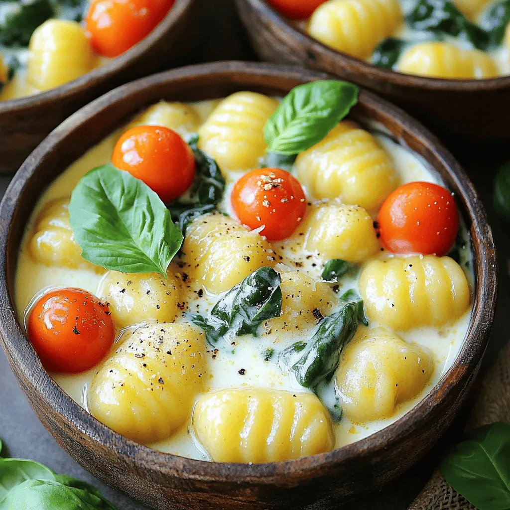 To make Creamy Tuscan Gnocchi, gather the following ingredients: - Gnocchi: 1 package (16 oz) gnocchi - Olive oil, garlic, and seasonal vegetables: - 2 tablespoons olive oil - 3 cloves garlic, minced - 1 cup cherry tomatoes, halved - 2 cups fresh spinach - Heavy cream and Parmesan cheese: - &frac12; cup heavy cream - &frac14; cup grated Parmesan cheese - 1 teaspoon Italian seasoning - Salt and pepper to taste - Fresh basil for garnish These ingredients bring together rich flavors and textures. The gnocchi gives a soft base, while the olive oil and garlic create a fragrant start. Seasonal veggies add freshness, and cream with Parmesan makes it truly creamy. This mix makes the dish special and satisfying. You can find the full recipe to guide you through the cooking process. To start, bring a large pot of salted water to a boil. This step is key. When the water bubbles, add the gnocchi. Cook them until they float, which takes about 2-3 minutes. Floating means they are ready! Drain the gnocchi well. Proper draining is very important. If you skip this, your dish may become watery. Next, grab a large skillet. Heat the olive oil over medium heat. You want to feel the aroma of garlic soon after adding it. Saut&eacute; the minced garlic for about 1 minute. Then, add the halved cherry tomatoes and Italian seasoning. Cook this for 3-4 minutes until the tomatoes soften. Finally, stir in the fresh spinach. Cook until it wilts, which takes around 2 minutes. It's time to make the sauce creamy. Pour in the heavy cream and gently bring it to a simmer. Stir in the grated Parmesan cheese. Wait until it melts and the sauce becomes smooth. Taste and adjust seasoning with salt and pepper as needed. If you want a thicker sauce, let it simmer a bit longer. Now, add the cooked gnocchi to your creamy sauce. Use gentle tossing techniques to coat all the gnocchi evenly. It should look rich and inviting. Let it simmer for an additional 2 minutes. This helps the gnocchi absorb all that delicious flavor. You can find the full recipe [here](#). Enjoy your cooking! To keep your gnocchi from turning mushy, use a large pot of boiling salted water. Only cook the gnocchi until they float, usually 2-3 minutes. After cooking, drain them well. Avoid letting them sit in water. If you want variations, try pan-frying them for a crispy texture. This adds a nice contrast to the creamy sauce. To bring out more flavor, consider adding crushed red pepper flakes or a pinch of nutmeg. These spices can elevate the dish. Fresh herbs like basil and parsley add brightness. Chop them finely and stir them in just before serving. This keeps their flavor fresh and vibrant. For sides, a simple arugula salad with lemon vinaigrette works well. It balances the creaminess of the gnocchi. You can also serve garlic bread to soak up the sauce. For wine, a crisp white like Sauvignon Blanc pairs perfectly. It complements the richness of the dish without overpowering it. For a full recipe of Creamy Tuscan Gnocchi, be sure to check out the complete instructions above! {{image_2}} If you want a gluten-free version of creamy Tuscan gnocchi, use gluten-free gnocchi. Many brands offer this option. You can find them in grocery stores. Check the label to ensure they meet your needs. Adjust cooking methods if you use gluten-free gnocchi. Cook them according to the package instructions. Keep an eye on the texture, as they can cook faster than regular gnocchi. Adding protein can make this dish even better. You can use chicken, shrimp, or a vegetarian option like chickpeas. For chicken, chop it into bite-sized pieces. Cook it in the skillet before adding the garlic. Cook for about 5-7 minutes until it&rsquo;s no longer pink. If you prefer shrimp, add them after the tomatoes. Cook for about 3-4 minutes until they turn pink. For a vegetarian twist, toss in cooked chickpeas or lentils. They add protein and pair well with the creamy sauce. You can easily change the vegetables in this recipe based on what&rsquo;s fresh. In spring, try asparagus or peas. In fall, use butternut squash or kale. Incorporating seasonal herbs can also brighten the dish. Fresh basil works well, but you can also use parsley or thyme. Just add them at the end for the best flavor. For more details on the full recipe, visit the Full Recipe section. To keep your creamy Tuscan gnocchi fresh, store leftovers in an airtight container. This helps prevent moisture loss and keeps flavors intact. You can keep it in the refrigerator for up to three days. If you need to store it longer, consider freezing it. In the freezer, it can last for up to three months. When reheating, the goal is to maintain texture and flavor. The stovetop is the best method. Simply add a splash of water or broth to your gnocchi and warm it over low heat. Stir often to ensure even heating. If you choose the microwave, use a microwave-safe dish. Heat in short bursts, stirring in between, to avoid hot spots. Creamy sauces can be tricky to freeze. They can separate when thawed. To prepare your creamy sauce for freezing, let it cool completely. Then, transfer it to a freezer-safe container. When you&rsquo;re ready to use it, thaw it in the fridge overnight. Reheat slowly on the stovetop, adding a little cream or broth to help restore creaminess. You can use both store-bought and homemade gnocchi. Store-bought gnocchi is quick and easy. You can find it in most grocery stores. It cooks fast and tastes great. Homemade gnocchi offers a fresh taste. It can be made with potatoes or ricotta. If you love cooking, try making your own! To make this dish dairy-free, swap heavy cream for coconut cream or cashew cream. Use nutritional yeast instead of Parmesan cheese for a cheesy flavor. There are also many plant-based cheese options available. These swaps keep the dish creamy and tasty without dairy. Yes, you can make this dish ahead of time. Cook the gnocchi and sauce separately. Store them in airtight containers in the fridge. When you're ready to eat, combine them and heat on the stove. This method keeps the gnocchi from getting mushy. You can also freeze the dish, but the texture may change. For the best taste, I recommend making it fresh. For the full recipe, click here! In this post, we explored how to make creamy Tuscan gnocchi. We covered ingredients, cooking methods, and tips for perfecting this dish. From saut&eacute;ing vegetables to making a rich sauce, each step matters. I shared variations for dietary needs and storage tips for leftovers. Remember, cooking is fun and flexible. Feel free to adjust as you like. Enjoy your cooking adventure with creamy Tuscan gnocchi!