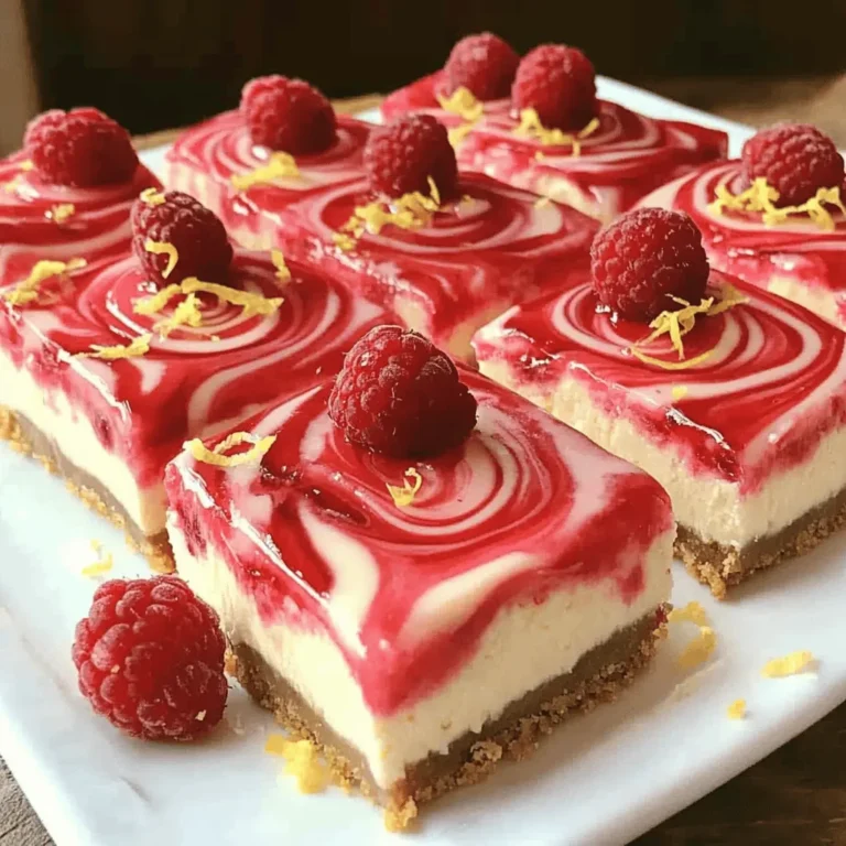 - 1 ½ cups graham cracker crumbs - ½ cup unsalted butter, melted - 2 tablespoons sugar - 16 oz cream cheese, softened - 1 cup sugar - 2 large eggs - 1 teaspoon vanilla extract - Zest of 2 lemons - ⅓ cup fresh lemon juice - 1 cup raspberries (fresh or frozen) - 2 tablespoons cornstarch (for raspberry topping) - 2 tablespoons sugar (for raspberry topping) - 2 tablespoons lemon juice (for raspberry topping) When picking raspberries, look for ones that are bright and firm. Avoid any that are mushy or have dark spots. For lemons, choose ones that are heavy for their size. They should feel firm and have smooth skin. Fresh lemons give the best juice and zest. - Mixer for blending the filling - 8x8-inch baking pan for the bars - Measuring cups and spoons for accuracy For a lovely presentation, you might want some fresh raspberries for garnish. A zester can help you get fine lemon zest. A sharp knife makes cutting the bars easier and cleaner. To start, gather your ingredients for the graham cracker crust. You need graham cracker crumbs, melted butter, and sugar. In a medium bowl, mix these ingredients well. You want a texture similar to wet sand. Next, take your mixture and press it firmly into the bottom of an 8x8-inch baking pan. Make sure it's even. A great tip is to use the bottom of a measuring cup to press it down evenly. Bake the crust in your preheated oven for 10 minutes. Once done, let it cool while you prepare the filling. For the cheesecake filling, you need softened cream cheese, sugar, eggs, vanilla extract, lemon zest, and lemon juice. It is very important that the cream cheese is at room temperature. This helps it mix smoothly. In a large bowl, beat the cream cheese with sugar until creamy. This should take about 2-3 minutes. Then, add the eggs one at a time, mixing well after each. Finally, add the vanilla, lemon zest, and lemon juice. Mix until everything is well combined. Pour this creamy mixture over your cooled crust, spreading it evenly. Now, let’s prepare the raspberry topping. You will need fresh or frozen raspberries, cornstarch, sugar, and lemon juice. Toss the raspberries with cornstarch, sugar, and lemon juice in a separate bowl. This mixture will create a lovely swirl. Spoon this raspberry mix over the cheesecake filling. You want to swirl it gently to create a marbled effect. Bake the layered bars in the oven for 25-30 minutes. Look for edges that are set while the center has a slight jiggle. Once baked, let the bars cool to room temperature. Then, chill in the fridge for at least 4 hours. Enjoy your delicious Raspberry Lemonade Cheesecake Bars! For the full recipe, check the earlier section. To get the best texture for your cheesecake bars, avoid overmixing. Overmixing can add too much air and make your bars fluffy, not creamy. Mix the cream cheese just until smooth. Bake your bars at 350°F (175°C) for 25-30 minutes. The edges should be set, but the center needs a slight jiggle. This means it's just right. For a burst of flavor, add extra lemon zest. This will make your bars even more lemony. You can also squeeze in a little more lemon juice if you like it tart. When serving, top your bars with fresh raspberries. A sprinkle of lemon zest adds a nice touch. You can even drizzle a little raspberry sauce on top for extra sweetness. These small steps make a big difference! {{image_2}} You can switch raspberries for other berries. Blackberries, blueberries, or strawberries work great. Just mash the berries slightly and mix them with the cornstarch, sugar, and lemon juice. This gives you a tasty twist. You can also try citrus flavors. Lime or orange juice can replace lemon juice. Just adjust the zest to match the fruit you choose. This adds a fun zing to your cheesecake bars. If you want a gluten-free crust, use almond flour instead of graham cracker crumbs. Mix it with melted butter and sugar. Press it into your pan just like the original recipe. For the filling, you can keep the cream cheese. It is gluten-free. Just check that your sugar and other ingredients are safe. This way, you can enjoy delicious cheesecake bars without gluten. To keep your raspberry lemonade cheesecake bars fresh, store them in the fridge. Use an airtight container to prevent drying out. Place parchment paper between layers if stacking. This method helps keep the bars moist and tasty. Aim to enjoy them within five days for the best flavor. You can freeze these cheesecake bars for longer storage. Cut the bars into squares before freezing. Wrap each square in plastic wrap, then place them in a freezer-safe container. This prevents freezer burn. They will stay good for up to three months. To enjoy, thaw them in the fridge overnight. This method helps maintain the creamy texture and taste. For best results, avoid thawing at room temperature. Yes, you can make these bars up to two days in advance. This gives the flavors time to blend. Just keep them in the fridge until you're ready to serve. These cheesecake bars last about five days in the fridge. Store them in an airtight container. This helps keep them fresh and tasty. Yes, frozen raspberries work well. Just thaw them before mixing. You may need to add a little more cornstarch to help with the moisture. This ensures the bars stay firm and delicious. In this blog post, I shared how to make delicious Raspberry Lemonade Cheesecake Bars. We covered the essential ingredients, kitchen tools, and step-by-step instructions. I included tips for perfect texture and flavor enhancements, along with creative variations to suit your palate. You learned about storage methods and answered common questions. These bars are not just a treat; they're an easy way to impress others. Remember, following these tips will help you create a dessert that everyone will love. Enjoy making these tasty bars!