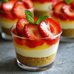 - 1 ½ cups graham cracker crumbs - 1/4 cup melted butter - 2 cups cream cheese, softened - 1/2 cup powdered sugar - 1 teaspoon vanilla extract - 1 cup heavy whipping cream - 2 cups fresh strawberries, hulled and sliced - Extra strawberries for garnish - Mint leaves for garnish - Chocolate shavings - Lemon zest For this no-bake strawberry cheesecake cups recipe, you need simple ingredients. The base uses graham cracker crumbs mixed with melted butter. This mix makes a tasty crust. The filling requires cream cheese, powdered sugar, and vanilla extract. Cream cheese gives a rich flavor. Whipping cream adds lightness and fluff. Fresh strawberries add a bright, fruity touch. You can also personalize this dessert. Chocolate shavings can give a sweet twist. Lemon zest adds a fresh zing. Feel free to explore and make it your own! For the full recipe, check the details above. To start, grab a medium bowl. Add 1 ½ cups of graham cracker crumbs and 1/4 cup of melted butter. Mix them well until you see an even blend. This mix should feel a bit like wet sand. Now, take your serving cups. Press the crumb mixture firmly into the bottom of each cup. Make sure it’s packed tight. This step gives your dessert a sturdy base. Next, move on to the filling. In a large bowl, beat 2 cups of softened cream cheese. Use an electric mixer for this. Beat until it’s smooth and creamy. Then, gradually add 1/2 cup of powdered sugar and 1 teaspoon of vanilla extract. Keep mixing until everything is fully combined. The filling should be light and fluffy. Now it’s time to put everything together. In another bowl, whip 1 cup of heavy whipping cream until stiff peaks form. This step is key for a light texture. Gently fold the whipped cream into the cheesecake mixture. Be careful not to deflate it. Once combined, spoon the cheesecake filling over the graham cracker crusts. Fill the cups almost to the top. Top each cup with fresh strawberries. Use 2 cups of hulled and sliced strawberries for this. Press them slightly into the filling to keep them in place. After you finish, refrigerate the cups for at least 3 hours. This lets the cheesecake set properly. When you’re ready to serve, garnish with extra strawberries and a mint leaf for a nice touch. For the full recipe, check the details above! The texture of your cheesecake is key. Start with cream cheese at room temperature. Cold cream cheese will not blend well. It may leave lumps in your filling. Let it sit out for about 30 minutes before mixing. Next, let's talk about whipping cream. Use heavy whipping cream for the best results. Chill your mixing bowl and beaters to help the cream whip faster. Whip until stiff peaks form, and be gentle when folding it into the cream cheese mixture. This keeps your cheesecake light and fluffy. Garnishes make your dessert look great. Use fresh strawberries on top for a pop of color. A mint leaf adds a nice touch, too. You can also sprinkle some graham cracker crumbs on top for added texture. For pairings, think about serving your cheesecake cups with a glass of cold milk or a fruity drink. They also go well with a scoop of vanilla ice cream. Check out the Full Recipe for more ideas on how to enjoy your no-bake strawberry cheesecake cups! {{image_2}} You can make your no-bake strawberry cheesecake cups even more fun. Adding fruit purees is a great way to change the taste. Think about mixing in raspberry or mango puree to the filling. This gives your dessert a fresh twist. You can also try using different extracts. Almond or lemon extract can add a unique flavor. These simple changes can really enhance your dessert experience. If you have special dietary needs, you can still enjoy this treat. For a gluten-free crust, use gluten-free graham cracker crumbs. They work just as well as regular ones. If you want a dairy-free option, try using dairy-free cream cheese. Brands like Tofutti or Kite Hill offer good choices. This way, everyone can enjoy these cheesecake cups without worry. To keep your no-bake strawberry cheesecake cups fresh, use airtight containers. These containers help prevent air from drying out the dessert. Store the cups in the fridge for up to four days. Check for freshness before serving. Can you freeze no-bake cheesecake cups? Yes, you can! Freezing helps preserve their taste and texture. To freeze, place the cups in a single layer in a freezer-safe container. Make sure they are tightly sealed. For defrosting, move the cups to the fridge overnight. This slow method keeps the texture smooth. Avoid microwaving, as it can change the creaminess. Enjoy your cheesecake cups whenever you want! For the full recipe, check out the earlier section. It takes about three hours for no-bake cheesecake to set. The time can vary based on your fridge's temperature. A colder fridge may set it faster. I recommend checking after three hours. If it feels firm to the touch and holds its shape, it's ready! Yes, you can use frozen strawberries! Just make sure to thaw and drain them first. This prevents excess water from ruining the texture of your cheesecake cups. While fresh strawberries are best, frozen ones still add great flavor. Look for these signs to know when your cheesecake is ready: - The surface should look smooth and slightly firm. - The filling should not jiggle when you gently shake the cups. - A small knife inserted in the center should come out clean. These signs show that your cheesecake cups have the perfect set consistency. Enjoy serving your delicious no-bake strawberry cheesecake cups! You now have all the details to create delicious no-bake cheesecake cups. We covered essential ingredients, step-by-step instructions, and tips to ensure a tasty treat. Remember to experiment with flavors and variations to make it your own. This dessert is easy to prepare and perfect for gatherings. Store any leftovers properly, and enjoy them later. With these insights, you’re ready to impress your friends and family with your cheesecakes!