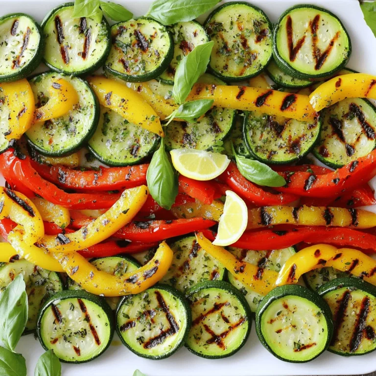 - 2 medium zucchinis - 2 bell peppers (1 red, 1 yellow) - 1 tablespoon olive oil - 1 teaspoon garlic powder - 1 teaspoon smoked paprika - 1 teaspoon dried oregano - Salt and pepper to taste - Fresh lemon juice (from 1 lemon) - Fresh basil leaves for garnishing Gather these fresh ingredients to create a tasty and healthy dish. Zucchini and bell peppers are easy to find and very colorful. The olive oil adds richness, while garlic powder and smoked paprika bring great taste. Oregano gives a lovely herb flavor, and salt and pepper enhance everything. Fresh lemon juice brightens the flavor, and basil adds a nice touch at the end. You can find the full recipe in the article. This dish is perfect for summer grilling or a quick weeknight meal. Enjoy the vibrant colors and flavors! - Preheat your grill to medium-high heat. - If you don’t have a grill, heat a grill pan on the stove. - The right temperature helps cook the veggies evenly. - In a large bowl, mix sliced zucchinis and bell peppers. - Add one tablespoon of olive oil and sprinkle in the spices. - Use one teaspoon each of garlic powder, smoked paprika, and dried oregano. - Season with salt and pepper to taste. Toss well to coat. - Let the mixture marinate for 10-15 minutes. This step adds flavor. - Place the marinated vegetables directly on the grill. - Grill for 3-4 minutes on each side. - Look for tenderness and nice grill marks as signs of doneness. - To achieve perfect grill marks, avoid moving the veggies too much. For those looking for the full recipe, check out Sizzling Grilled Zucchini & Colorful Peppers 🥒. To make your grilled zucchini and peppers really pop, try adding some extra spices. A sprinkle of cumin or chili powder can bring a warm kick. Marination time is key. Let the veggies soak in the oil and spices for 10-15 minutes. This helps the flavors blend. Fresh herbs like basil or parsley add a bright touch. Just chop them up and mix them in right before serving. Using the right tools makes a big difference. A sturdy grill spatula helps you flip without breaking the veggies. When grilling, place the zucchini and peppers on hot grates for about 3-4 minutes. This gives you those beautiful grill marks. Don’t flip too soon! Wait until they release easily from the grill. Set your grill to medium-high heat for best results. For a stunning display, arrange the grilled veggies in a colorful pattern. You can alternate between zucchini and peppers for a vibrant look. Serve them with a small bowl of extra lemon juice on the side. A squeeze of lemon adds a fresh taste. Add torn basil leaves on top for a lovely finish. It makes the dish look appealing and inviting. {{image_2}} You can change up the veggies in this dish. Other great choices include eggplant, asparagus, or mushrooms. These add unique flavors and textures. You can also use seasonal veggies like summer squash or green beans when they are fresh. Different bell pepper colors also bring a fun twist. Try using orange or purple peppers for a pop of color. Each type has a slightly different taste, making your dish even more exciting. To make your grilled zucchini and peppers even tastier, add some cheese. Crumbled feta or goat cheese adds a creamy richness. You can also try different marinades or sauces. A balsamic glaze or a spicy mustard can change the whole flavor. Also, think about using spices like cumin or cayenne. They can add a kick that makes the dish sing. Don't be afraid to mix and match flavors! Grilling is my favorite way to prepare these veggies. But you can also roast or sauté them. If you don't have a grill, roasting in the oven works well. Set your oven to 425°F. Toss the veggies with oil and spices, then spread them on a baking sheet. Roast for about 20 minutes, flipping halfway through. An air fryer is another great option. It cooks veggies quickly and gives them a nice crisp. Each method offers a different taste and texture, so experiment to find your favorite! To keep your grilled zucchini and peppers fresh, place them in an airtight container. Refrigerate them within two hours after cooking. This helps prevent bacteria from growing. You can store them in the fridge for about three to four days. For meal prep, consider portioning them into smaller containers. This makes it easy to grab and enjoy later. When you need to reheat your grilled veggies, use the oven or a skillet. Heat the oven to 350°F (175°C) and place the vegetables on a baking sheet. Bake for about 10 minutes until warm. If using a skillet, warm them over medium heat for about five minutes. This keeps them tasty and helps avoid sogginess. You can freeze your grilled zucchini and peppers for longer storage. First, let them cool completely. Then, place them in freezer bags, removing as much air as possible. They can last up to three months in the freezer. When you’re ready to use them, thaw in the fridge overnight. For quick meals, you can also microwave them for a few minutes. Grilled zucchini and peppers are done when they feel tender. You should see nice char marks on them. These marks show that the vegetables are cooked well. The outside gets a bit crispy, while the inside stays soft. If they are still hard, give them a few more minutes on the grill. Yes, you can grill zucchini and peppers together! They cook well at the same time. Grilling them together saves time and adds great flavor. The juices from the peppers soak into the zucchini, making a tasty mix. I love to pair grilled zucchini and peppers with chicken or fish. They also go well with quinoa or rice. You can serve them as a side dish or mix them into salads. They add color and taste to any meal. If you don't have a grill, you can use a grill pan on your stove. Another option is to roast them in the oven. Set your oven to 425°F (220°C) and roast for about 20 minutes. You can also use an air fryer for a quick option. To add heat, try using chili powder or cayenne pepper. You can mix these into the olive oil before tossing the veggies. If you like fresh heat, add sliced jalapeños to the mix. Start with a small amount and taste as you go. Grilled zucchini and peppers are low in calories and high in vitamins. Zucchini is rich in fiber, which helps digestion. Bell peppers are full of vitamin C, great for your immune system. Together, they make a healthy and colorful dish. You can find the full recipe for Sizzling Grilled Zucchini & Colorful Peppers 🥒. Grilled zucchini and peppers are simple yet tasty. We covered key ingredients and grilling tips. I discussed how to prepare and enhance flavors for better results. Use varied veggies and test different spices for fun twists. Remember, proper storage helps maintain their flavor. Whether you grill, roast, or sauté, these veggies can brighten any meal. Try them out and enjoy your delicious creations!