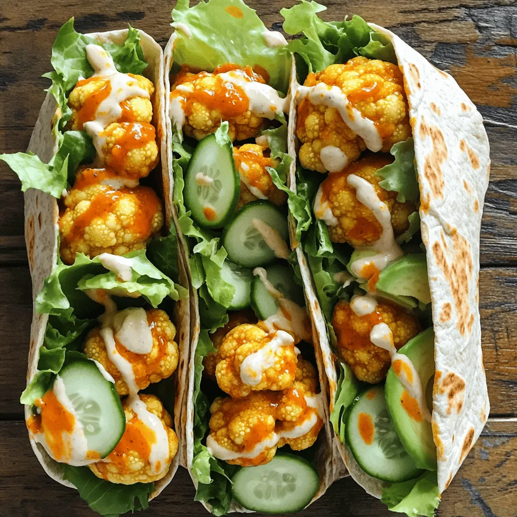 - 1 medium head of cauliflower, cut into florets - 1 cup all-purpose flour (or gluten-free flour) - 1 cup plant-based milk (such as almond or soy) - 1 teaspoon garlic powder - 1 teaspoon onion powder - 1 teaspoon smoked paprika - 1 teaspoon salt - 1 cup buffalo sauce (preferably vegan) - 4 large whole wheat or gluten-free wraps - 1 cup shredded lettuce - 1 cup sliced cucumbers - 1 avocado, sliced - Vegan ranch dressing (for drizzling) The backbone of this dish is the cauliflower. It soaks up the buffalo sauce well. The flour and plant-based milk form a crispy batter. This gives the cauliflower a crunchy texture. The spices add a great depth of flavor. You can also play with the buffalo sauce to find your perfect heat level. - Alternative flours like chickpea or almond flour - Different types of wraps, such as spinach or corn - Various toppings like sliced radishes, green onions, or pickles - Other dressings, like tahini or vegan yogurt Using alternative flours can change the taste and texture. Experiment with different wraps for a fun twist. You can also add toppings to elevate the meal. Each change adds its own unique flair. - Calories: Approximately 300 per serving - Protein: 8 grams - Carbohydrates: 50 grams - Fat: 10 grams Buffalo cauliflower wraps are not only delicious but also packed with nutrients. They provide vitamins and minerals from the cauliflower and fresh vegetables. This dish can be part of a balanced meal, giving you energy and satisfaction. Each serving is a great choice for lunch or dinner. For the complete recipe, check out the [Full Recipe]. 1. Preheat the oven and prepare the baking sheet Start by preheating your oven to 450°F (230°C). This high heat helps make the cauliflower crispy. Line a baking sheet with parchment paper. This will keep the cauliflower from sticking. 2. Making the batter for the cauliflower In a large bowl, mix together 1 cup of all-purpose flour, 1 cup of plant-based milk, 1 teaspoon of garlic powder, 1 teaspoon of onion powder, 1 teaspoon of smoked paprika, and 1 teaspoon of salt. Whisk until smooth. This batter will coat the cauliflower and add flavor. 1. Baking the coated cauliflower florets Dip each cauliflower floret into the batter. Make sure each piece is well covered. Place them on your lined baking sheet in a single layer. Bake the cauliflower for 25-30 minutes. Flip the florets halfway through baking to ensure they cook evenly and get crispy. 2. Tossing with buffalo sauce and final baking Once the cauliflower is golden brown, remove it from the oven. In a separate bowl, toss the baked cauliflower with 1 cup of buffalo sauce. Make sure every floret is coated. Return the cauliflower to the baking sheet and bake for another 10 minutes. This will crisp up the buffalo coating. 1. Layering ingredients in the wrap Now it’s time to build your wrap! Lay a whole wheat wrap flat. Add a generous amount of shredded lettuce, sliced cucumbers, and avocado. Finally, add a few buffalo cauliflower florets. 2. Tips for wrapping and slicing the final product Drizzle some vegan ranch dressing over the top. Wrap the tortilla tightly to keep the filling inside. Use a sharp knife to slice the wraps in half diagonally. Serve them right away for the best taste. For the full recipe, check the ingredients and steps above. For crispy buffalo cauliflower, use a high oven setting. Preheat to 450°F (230°C). This helps the batter crisp up nicely. Line your baking sheet with parchment paper to prevent sticking. Make sure each floret is evenly coated in batter. A good dip ensures every bite is tasty. When dipping, let excess batter drip off. This way, the cauliflower gets a nice, even layer. You can boost flavor by adding spices to the batter. Try adding a pinch of cayenne for heat or some Italian herbs for extra taste. Garlic powder and onion powder work well, but feel free to experiment. For dipping sauces, vegan ranch dressing pairs perfectly. You can also try a creamy avocado dip or a tangy tahini sauce. These add a nice touch to each bite. When serving, think about bright colors. Place the wraps on a large platter with fresh veggies around them. This makes a great display for gatherings. For plating, slice the wraps in half diagonally. This creates an appealing look. Drizzle a bit of ranch dressing on top for extra flair. It not only looks great but also adds flavor. For the full recipe, check the ingredients and steps to get started! {{image_2}} You can swap the cauliflower for other veggies. Broccoli or Brussels sprouts work great too. You can also try sweet potatoes for a different taste. For a gluten-free option, use gluten-free flour. Many brands make it easy to switch. You can also find gluten-free wraps in stores. These options keep the meal tasty and safe for everyone. Buffalo sauce comes in many heat levels. You can choose spicy buffalo for a kick or mild buffalo for a gentler taste. If you want to add protein, toss in chickpeas or tofu. They add a nice texture and boost the meal's nutrition. This way, you can change the wraps to fit your taste. These wraps pair well with many side dishes. Try serving them with carrot and celery sticks for a crunch. You can also add a side salad for freshness. For meal prep, make the wraps ahead and store them in the fridge. This helps you grab a quick lunch during busy days. For the full recipe, check back to make sure you have everything you need. To keep your vegan buffalo cauliflower wraps fresh, store them in the fridge. Place wraps in an airtight container. This helps keep them from getting soggy. You should eat them within 2-3 days for the best taste. For the baked cauliflower, store it separately. Put the leftover cauliflower in a different container. This helps maintain its crispiness. When it comes to reheating, the oven is best. Preheat your oven to 350°F (175°C). Place the wraps on a baking sheet for about 10-15 minutes. This helps them stay warm and crispy. If you use a microwave, wrap them in a damp paper towel. This keeps them moist, but they may not be as crispy. Yes, you can freeze the wraps! Wrap each one tightly in plastic wrap. Then, put them in a freezer bag. They will last for up to 3 months. To thaw, place them in the fridge overnight. For reheating, use the oven again. This will help retain their crunch. Enjoy your delicious wraps anytime! For the full recipe, check out the previous sections! You can make vegan buffalo sauce at home or buy it. Homemade sauce is simple and fresh. Mix hot sauce with melted vegan butter, garlic powder, and vinegar. This gives you control over the flavor. Store-bought sauces save time. Just check the label for vegan options. Yes, you can make these wraps gluten-free. Use gluten-free flour like almond flour or chickpea flour. Both work well in the batter. They keep the wraps tasty and crispy. Just ensure your wraps are also gluten-free. Many brands offer great options. To adjust the heat level, add more or less buffalo sauce. For spicier wraps, add extra hot sauce to the buffalo sauce. You can also sprinkle in cayenne pepper. For milder wraps, use less buffalo sauce or mix in some vegan ranch. This balances the heat nicely. In this post, we explored how to make delicious buffalo cauliflower wraps. We covered key ingredients, detailed cooking steps, and tips for flavor and presentation. You learned about nutritional values, storage methods, and different variations to fit your needs. With these insights, you can create tasty meals that are friendly to your health goals. Enjoy experimenting with flavors and combinations to make this recipe your own!