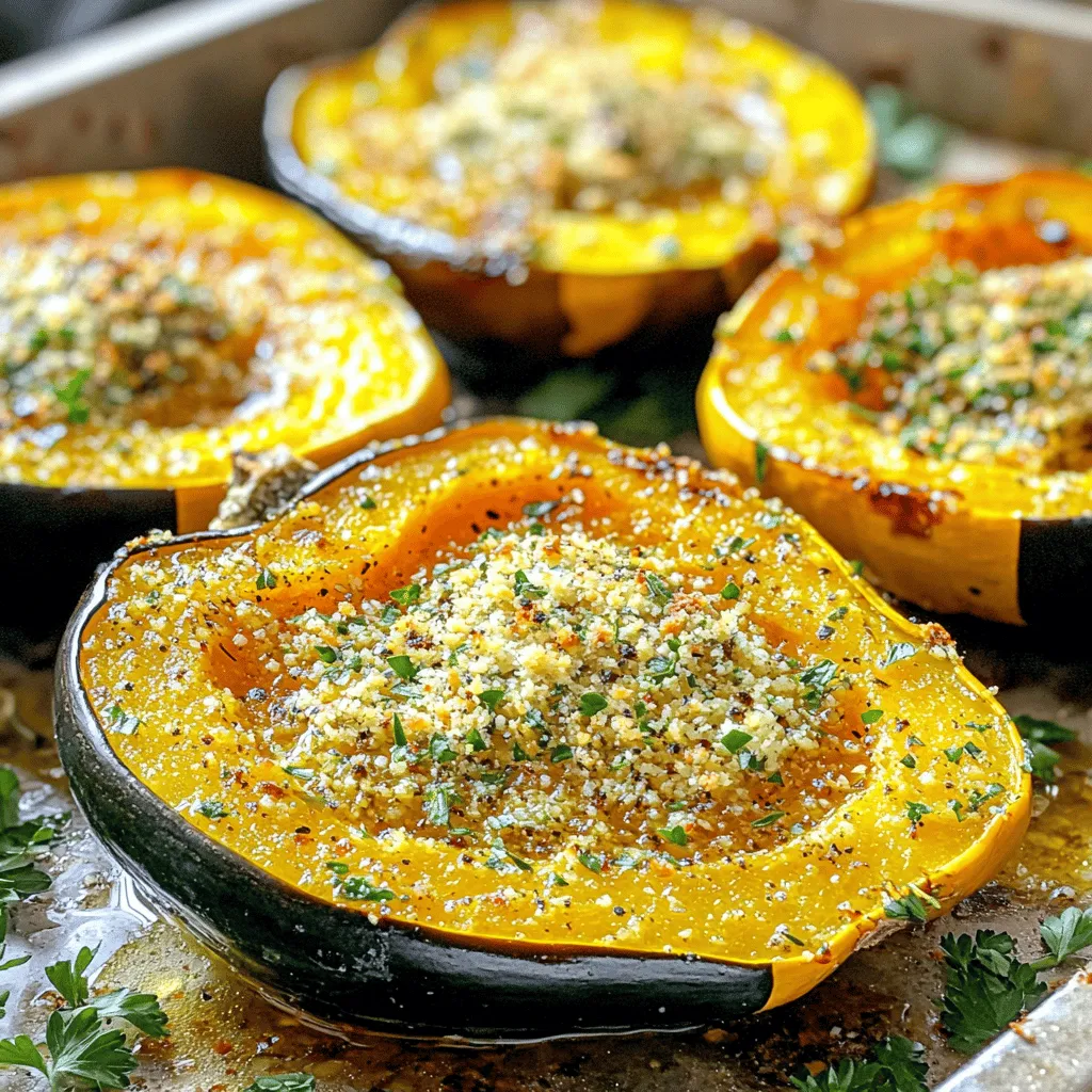 - 2 medium acorn squashes, halved and seeds removed - 3 tablespoons olive oil - 1/3 cup grated Parmesan cheese - 2 teaspoons dried thyme - 2 teaspoons dried rosemary - 1 teaspoon garlic powder - Salt and pepper to taste - Fresh parsley for garnish - Baking sheet - Parchment paper - Mixing bowl - Spoon for scooping Gather all the ingredients listed above. You need fresh acorn squashes, which are sweet and nutty. The olive oil helps create a crispy outside. Parmesan cheese adds a rich, salty flavor. Thyme and rosemary bring warmth and earthiness. Garlic powder enhances the overall taste too. Don’t forget salt and pepper to balance everything. Fresh parsley adds a pop of color when serving. To make cooking easy, use a baking sheet lined with parchment paper. This helps with cleanup. A mixing bowl allows you to combine the herbs and cheese. Finally, a spoon is needed to scoop out the squash seeds. For the full recipe, visit the original post. Enjoy creating this delightful dish! - Step 1: Preheat your oven to 400°F (200°C). This helps the squash cook evenly. - Step 2: Carefully cut the acorn squashes in half and scoop out the seeds using a spoon. Make sure to remove all the seeds for a smooth bite. - Step 3: Drizzle olive oil over the cut sides of the squash. This adds flavor and helps the herbs stick. - Step 4: Mix together the Parmesan cheese, thyme, rosemary, garlic powder, salt, and pepper. This blend gives a rich taste. - Step 5: Sprinkle the Parmesan herb mixture over the cut sides. Cover them well for maximum flavor. - Step 6: Place the squash halves cut side up on a lined baking sheet. The parchment paper helps with easy cleanup. - Step 7: Roast for 30-35 minutes until tender and golden brown. Check for tenderness by piercing with a fork. - Step 8: Garnish with parsley before serving. This adds a nice touch and a pop of color. For the complete method, refer to the Full Recipe. - Use a sharp knife for cutting squashes. This helps you get clean cuts. - Adjust the seasoning according to taste. You can add more herbs or spices if you want. - Serve with a drizzle of balsamic reduction. This adds a nice tangy flavor. - Add a sprinkle of extra Parmesan on top before serving. It gives a delicious finish. - How to tell when acorn squash is done? The flesh should be tender when pierced with a fork. - Signs of perfect roasting include a golden brown top and soft texture inside. You want it to be evenly cooked. By following these tips, your Parmesan Herb Roasted Acorn Squash will shine at your table. Check out the Full Recipe for all the details! {{image_2}} You can switch the cheese if you want. Feta or cheddar can work well. They add unique flavors and textures. Fresh herbs are a great choice too. Use fresh thyme and rosemary instead of dried. They can make the dish brighter and more fragrant. Want a faster way? Try using an air fryer! It cooks the squash quickly while keeping it tender. Just set your air fryer to 375°F (190°C) and cook for about 20 minutes. For a smoky taste, grill the acorn squash. Brush it with oil and season it well. Grill each half for about 10-15 minutes. The char adds a lovely depth of flavor. You can add a sweet touch by drizzling on some maple syrup. It pairs nicely with the savory cheese and herbs. If you like heat, try cayenne pepper. Just a pinch can give your dish a spicy kick. Experimenting with these flavors can make your meal exciting and new. For the full recipe, check out the link provided. To store roasted acorn squash in the fridge, let it cool first. Place the squash in an airtight container. This keeps it fresh for about 3 to 5 days. If you have more leftovers, you can freeze them. Wrap each half in plastic wrap, then place it in a freezer bag. This helps avoid freezer burn. When reheating, keep the texture intact. The oven works best for this. Preheat your oven to 350°F (175°C). Place the squash on a baking sheet and cover it with foil. Heat for about 15 to 20 minutes. You can also use a microwave. Put the squash on a microwave-safe plate. Heat it in short bursts of one minute. Check often to prevent sogginess. In the fridge, your roasted acorn squash stays fresh for 3 to 5 days. If you see any mold or a strange smell, it’s time to toss it. Fresh squash should feel firm and have a bright color. If it feels soft or has dark spots, it’s best not to eat it. For the full recipe, check the earlier section. To cut acorn squash safely, use a sharp knife. Start by placing the squash on a cutting board. Hold it steady with one hand. Cut off both ends to create a flat surface. Then, slice the squash in half from top to bottom. Use a spoon to scoop out the seeds. Always be careful, as the skin can be tough. Yes, you can prepare Parmesan Herb Roasted Acorn Squash ahead of time. Cut and season the squash as directed. Place the prepared halves in an airtight container. Store them in the fridge for up to 24 hours. When you are ready, just roast them in the oven. This makes meal prep easier and saves time. Acorn squash is very healthy. It is low in calories and high in nutrients. This squash is rich in fiber, which aids digestion. It also contains vitamins A and C, which are great for your skin and immune system. Plus, it's a good source of potassium, which helps regulate blood pressure. To tell if acorn squash is ripe, look for a hard, dark green skin. The skin should have some orange or yellow spots. It should feel heavy for its size. When you tap it, it should sound hollow. Avoid squashes with soft spots or blemishes. Roasted acorn squash pairs well with many dishes. It complements roasted meats like chicken or pork. You can also serve it with grains like quinoa or rice. For a fresh touch, add a salad on the side. It’s a versatile dish that fits many meals. For the full recipe, check out the details above! Roasting acorn squash is simple and tasty. We covered the ingredients, tools, and steps. Remember to adjust seasonings to fit your taste and explore different flavors. Try grilling or air frying for unique results. Store leftovers right for the best flavor later. With these tips, you'll create a dish that's not only healthy but also fun to make. Enjoy every bite of your delicious Parmesan Herb Roasted Acorn Squash!