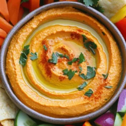 To make this tasty vegan roasted red pepper hummus, you will need: - 1 cup canned chickpeas, drained and rinsed - 1 large roasted red pepper, peeled and chopped (store-bought or homemade) - 3 tablespoons tahini - 2 tablespoons olive oil - 1 garlic clove, minced - 2 tablespoons lemon juice - 1 teaspoon smoked paprika - 1/2 teaspoon ground cumin - Salt and pepper to taste - Water as needed for consistency - Fresh parsley for garnish - Extra olive oil for drizzling This hummus packs a punch in terms of nutrition. Each serving provides: - Calories: About 150 - Protein: 5 grams - Carbohydrates: 12 grams - Fiber: 4 grams - Healthy fats: 8 grams Each ingredient in this hummus brings health benefits: - Chickpeas: They are high in protein and fiber. They help keep you full longer. - Roasted Red Peppers: These add vitamins A and C, boosting your immune system. - Tahini: This sesame paste offers healthy fats and calcium. - Olive Oil: It contains antioxidants and promotes heart health. - Garlic: Garlic is known to support heart health and has anti-inflammatory properties. - Lemon Juice: This adds vitamin C and can aid in digestion. Using these fresh ingredients, you can enjoy a dip that tastes great and is good for you. Try this recipe for a healthy snack or appetizer. For the full recipe, check out the section above. To start, gather your ingredients. If using fresh red peppers, roast them first. You can place them over an open flame or bake them in the oven. Roast until the skin is charred. This gives a smoky flavor. After roasting, let them cool. Then, peel off the skin and remove the seeds. If you prefer, you can also use jarred roasted red peppers. They save time and taste great. Next, it's time to blend! In a food processor, add the drained chickpeas, chopped roasted red pepper, tahini, minced garlic, lemon juice, smoked paprika, and ground cumin. Pulse these ingredients together. While the processor runs, slowly add the olive oil. This helps emulsify the mixture. Keep blending until it becomes smooth and creamy. Now, you need to adjust the hummus. If it’s too thick, add water, one tablespoon at a time. Blend after each addition until you reach your desired consistency. Taste the hummus. Add salt and pepper based on your preference. Blend again to mix the seasoning well. Enjoy the rich flavors of your vegan roasted red pepper hummus! For the full recipe, refer to the recipe section above. Roasting peppers brings out their sweet, smoky flavor. You can roast them in a few easy ways: - Over an Open Flame: Place the pepper directly on the flame of your gas stove. Turn it until the skin chars and blisters. - In the Oven: Preheat your oven to 450°F (232°C). Place the peppers on a baking sheet and roast for about 20-30 minutes, turning halfway. - Under the Broiler: Set your oven to broil. Place the peppers on a baking sheet and broil until the skin is charred. After roasting, let the peppers cool. This makes peeling easier. You want to remove the skin and seeds for the best hummus. The perfect hummus has a creamy, smooth texture. To get this: - Start with drained and rinsed canned chickpeas. This saves time and helps keep the hummus smooth. - Add tahini, olive oil, garlic, and lemon juice to your food processor first. - Blend these ingredients before adding chickpeas. This helps create a silky base. - Gradually add water to adjust the texture. Blend until it’s smooth. If it’s too thick, add more water a little at a time. Taste your hummus. If it needs salt or pepper, blend again to mix it in well. Serving hummus can be fun and tasty! Here are some ideas: - Serve with fresh vegetables like carrots, cucumbers, and bell peppers. They add crunch and color. - Use pita chips or whole-grain crackers for dipping. They complement the flavors well. - Drizzle extra olive oil on top before serving. This adds flavor and makes it look pretty. - Garnish with fresh parsley or a sprinkle of smoked paprika for a touch of color. With these tips, you can make your Vegan Roasted Red Pepper Hummus even better. For the full recipe, check out the details above! {{image_2}} You can kick up the heat with spicy roasted red pepper hummus. Add one to two jalapeños to the blender. This gives a nice kick without overpowering the flavor. You can also mix in some cayenne pepper or chili powder. Adjust the spice level to your taste. Herbs can add fresh notes to the hummus. Try mixing in fresh basil, cilantro, or dill. Just a handful will do. Blend these herbs right in for a burst of flavor. You can also use dried herbs like oregano or thyme for a different twist. This can brighten the dip and make it more vibrant. Want to get creative? You can add roasted garlic for a deeper flavor. Just roast a few cloves until soft, then blend them in. Another great option is to add a splash of balsamic vinegar. This adds a tangy note that pairs well with the sweetness of red peppers. Don't forget to try adding a bit of lemon zest for extra brightness. By exploring these variations, you can make your hummus unique each time. Find what you love best! For the full recipe, click here. To keep your vegan roasted red pepper hummus fresh, store it in an airtight container. Glass containers work best. Make sure to press a piece of plastic wrap directly onto the surface of the hummus. This helps prevent it from drying out. If you make a large batch, divide it into smaller containers. This way, you can enjoy fresh hummus without exposing the whole batch to air. When stored properly, your hummus can last up to one week in the fridge. Always check for any signs of spoilage before eating. If you see any mold or if it smells off, it's best to toss it. I find that it’s often best within the first few days, when the flavors are fresh and vibrant. You don’t need to heat hummus, as it’s best served cold or at room temperature. However, if you prefer it warm, place it in a microwave-safe dish. Heat it gently in short bursts, stirring in between. If you chill it, take it out of the fridge about 15 minutes before serving. This helps the flavors come alive again. For a fun twist, serve it with warm pita or veggies right after chilling. For the full recipe, check out the full recipe link. Enjoy your dip! Yes, this hummus is naturally gluten-free! You can enjoy it with gluten-free crackers or fresh veggies. Just check the labels of any dippers you use, like pita chips or bread. Most ingredients in this recipe are gluten-free, making it a safe choice for those avoiding gluten. Making roasted red peppers at home is easy! Start by washing and drying your peppers. You can roast them in the oven or over an open flame. 1. For oven roasting, preheat your oven to 450°F (232°C). Place the peppers on a baking sheet. 2. Roast for 20-30 minutes until the skin is blackened and blistered. 3. Turn them halfway to roast evenly. 4. Once done, take them out and let them cool in a bowl. Cover it with plastic wrap. 5. After about 15 minutes, the steam helps loosen the skins. 6. Peel off the skins, remove the seeds, and chop them for your hummus. Yes, you can substitute tahini! If you need an alternative, try using peanut butter or sunflower seed butter. Both will add a nice creaminess. You can also use Greek yogurt for a tangy flavor, but it won’t be vegan. Adjust the amount based on your taste. Experiment to find what you like best! For the full recipe, check out the complete instructions above. This blog post covered all you need for making delicious roasted red pepper hummus. You learned about key ingredients, their health benefits, and how to prepare them well. We discussed tips for achieving the best texture and tasty variations. Finally, I shared best practices for storing and reheating your hummus. In conclusion, you now have the tools to create a tasty, healthy snack. Enjoy exploring your own hummus recipes!