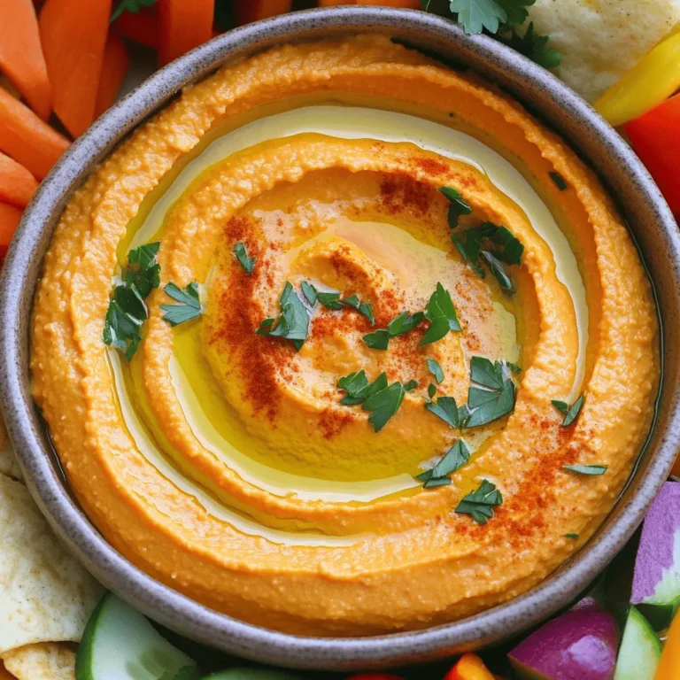 To make this tasty vegan roasted red pepper hummus, you will need: - 1 cup canned chickpeas, drained and rinsed - 1 large roasted red pepper, peeled and chopped (store-bought or homemade) - 3 tablespoons tahini - 2 tablespoons olive oil - 1 garlic clove, minced - 2 tablespoons lemon juice - 1 teaspoon smoked paprika - 1/2 teaspoon ground cumin - Salt and pepper to taste - Water as needed for consistency - Fresh parsley for garnish - Extra olive oil for drizzling This hummus packs a punch in terms of nutrition. Each serving provides: - Calories: About 150 - Protein: 5 grams - Carbohydrates: 12 grams - Fiber: 4 grams - Healthy fats: 8 grams Each ingredient in this hummus brings health benefits: - Chickpeas: They are high in protein and fiber. They help keep you full longer. - Roasted Red Peppers: These add vitamins A and C, boosting your immune system. - Tahini: This sesame paste offers healthy fats and calcium. - Olive Oil: It contains antioxidants and promotes heart health. - Garlic: Garlic is known to support heart health and has anti-inflammatory properties. - Lemon Juice: This adds vitamin C and can aid in digestion. Using these fresh ingredients, you can enjoy a dip that tastes great and is good for you. Try this recipe for a healthy snack or appetizer. For the full recipe, check out the section above. To start, gather your ingredients. If using fresh red peppers, roast them first. You can place them over an open flame or bake them in the oven. Roast until the skin is charred. This gives a smoky flavor. After roasting, let them cool. Then, peel off the skin and remove the seeds. If you prefer, you can also use jarred roasted red peppers. They save time and taste great. Next, it's time to blend! In a food processor, add the drained chickpeas, chopped roasted red pepper, tahini, minced garlic, lemon juice, smoked paprika, and ground cumin. Pulse these ingredients together. While the processor runs, slowly add the olive oil. This helps emulsify the mixture. Keep blending until it becomes smooth and creamy. Now, you need to adjust the hummus. If it’s too thick, add water, one tablespoon at a time. Blend after each addition until you reach your desired consistency. Taste the hummus. Add salt and pepper based on your preference. Blend again to mix the seasoning well. Enjoy the rich flavors of your vegan roasted red pepper hummus! For the full recipe, refer to the recipe section above. Roasting peppers brings out their sweet, smoky flavor. You can roast them in a few easy ways: - Over an Open Flame: Place the pepper directly on the flame of your gas stove. Turn it until the skin chars and blisters. - In the Oven: Preheat your oven to 450°F (232°C). Place the peppers on a baking sheet and roast for about 20-30 minutes, turning halfway. - Under the Broiler: Set your oven to broil. Place the peppers on a baking sheet and broil until the skin is charred. After roasting, let the peppers cool. This makes peeling easier. You want to remove the skin and seeds for the best hummus. The perfect hummus has a creamy, smooth texture. To get this: - Start with drained and rinsed canned chickpeas. This saves time and helps keep the hummus smooth. - Add tahini, olive oil, garlic, and lemon juice to your food processor first. - Blend these ingredients before adding chickpeas. This helps create a silky base. - Gradually add water to adjust the texture. Blend until it’s smooth. If it’s too thick, add more water a little at a time. Taste your hummus. If it needs salt or pepper, blend again to mix it in well. Serving hummus can be fun and tasty! Here are some ideas: - Serve with fresh vegetables like carrots, cucumbers, and bell peppers. They add crunch and color. - Use pita chips or whole-grain crackers for dipping. They complement the flavors well. - Drizzle extra olive oil on top before serving. This adds flavor and makes it look pretty. - Garnish with fresh parsley or a sprinkle of smoked paprika for a touch of color. With these tips, you can make your Vegan Roasted Red Pepper Hummus even better. For the full recipe, check out the details above! {{image_2}} You can kick up the heat with spicy roasted red pepper hummus. Add one to two jalapeños to the blender. This gives a nice kick without overpowering the flavor. You can also mix in some cayenne pepper or chili powder. Adjust the spice level to your taste. Herbs can add fresh notes to the hummus. Try mixing in fresh basil, cilantro, or dill. Just a handful will do. Blend these herbs right in for a burst of flavor. You can also use dried herbs like oregano or thyme for a different twist. This can brighten the dip and make it more vibrant. Want to get creative? You can add roasted garlic for a deeper flavor. Just roast a few cloves until soft, then blend them in. Another great option is to add a splash of balsamic vinegar. This adds a tangy note that pairs well with the sweetness of red peppers. Don't forget to try adding a bit of lemon zest for extra brightness. By exploring these variations, you can make your hummus unique each time. Find what you love best! For the full recipe, click here. To keep your vegan roasted red pepper hummus fresh, store it in an airtight container. Glass containers work best. Make sure to press a piece of plastic wrap directly onto the surface of the hummus. This helps prevent it from drying out. If you make a large batch, divide it into smaller containers. This way, you can enjoy fresh hummus without exposing the whole batch to air. When stored properly, your hummus can last up to one week in the fridge. Always check for any signs of spoilage before eating. If you see any mold or if it smells off, it's best to toss it. I find that it’s often best within the first few days, when the flavors are fresh and vibrant. You don’t need to heat hummus, as it’s best served cold or at room temperature. However, if you prefer it warm, place it in a microwave-safe dish. Heat it gently in short bursts, stirring in between. If you chill it, take it out of the fridge about 15 minutes before serving. This helps the flavors come alive again. For a fun twist, serve it with warm pita or veggies right after chilling. For the full recipe, check out the full recipe link. Enjoy your dip! Yes, this hummus is naturally gluten-free! You can enjoy it with gluten-free crackers or fresh veggies. Just check the labels of any dippers you use, like pita chips or bread. Most ingredients in this recipe are gluten-free, making it a safe choice for those avoiding gluten. Making roasted red peppers at home is easy! Start by washing and drying your peppers. You can roast them in the oven or over an open flame. 1. For oven roasting, preheat your oven to 450°F (232°C). Place the peppers on a baking sheet. 2. Roast for 20-30 minutes until the skin is blackened and blistered. 3. Turn them halfway to roast evenly. 4. Once done, take them out and let them cool in a bowl. Cover it with plastic wrap. 5. After about 15 minutes, the steam helps loosen the skins. 6. Peel off the skins, remove the seeds, and chop them for your hummus. Yes, you can substitute tahini! If you need an alternative, try using peanut butter or sunflower seed butter. Both will add a nice creaminess. You can also use Greek yogurt for a tangy flavor, but it won’t be vegan. Adjust the amount based on your taste. Experiment to find what you like best! For the full recipe, check out the complete instructions above. This blog post covered all you need for making delicious roasted red pepper hummus. You learned about key ingredients, their health benefits, and how to prepare them well. We discussed tips for achieving the best texture and tasty variations. Finally, I shared best practices for storing and reheating your hummus. In conclusion, you now have the tools to create a tasty, healthy snack. Enjoy exploring your own hummus recipes!