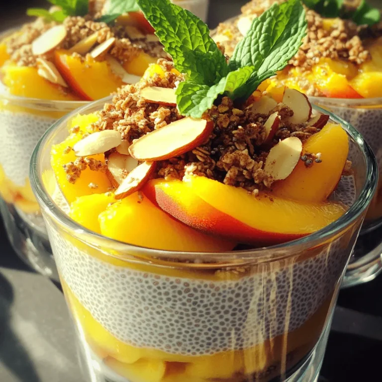For a tasty Peach and Chia Breakfast Bowl, you will need: - 1 cup almond milk (or milk of choice) - 1/4 cup chia seeds - 1 tablespoon maple syrup (optional) - 1 teaspoon vanilla extract - 2 ripe peaches, sliced - 1/2 cup granola (your choice) - 1 tablespoon sliced almonds (or nuts of choice) - Fresh mint leaves for garnish - A sprinkle of cinnamon (optional) You can swap ingredients based on your taste or what you have. Here are some options: - Almond milk can be replaced with coconut or oat milk. - Use honey or agave syrup instead of maple syrup. - Fresh peaches can be swapped with nectarines or plums. - Choose any nuts or seeds if you don’t have sliced almonds. - Granola can be replaced with oatmeal for a warm twist. This breakfast bowl is not just tasty; it's also packed with nutrients: - Chia Seeds: High in fiber and omega-3 fatty acids, which support heart health. - Peaches: Rich in vitamins A and C, good for skin and immunity. - Almond Milk: Low in calories and dairy-free, a great alternative for many. - Granola: Provides healthy carbs and energy, especially if made with whole grains. - Maple Syrup: A natural sweetener that has antioxidants, better than refined sugar. This bowl is a simple, healthy delight that energizes your day! Check out the Full Recipe for more details. Making a Peach and Chia Breakfast Bowl is simple and fun. You need just a few steps to make a tasty dish. Start by preparing the chia pudding. Then, layer it with fresh peaches and toppings. This dish takes about 10 minutes to prep, but chilling it takes longer. Aim to chill the pudding for at least 2 hours or overnight. To start, gather your ingredients. You need: - 1 cup almond milk (or milk of choice) - 1/4 cup chia seeds - 1 tablespoon maple syrup (optional) - 1 teaspoon vanilla extract In a medium bowl, whisk the almond milk, chia seeds, maple syrup, and vanilla extract together. Make sure everything mixes well. Cover the bowl and place it in the fridge. Let it chill for at least 2 hours. This time allows the chia seeds to absorb the liquid. When you return, stir the pudding to break up any clumps. This ensures a smooth texture. Now, it's time to build your bowl! Use clear glass bowls to show off those beautiful layers. Start with a layer of chia pudding as your base. Next, add sliced peaches on top. Choose 2 ripe peaches for the best flavor. Then, sprinkle granola over the peaches for a nice crunch. You might like to add sliced almonds next for extra texture. Finally, garnish each bowl with fresh mint leaves. A sprinkle of cinnamon can add an extra touch. Serve this bright, delicious bowl right away for a refreshing breakfast! To make the best chia pudding, start with the right ratio. Use 1/4 cup of chia seeds to 1 cup of liquid. This balance creates a creamy texture. Mix well to avoid clumps. Cover the bowl and chill it for at least two hours. Overnight chilling works best for a thick pudding. Don’t forget to stir before serving. This helps break up any lumps. Fresh peaches make a big difference in flavor. Look for peaches that have a slight give when you press them. They should feel firm but not hard. A sweet aroma at the stem is also a good sign. If they are not quite ripe, leave them at room temperature for a day or two. Once ripe, store them in the fridge to keep them fresh longer. Always choose high-quality ingredients for this bowl. Look for organic chia seeds and unsweetened almond milk. Fresh, ripe peaches are key to a tasty dish. Visit local farmers' markets for the freshest produce. Check labels on granola to avoid added sugars. When in doubt, read ingredient lists. Quality ingredients will enhance your breakfast experience. For the full recipe, refer to the recipe section above! {{image_2}} You can switch up the peaches with many other fruits. Strawberries, mangoes, or blueberries work great. Each fruit adds a new taste and color. You can mix fruits to create your own flavor. Try bananas for a creamy texture or apples for a crunch. The key is to use ripe fruits for the best flavor. This bowl is already vegan and gluten-free. Use almond milk or any plant milk you like. If you want a nut-free option, choose oat milk or coconut milk. Make sure your granola is gluten-free if needed. You can skip the maple syrup for a sugar-free option. This keeps the breakfast light and healthy. You can enhance flavors with easy add-ins. A pinch of cinnamon gives warmth and spice. Try nutmeg for a different twist. For a protein boost, add some nut butter. Chia seeds are great, but you can also mix in flax seeds. Enjoy coconut flakes or fresh berries as toppings. These options make every bowl unique and fun! To store your chia pudding, place it in an airtight container. This keeps the pudding fresh. You can use any container with a tight lid. Make sure to keep it in the fridge. It will stay cool and tasty this way. The chia pudding lasts for about five days in the fridge. Ensure you check it before eating. If it smells bad or changes color, throw it away. To keep it fresh, avoid adding toppings until you serve it. This way, the granola stays crunchy and the fruit looks fresh. You can eat chia pudding cold or warm it up. To warm it, place it in a pot over low heat. Stir gently until warm, but don’t boil it. If you have leftover pudding, get creative! Use it in smoothies or parfaits. You can also blend it with yogurt for a tasty snack. Enjoy every bite! For the full recipe, check out the Peachy Chia Sunrise Bowl. You can change the sweetness by adding more or less maple syrup. If you like it sweeter, add more syrup. If you want it less sweet, skip it or use less. You can also try mashed bananas or honey for natural sweetness. Adjust to your taste. Yes, you can make this recipe the night before. Prepare the chia pudding and let it chill overnight. This helps the chia seeds soak up the almond milk. The next day, just layer in the peaches and toppings. It saves time in the morning. Chia seeds are tiny but mighty! They are full of fiber, protein, and omega-3 fatty acids. Eating chia seeds may help keep you full longer. They also support healthy digestion. Plus, they are rich in antioxidants, which help keep your body healthy. Yes, frozen peaches work well too! They can add a nice chill to your bowl. Just make sure to thaw them first. This way, they blend well with the chia pudding. The flavor will still be great, and you can enjoy peaches year-round. You can use any granola you like! Look for ones with nuts and seeds for crunch. A honey or maple-flavored granola adds sweetness. If you prefer a healthier option, choose granola with no added sugar. You can even make your own for extra fun. For the complete recipe, check out the Full Recipe section. To make this Peachy Chia Sunrise Bowl, start with the base. In a medium bowl, whisk together 1 cup of almond milk, 1/4 cup of chia seeds, 1 tablespoon of maple syrup, and 1 teaspoon of vanilla extract. Mix this well. Cover the bowl and place it in the fridge for at least 2 hours, or overnight if you can. This lets the chia seeds soak up the milk and turn into a pudding-like mix. When ready to serve, stir the chia pudding to break any clumps. In serving bowls, layer the chia pudding first. Then, add sliced peaches on top. Sprinkle with your favorite granola and sliced almonds. For a finishing touch, add fresh mint leaves and a sprinkle of cinnamon if you like. Serve it right away for a fresh and tasty breakfast! - Prep Time: 10 minutes - Chill Time: 2 hours (or overnight) - Servings: 2 1. Chilling Time: Always chill the chia pudding for at least 2 hours to get the right texture. 2. Mix Well: Ensure all ingredients are mixed well before refrigerating. This helps the chia seeds soak evenly. 3. Layering: Use clear glass bowls for a beautiful presentation. It shows off the lovely layers of peach and chia. 4. Fresh Ingredients: Use ripe peaches for the best flavor. They should be sweet and juicy. 5. Customize: Feel free to add your favorite nuts or granola for a personal touch. Try this Peachy Chia Sunrise Bowl for a healthy and delicious start to your day. You can find the full recipe above. In this blog post, we covered the essential ingredients for your Peach and Chia Breakfast Bowl. We explored substitutions, nutritional benefits, preparation tips, and variations. Don't forget the best practices for storing and enjoying your chia pudding. Embrace this dish as a versatile, healthy start to your day. With quality ingredients and a few simple steps, you can create a breakfast that not only tastes great but nourishes your body. Press on, and enjoy your peachy sunrise!