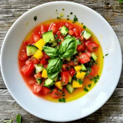 To make a great gazpacho, you need fresh ingredients. Here’s what you should gather: - 6 ripe tomatoes, diced - 1 cucumber, peeled and diced - 1 bell pepper (red or yellow), diced - 1 small red onion, finely chopped - 2 cloves garlic, minced - Fresh basil leaves for garnish These ingredients create a bright and tasty soup. Freshness is key for the best flavor. You also need some pantry staples. These items help bring the soup together: - 3 cups tomato juice - 3 tablespoons olive oil - 2 tablespoons red wine vinegar - Salt and pepper to taste These staples add depth to the soup. They enhance the fresh flavors from the vegetables. Garnishes can make your gazpacho pop! Here are some fun options to try: - Diced vegetables for extra texture - A drizzle of olive oil for richness - Croutons for crunch Adding these garnishes makes your dish look and taste even better. You can find the full recipe in the full recipe section. Enjoy creating this refreshing dish! First, gather all your fresh veggies. You’ll need six ripe tomatoes, one cucumber, one bell pepper, one small red onion, and two cloves of garlic. Dice the tomatoes and cucumber into small pieces. Chop the bell pepper and onion finely. Mince the garlic. This prep is key. Fresh, quality ingredients make the best gazpacho. Next, add all the chopped vegetables into a blender. Blend them until smooth. If you like some texture, blend just until mixed. The blending brings out the flavors and makes the soup creamy. This step is fun because you can see the colors mix together! After blending, pour the mixture into a large bowl. Add three cups of tomato juice, three tablespoons of olive oil, and two tablespoons of red wine vinegar. Stir it all together. This is where magic happens! Season with salt and pepper to taste. Chill the gazpacho for at least two hours. This waiting time allows the flavors to blend beautifully. When ready, serve it cold, garnished with fresh basil. Enjoy your chilled summer delight! For the full recipe, check out the details above. To make great gazpacho, start with fresh ingredients. I always pick ripe tomatoes. They give the soup a sweet taste. Use a crisp cucumber for crunch. Bell peppers add color and flavor. Choose red or yellow for the best results. A small red onion gives a nice bite. Garlic adds depth, so don’t skip it. For the liquid, I prefer tomato juice. It keeps the soup juicy and vibrant. Good olive oil adds richness, while red wine vinegar gives a tangy kick. Gazpacho is all about balance. If you like a bit of heat, add a pinch of cayenne pepper. You can also use hot sauce for a kick. Always start small. You can add more, but it’s hard to take it out. Taste the soup after blending. Adjust salt and pepper to your liking. Remember, the flavors will change after chilling. Give it time in the fridge to meld the flavors. Presentation matters! Chill your bowls before serving. This keeps the soup cool and refreshing. Pour the gazpacho into the bowls and drizzle with olive oil on top. For color, sprinkle diced vegetables or fresh herbs like basil. You can also add croutons for crunch. Serve it with crusty bread for a complete meal. For the full recipe, check out the detailed instructions provided above. {{image_2}} Gazpacho is a flexible dish. You can change its taste by adding different herbs or spices. Try adding cumin for a warm note. You can also add a touch of cayenne for heat. If you like it smoother, blend in a bit of avocado. This adds creaminess and a fresh flavor. Seasonal ingredients can change your gazpacho. In summer, fresh tomatoes shine, but in fall, roasted peppers can bring a new taste. You can use heirloom tomatoes in summer for a sweet twist. In winter, try using canned tomatoes. They are still tasty and save time. Experimenting with what's in season keeps gazpacho exciting and fresh. If you want more protein, gazpacho can handle it well. Some people add diced shrimp or crab meat. This gives it a seafood twist. You can also mix in chickpeas for a vegetarian option. They add a nice texture and protein boost. If you prefer a creamier soup, stir in some Greek yogurt. This adds protein and richness, making your gazpacho even more satisfying. For the full recipe, check out the detailed steps to create your perfect version of this refreshing soup! You can store leftover gazpacho in the fridge. Use a clean, airtight container. Make sure the lid is tight to keep the soup fresh. Gazpacho can last up to three days in the fridge. Always give it a quick stir before serving. The flavors may settle, but they will come back together with a mix. Freezing gazpacho is possible but not ideal. The texture might change when thawed. If you still want to freeze it, pour the soup into freezer-safe bags. Leave some space at the top for expansion. Label the bags with the date. You can keep it frozen for up to three months. Thaw it in the fridge overnight before serving. Gazpacho is best served cold, so reheating is not common. If you prefer it warm, heat it gently on the stove. Use low heat and stir frequently. Avoid boiling, as it can alter the taste and texture. Serve it warm with fresh toppings for a unique twist. Gazpacho comes from Spain. It started in the southern region of Andalusia. Farmers made it as a way to use fresh, ripe vegetables. They blended leftover bread with tomatoes, peppers, and garlic. This dish became popular in the summer. People enjoy it for its cool, refreshing taste. Gazpacho lasts about three to four days in the fridge. Store it in a tight container to keep it fresh. Over time, the flavors blend and deepen. However, it can lose some of its fresh crunch. Always give it a good stir before serving. Yes, you can make Gazpacho ahead of time! In fact, it tastes better when chilled for a few hours. Prepare it the day before for a dinner party. Just remember to adjust the seasoning before serving. This lets the flavors shine through. For the full recipe, check out the details above. Classic gazpacho soup is refreshing, healthy, and easy to make. You learned about key ingredients, preparation steps, and tips to enhance flavor. I shared cool variations to delight your taste buds. Proper storage helps keep leftovers fresh. In short, this soup is perfect for summer meals. With fresh veggies and simple steps, anyone can enjoy gazpacho. Dive in, get creative, and enjoy this bright dish!