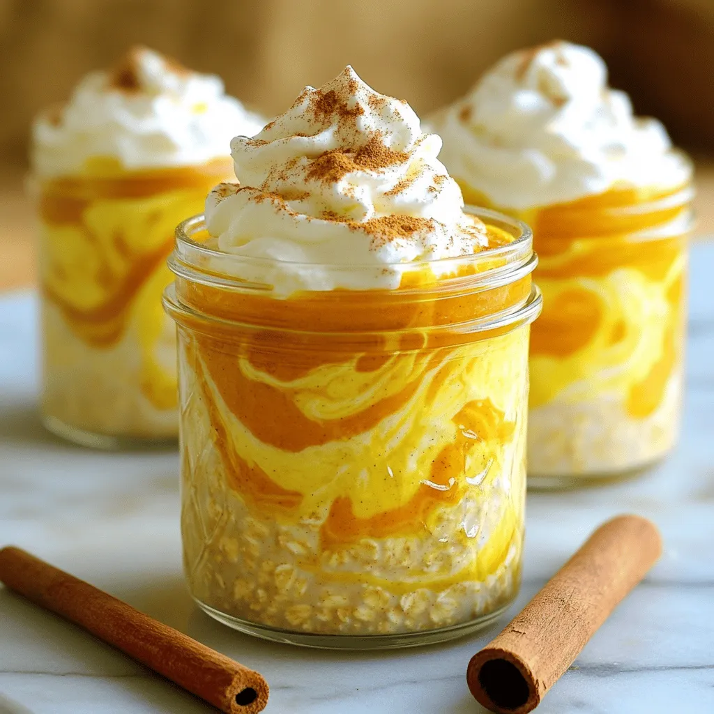To make Pumpkin Spice Latte Overnight Oats, you'll need these simple items: - 1 cup rolled oats - 1 cup unsweetened almond milk (or milk of choice) - 1/2 cup pumpkin puree - 1 tablespoon maple syrup (or honey) - 1 teaspoon vanilla extract - 1 teaspoon pumpkin pie spice - 1/2 teaspoon cinnamon - A pinch of salt - Optional toppings: whipped cream, crushed nuts, chocolate chips, or additional pumpkin pie spice This recipe serves two and is packed with good stuff. Each serving has about: - Calories: 300 - Protein: 8g - Carbohydrates: 50g - Fiber: 8g - Sugar: 10g - Fat: 8g These oats are a great way to start your day. They give you energy and keep you full. For the best taste, I suggest these brands: - Rolled oats: Bob's Red Mill or Quaker - Almond milk: Califia Farms or Silk - Pumpkin puree: Libby's or Trader Joe's If you want to make it dairy-free, use almond or coconut milk. You can swap maple syrup for agave or honey if you prefer. This way, you can make it fit your diet! First, gather your ingredients. You will need: - 1 cup rolled oats - 1 cup unsweetened almond milk (or milk of choice) - 1/2 cup pumpkin puree - 1 tablespoon maple syrup (or honey) - 1 teaspoon vanilla extract - 1 teaspoon pumpkin pie spice - 1/2 teaspoon cinnamon - A pinch of salt In a medium bowl, combine the rolled oats and almond milk. Add the pumpkin puree, maple syrup, vanilla extract, pumpkin pie spice, cinnamon, and salt. Mix everything well. You want the oats to soak up all that pumpkin goodness. Once mixed, divide the oat mixture into two jars or containers. Make sure each jar has a tight lid. Seal the jars and place them in the fridge overnight. If you are in a hurry, let them chill for at least 4-6 hours. This step is key. It lets the oats soften and absorb flavors. In the morning, take the jars out of the fridge. Stir the oats well before serving. You can add fun toppings like whipped cream, crushed nuts, or chocolate chips. A sprinkle of extra pumpkin pie spice will give it a nice kick. Serve in clear jars to show off those beautiful layers. Enjoy your Pumpkin Spice Latte Overnight Oats for a warm, cozy breakfast! For the complete recipe, check the section above. To make the best overnight oats, use rolled oats. They soak up liquid well and stay chewy. Quick oats can get mushy, so avoid them. Always mix your oats with a liquid. This helps them absorb flavors and soften overnight. Make sure to seal your jars tightly. This keeps the oats fresh and stops spills. For creamy oats, use almond milk or your favorite milk. My go-to is unsweetened almond milk. It blends nicely with pumpkin. If you like a thicker texture, add more oats. If you want it creamier, add more milk. Stir the mixture well before chilling. This ensures every oat gets soaked evenly. Pumpkin spice latte overnight oats are tasty as is, but you can mix it up! Add chocolate chips for sweetness. Crushed nuts add a nice crunch. You can also try different spices. Nutmeg or ginger can give a warm flavor. For a bit of sweetness, drizzle extra maple syrup on top. Let your taste guide your choices, and enjoy the fun of creating! For the full recipe, check out the details above. {{image_2}} You can easily make this recipe dairy-free. Just swap regular milk for unsweetened almond milk, coconut milk, or oat milk. These options keep it creamy and delicious. They also add a hint of flavor. If you want, use a nut milk with a rich taste, like cashew milk. This change makes it perfect for those avoiding dairy. You can play with flavors in your overnight oats. For chocolate lovers, add a tablespoon of cocoa powder to the mix. This gives it a rich, chocolatey taste. If you like nuts, try adding a few tablespoons of chopped walnuts or pecans. They add crunch and a nice nutty flavor. You can also mix in a tablespoon of nut butter for extra creaminess and protein. As the seasons change, so can your oats. For a holiday twist, add a splash of eggnog in place of almond milk. This will give your oats a warm, festive flavor. You can also mix in dried cranberries or chopped apples for a fall feel. Another idea is to sprinkle some nutmeg or ginger for a spicy touch. These twists keep your breakfast exciting all year round. For the full recipe, check out the details above. Enjoy crafting your own unique version! To store your pumpkin spice latte overnight oats, place them in airtight containers. Make sure to close them tightly. This keeps the oats fresh and tasty. You can store them in the fridge for easy access. Pumpkin spice oats last about 3 to 5 days in the fridge. They stay safe to eat as long as they smell good and look fine. If you see any mold, it's best to toss them out. You can freeze these oats if you want to save them longer. Just put them in freezer-safe containers. They will stay good for up to three months. When you want to eat them, thaw them in the fridge overnight. After thawing, you can heat them in the microwave or eat them cold. If they seem dry, add a splash of almond milk to get the right texture. For the full recipe, check out the details above. Yes, you can use quick oats. Quick oats cook faster and absorb liquid more quickly. This can change the texture of your overnight oats. They may become softer and less chewy. If you prefer a creamier texture, quick oats work well. If you like a heartier bite, stick with rolled oats. Overnight oats can last about 3 to 5 days in the fridge. Store them in sealed containers to keep them fresh. If you use fresh fruit, eat them within 1-2 days for the best taste. If you see any signs of spoilage, throw them away. Overnight oats offer many health benefits. They are high in fiber, which aids digestion. They also provide steady energy thanks to complex carbs. You can customize them to add fruits, nuts, or seeds for extra nutrition. Plus, they help keep you full until lunch. Yes, you can heat them up! Just remove the lid and microwave for about 30 seconds to 1 minute. Stir well, and check the temperature before eating. Heating gives a warm and cozy feel, perfect for chilly mornings. Toppings enhance the flavor and texture of your oats. Here are some great options: - Whipped cream for a sweet touch - Crushed nuts for crunch - Chocolate chips for a treat - Additional pumpkin pie spice for more flavor You can mix and match to find your favorite combination! In this article, I covered how to make Pumpkin Spice Latte Overnight Oats. I shared the key ingredients, their nutrition, and some great brands to use. You learned the steps to prepare, mix, and chill these tasty oats. I also gave tips to get the perfect texture and suggested different flavors. Don’t forget the best storage methods to keep your oats fresh. Enjoy these oats as a healthy breakfast or snack anytime. They are easy to make and full of flavor! Make them your own by trying different add-ins and twists.