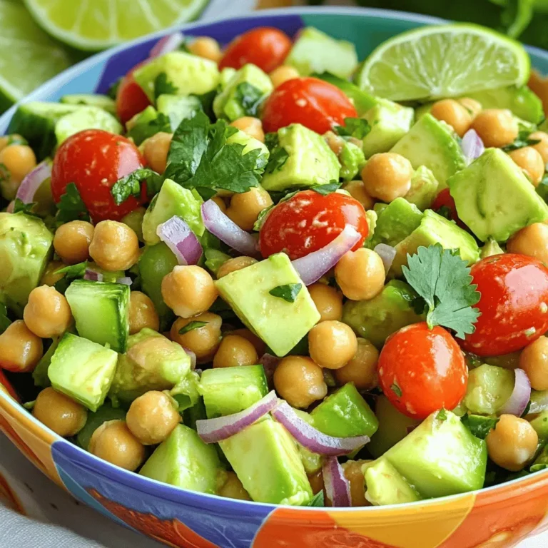 - 1 can (15 oz) chickpeas - 2 ripe avocados - 1 cucumber - 1 cup cherry tomatoes - 1/4 red onion - 1/4 cup fresh cilantro - 2 tablespoons lime juice - 2 tablespoons olive oil - 1 teaspoon cumin powder - Salt and pepper to taste Chickpeas are rich in protein and fiber. They help keep you full and satisfied. Their fiber aids in digestion and can help lower cholesterol levels. Avocados are full of healthy fats. They are good for your heart and skin. Plus, they add a creamy texture to the salad. This salad is low in calories. You can enjoy a big bowl without worrying about extra calories. Each ingredient adds nutrients without adding too much fat or sugar. For a fresh and tasty meal, try the Full Recipe. You will love how easy it is to make! To start, drain and rinse your chickpeas. Open the can and pour the chickpeas into a colander. Rinse them under cold water. This helps remove excess salt and improves the taste. Let them sit for a bit to dry. Next, it’s time to dice your avocados and other veggies. Cut each avocado in half, remove the pit, and scoop the flesh into a bowl. Use a knife to cut the avocado into cubes. For the cucumber and cherry tomatoes, simply chop them into bite-sized pieces. The red onion should be finely chopped to add a nice crunch. Now, let’s combine all the ingredients in a large bowl. Add the drained chickpeas, diced avocados, cucumber, cherry tomatoes, and red onion. Don’t forget the chopped cilantro; it adds a fresh taste! When mixing, use a gentle tossing technique. This helps keep the avocado pieces intact. Take a large spoon and carefully lift the ingredients from the bottom of the bowl to the top. Repeat this until everything is mixed well. For the dressing, whisk together lime juice, olive oil, cumin powder, salt, and pepper in a small bowl. This is a simple way to blend flavors. Whisk until the mixture is smooth and well combined. If you want to adjust the seasoning, taste the dressing. You can add more salt or lime juice based on your preference. The dressing should complement the salad without overpowering it. Once your dressing is ready, pour it over the salad. Toss gently again to ensure all the ingredients are coated. For the best results, let the salad sit for about 10 minutes. This allows the flavors to meld together nicely. You can find the full recipe above to guide you through this delightful dish! To ripen avocados, place them in a brown paper bag. This helps them ripen faster. Add an apple or banana for even quicker results. Keep checking daily. When they feel soft to the touch, they are ready. To boost flavor, use fresh herbs like cilantro or parsley. They add a bright taste. You can also add a pinch of cumin for warmth. A dash of hot sauce can give it a nice kick. Always taste as you go to find the right balance. You can add other ingredients to make this salad your own. Try diced bell peppers for crunch. Feta cheese adds a nice salty flavor. For a fun twist, mix in some corn or black beans. If you have dietary restrictions, this salad is easy to adapt. It is naturally vegan and gluten-free. You can skip the cheese for a dairy-free option. For protein, add grilled chicken or quinoa, making it more filling. This salad pairs well with grilled chicken or fish. It also makes a great side for tacos. Serve it on a bed of greens for a colorful lunch. For presentation, serve in a bright bowl. Garnish with extra cilantro leaves and lime wedges. This makes the dish pop and looks appealing. For the full recipe, check the earlier section. {{image_2}} You can make your chickpea avocado salad even more fun with different flavors. For a Mediterranean twist, add some sliced olives and fresh herbs like basil or parsley. This brings a salty and fresh taste that pairs well with the creamy avocado. If you like heat, try adding diced jalapeños or a sprinkle of chili flakes. These spicy options will wake up your taste buds and add a nice kick. This salad is already vegan, but you can make it even heartier. Consider adding grilled chicken or quinoa for a high-protein boost. These additions will make your meal more filling. If you want a refreshing option, try adding some cooked lentils. They blend well and add more texture. The ingredients can change with the seasons. In summer, add fresh corn or bell peppers for a sweet crunch. In winter, consider using roasted sweet potatoes for warmth. Seasonal garnishes can also elevate your dish. Try adding pomegranate seeds in the fall or fresh citrus slices in the spring. These touches make your salad not only tasty but also visually stunning. For the full recipe, don't forget to check out the Chickpea Avocado Delight! To keep your chickpea avocado salad fresh, store it in the fridge. Place the leftovers in an airtight container. This helps prevent air from spoiling the salad. If you have more than one serving, divide it into smaller portions. This way, you can enjoy it over several days. You can freeze chickpea avocado salad, but it’s not ideal. The texture of avocado changes when frozen. If you want to freeze it, consider separating the components. Freeze chickpeas and veggies together. Avocados should be left out. Add them fresh when you thaw and serve. In the fridge, your salad lasts about 2 to 3 days. Check for signs of spoilage. Look for brown or mushy avocado. If the salad smells sour, it’s time to toss it. Always trust your senses to ensure food safety. Enjoy your chickpea avocado salad fresh for the best taste! For the Full Recipe, check out the complete guide. Can I use canned chickpeas instead of dried? Yes, you can use canned chickpeas. They save time and are easy to find. Just drain and rinse them before using. This step removes extra sodium and makes them ready for your salad. How do I know when avocados are ripe? To check if an avocado is ripe, gently press it. If it gives slightly, it’s ready. You can also look for dark green or black skin, but remember, color can vary by type. What’s the best way to prevent avocados from browning? To keep your avocados fresh, use lime juice. The acid slows down browning. You can also store cut avocados in an airtight container. Keep them in the fridge for best results. Can I make this salad ahead of time? Yes, you can make the salad ahead, but add avocados just before serving. This keeps them fresh and green. You can mix the other ingredients and store them in the fridge. Is chickpea avocado salad healthy? Chickpea avocado salad is very healthy. It has good fats, fiber, and protein. The ingredients provide vitamins and minerals, making it a great choice for a balanced meal. What are the calorie counts per serving? This salad has about 250 calories per serving. It’s a filling option without too many calories. You can enjoy it as a side dish or a light meal. For the full recipe, refer to the earlier section. In this blog post, we explored the ingredients and steps for making a delicious chickpea avocado salad. You learned about its nutritious benefits and how to mix and store it properly. Remember, you can customize and change this salad to fit your taste. Use fresh ingredients for the best flavor. Enjoy experimenting with different variations, and don’t forget to have fun while preparing it. This salad is a great, healthy choice for any meal. Now, get cooking and enjoy your tasty creation!