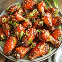 To make tasty Sriracha honey chicken wings, you need these main ingredients: - 2 pounds chicken wings - 1/3 cup Sriracha sauce - 1/4 cup honey - 2 tablespoons soy sauce - 2 tablespoons rice vinegar - 2 cloves garlic, minced - 1 teaspoon ginger, grated - Salt and pepper to taste - 1 tablespoon sesame oil These ingredients create a sweet and spicy glaze that coats the wings perfectly. You can add these optional ingredients to boost flavor: - 2 green onions, sliced (for garnish) - Sesame seeds (for garnish) Using green onions and sesame seeds not only adds taste but also makes the dish look great. To complete your meal, consider these pairings: - Fresh vegetable sticks (like carrots and celery) - A cool dip (ranch or blue cheese) - Crispy fries or sweet potato fries These sides balance the heat from the wings. They also make for a fun meal with friends. For the full recipe, check out the details above. To make Sriracha honey chicken wings, you need to follow a few simple steps. First, gather all your ingredients. You will need chicken wings, Sriracha sauce, honey, soy sauce, rice vinegar, garlic, ginger, salt, pepper, sesame oil, green onions, and sesame seeds. Next, preheat your oven to 425°F (220°C). 1. Preheat the Oven: Start by preheating your oven. Line a baking sheet with aluminum foil. This makes cleanup easy. 2. Prepare the Marinade: In a big bowl, mix the Sriracha sauce, honey, soy sauce, rice vinegar, minced garlic, grated ginger, sesame oil, salt, and pepper. Whisk until smooth. 3. Marinate the Wings: Add the chicken wings to the bowl. Toss them well to coat. Cover the bowl with plastic wrap. Let it sit in the fridge for at least 30 minutes. If you have time, marinate for up to 2 hours for more flavor. 4. Bake the Wings: Place the wings on the rack over the baking sheet. Make sure they are in a single layer. Bake for 25 minutes. Then, flip the wings and bake for another 10-15 minutes until they are crispy. 5. Glaze the Wings: In the last 5 minutes, take the wings out. Brush them with the leftover marinade. Return them to the oven for a final crisping. 6. Garnish and Serve: Once done, let the wings rest for a few minutes. Garnish with sliced green onions and sesame seeds before serving. To get crispy wings, follow these tips: - Use a rack to allow air to flow around the wings. - Bake at a high temperature to render fat and crisp up the skin. - Always flip the wings halfway through cooking to ensure even crispness. By following these steps, you will have delicious Sriracha honey chicken wings ready in no time. For the full recipe, refer to the Full Recipe section. To get the best flavor, marinate your chicken wings well. Use a large bowl for mixing the marinade. I suggest letting the wings soak for at least 30 minutes. For deeper taste, let them sit for two hours. The longer they marinate, the better they taste. Make sure to coat every wing well in the marinade. You can use a zip-top bag for easy mixing and storage. The key to crispy wings is the oven's heat. Preheat your oven to 425°F (220°C) for great results. Line a baking sheet with foil and place a rack on top. This helps the wings cook evenly. Arrange the wings in a single layer on the rack. Bake them for 25 minutes. Flip the wings and bake for another 10-15 minutes. This ensures they get crispy all around. In the last five minutes, brush them with leftover marinade for a nice glaze. Adjusting spice levels is simple. If you like it hot, add more Sriracha. If you prefer it milder, use less. You can also mix in some honey to tone down the heat. Taste the marinade before adding the wings. This way, you can find the right balance for your taste. Remember, you can always add more spice later, but you can't take it out! {{image_2}} You can easily change the flavor of your Sriracha honey chicken wings. Try adding lime juice for a zesty twist. You can also mix in some orange juice for a sweet touch. If you want a smokier flavor, add a bit of smoked paprika. You can even use different hot sauces if you like more heat. Each option gives a new taste to the wings. Just remember to balance the sweet and spicy. Both grilling and baking can give you tasty wings. Grilling adds a nice char and smoky flavor. It’s great for summer cookouts. To grill, marinate the wings as usual, then cook them on medium heat. Flip them often to avoid burning. Baking, on the other hand, is simple and mess-free. Just follow the baking steps in the Full Recipe. You can enjoy both methods depending on your mood and season. The air fryer is a fantastic tool for crispy wings without much oil. Just preheat it, then cook the marinated wings at 400°F for about 25-30 minutes. Shake the basket halfway for even cooking. A slow cooker is another option. It keeps the wings moist and tender. Cook them on low for 4-6 hours after marinating. You can finish them in the oven or under the broiler to crisp up the skin. Each method gives a different texture and taste. After enjoying your Sriracha honey chicken wings, you might have some left. To store them, let the wings cool down first. Then, place them in an airtight container. You can keep them in the fridge for up to four days. This will keep them fresh and tasty for your next meal. When you're ready to eat the leftover wings, reheating them right helps. Preheat your oven to 350°F (175°C). Place the wings on a baking sheet. Heat them for about 10 to 15 minutes. This will help keep them crispy. If you want more flavor, brush on a bit of extra Sriracha or honey before reheating. This gives them a nice glaze. If you have more wings than you can eat, freezing is a great option. First, let the wings cool completely. Then, spread them out on a baking sheet. Freeze them for about an hour. Once they are solid, transfer them to a freezer-safe bag. You can keep them in the freezer for up to three months. When you’re ready to enjoy them, you can thaw and reheat them just like before. Yes, you can! If you want a milder taste, try sweet chili sauce. For a bolder flavor, use hot sauce like Frank's RedHot. You can also mix sauces. This gives you a unique taste. Just keep the honey to balance the heat. Chicken wings pair well with many sides. Here are some great options: - Celery sticks with ranch dressing - Carrot sticks with blue cheese dip - French fries or sweet potato fries - Coleslaw for crunch and freshness - Potato wedges for a hearty side These sides add fun and flavor to your meal. To make wings spicier, add more Sriracha or a dash of cayenne pepper. You can also mix in chili flakes. If you want them milder, reduce the Sriracha or add more honey. You could also use plain ketchup as a base. This helps keep the flavor while lowering the heat. This blog post covered how to make Sriracha honey chicken wings. We explored key ingredients and optional ones for more flavor. You learned step-by-step cooking methods and tips for crispy wings. We also shared variations and how to store leftovers effectively. Experiment with the different cooking methods to find what you love best. Enjoy these wings with your favorite sides for a great meal. Remember, cooking should be fun, so don’t be afraid to adjust flavors to your taste!