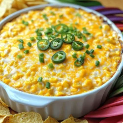 To make this dip, you need a few key items. Here’s the list: - 2 cups frozen corn, thawed - 1 cup cream cheese, softened - 1 cup sour cream - 1 cup shredded cheddar cheese - 1/2 cup diced jalapenos (fresh or pickled) - 1/4 cup chopped green onions - 1 teaspoon garlic powder - 1 teaspoon onion powder - Salt and pepper to taste - Tortilla chips, for serving These ingredients come together to create a creamy and cheesy dip that shines at any gathering. You can change the dip to fit your taste. Here are some ideas: - Add diced tomatoes for freshness. - Mix in black beans for extra protein. - Replace cheddar with Monterey Jack cheese for a different flavor. Feel free to get creative! Each change can give you a new twist. You will need some tools to make this dip. Here’s what I recommend: - A large mixing bowl - A spatula or wooden spoon for mixing - A baking dish for cooking - An oven to bake the dip Having the right tools will help you make this dip easily and quickly. For the full recipe, check out the details provided above. Start by gathering all your ingredients. You will need: - 2 cups frozen corn, thawed - 1 cup cream cheese, softened - 1 cup sour cream - 1 cup shredded cheddar cheese - 1/2 cup diced jalapenos (fresh or pickled) - 1/4 cup chopped green onions - 1 teaspoon garlic powder - 1 teaspoon onion powder - Salt and pepper to taste - Tortilla chips, for serving Once everything is ready, preheat your oven to 350°F (175°C). This helps the dip cook evenly. In a large bowl, mix the softened cream cheese and sour cream. Stir until it becomes smooth and creamy. This step is key to a great texture. Next, add in the thawed corn, shredded cheddar cheese, diced jalapenos, chopped green onions, garlic powder, onion powder, salt, and pepper. Combine all of it well. You want every bite to be packed with flavor. Now, transfer the mixture into a baking dish. Use a spatula to smooth the top. This helps it bake evenly and looks nice when you serve it. Place the dish in the oven. Bake for 25-30 minutes. Look for the dip to be hot and bubbly, with slightly brown edges. This shows it is ready. Once done, carefully remove it from the oven. Let it cool for a few minutes before serving. This helps to avoid burns. Serve the dip hot in the baking dish. For a nice touch, sprinkle some extra chopped green onions on top. It adds color and freshness. Pair the dip with a bowl of colorful tortilla chips. This makes a great snack or appetizer. You can also serve it with fresh veggie sticks for a healthier option. If you want to impress your guests, consider serving it with a side of guacamole or salsa. This offers even more flavors to enjoy. For a full recipe, you can check the details above. To boost the flavor of your Cheesy Jalapeno Corn Dip, use fresh ingredients. Fresh jalapenos bring a bright crunch. You could also add smoked paprika for a warm, smoky taste. For a touch of zest, squeeze in some lime juice. This adds a fresh twist that balances the richness of the cream cheese. Don’t forget to season well with salt and pepper. Taste as you go to find the perfect mix for your palate. One common mistake is not thawing the corn properly. If it’s still frozen, the dip won’t blend well. Be sure to soften the cream cheese fully, too. If it’s too cold, it won’t mix smoothly. Another mistake is baking it for too long. Keep an eye on it so it doesn’t dry out. You want the dip hot and bubbly, not overcooked. Lastly, don’t skip the green onions. They add a fresh flavor and nice color. For a creamy dip, use full-fat cream cheese and sour cream. They provide the best texture. Mix them until smooth before adding other ingredients. If you want an even creamier dip, try adding some shredded mozzarella cheese. It melts beautifully and adds richness. Stir gently to keep the air in the dip. This helps maintain a light texture. Serve hot for the best creamy experience. Enjoy with crispy tortilla chips for the perfect bite! {{image_2}} If you want more heat, try adding more jalapenos. Use fresh jalapenos for a bolder flavor. You can also add a splash of hot sauce or diced serrano peppers. This will kick things up a notch. For those who love heat, consider using pepper jack cheese instead of cheddar. It's creamy and spicy! You can easily make this dip healthier. Swap out the cream cheese for Greek yogurt. It adds creaminess but with less fat. Use low-fat sour cream as well. You can also replace cheddar with a lighter cheese like mozzarella. This keeps the flavor while reducing calories. Seasonal ingredients can make this dip shine. In summer, add fresh corn cut from the cob. It tastes sweeter and fresher. In fall, try adding diced roasted red peppers. They add great flavor and color. You can also mix in herbs like cilantro or parsley for a fresh touch. For the full recipe, check out the [Full Recipe]. To store leftovers of Cheesy Jalapeno Corn Dip, cool it to room temperature first. Then, place the dip in an airtight container. Seal it tightly to keep it fresh. Store it in the fridge for up to three days. This will help maintain its creamy texture and flavors. When you're ready to enjoy the dip again, preheat your oven to 350°F (175°C). Transfer the dip to a baking dish if it's not already in one. Cover it with foil to prevent it from drying out. Heat for about 15-20 minutes or until it's warm. You can also use the microwave. Just heat in short bursts, stirring in between, until hot. If you want to save the dip for later, freezing is a great option. First, let it cool completely. Then, place the dip in a freezer-safe container. Leave some space at the top, as it may expand. Seal it well and freeze for up to three months. When you're ready to eat it, thaw it in the fridge overnight. Then, reheat as mentioned above. This method keeps your dip tasting fresh! For the full recipe, check the previous sections. To make Cheesy Jalapeno Corn Dip spicier, you can add more jalapenos. Use fresh jalapenos for a bold flavor. If you like heat, try adding a splash of hot sauce. You can also mix in some cayenne pepper or crushed red pepper flakes. For an extra kick, consider using pepper jack cheese instead of cheddar. This will give your dip a nice zing. Yes, you can make this dip ahead of time. Prepare the dip and place it in a baking dish. Cover it and store it in the fridge. When you are ready to eat, just pop it in the oven. Bake it at 350°F (175°C) for about 30 minutes, or until it’s hot and bubbly. This makes it easy for parties or gatherings. Cheesy Jalapeno Corn Dip pairs well with many snacks. The best option is tortilla chips. They are crispy and scoop up the dip easily. You can also serve it with fresh veggies like carrots, celery, or bell peppers. Another great choice is soft pita bread or crispy crackers. They all add a nice crunch to the creamy dip. For a fun twist, try serving it with mini tacos or quesadillas! For the full recipe, check out the complete guide. This blog post covered the key points for making Cheesy Jalapeno Corn Dip. You learned the main and optional ingredients, tools for prep, and step-by-step directions. We discussed tips for flavor, texture, and common mistakes. Variations let you spice it up or make it healthier. Lastly, I shared storage tips to keep your dip fresh. In the end, this dip offers a fun way to enjoy gatherings. Enjoy customizing it to fit your taste!