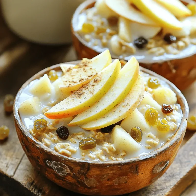 - 2 cups rolled oats - 2 apples, peeled, cored, and diced - 2 cups almond milk or any milk of choice - 1/2 cup maple syrup - 1 teaspoon vanilla extract - 1 teaspoon cinnamon - 1/2 cup raisins - 1/4 cup chopped walnuts or pecans When I make baked apple pie oatmeal, I love the simple ingredients. You start with rolled oats, which give a great base. Next, I add two apples. They should be peeled, cored, and diced. Granny Smith or Honeycrisp apples work best for their sweet and tart flavor. Then, we need two cups of almond milk or any milk you prefer. For sweetness, I use maple syrup. It adds a rich flavor. Vanilla extract gives a warm note, while cinnamon brings that cozy apple pie taste. If you want to add more texture, consider optional ingredients like raisins or chopped nuts. They add a nice crunch and extra flavor. This recipe is not only tasty but also easy to customize. You can mix and match as you like. For the full recipe, check the details above. Enjoy creating this comforting breakfast delight! - Preheat the oven to 350°F (175°C). - Grease a 9x9-inch baking dish with coconut oil or butter. - In a large mixing bowl, combine the rolled oats, diced apples, almond milk, maple syrup, vanilla extract, cinnamon, nutmeg, and salt. - Mix well until all ingredients blend together. - If using, fold in the raisins and nuts for extra flavor. - Pour the oatmeal mixture into the prepared baking dish. - Spread it evenly so it cooks well. - Bake for 35-40 minutes until golden and firm. - You’ll know it's done when the top looks crisp and the mixture holds together. This simple method turns whole ingredients into a warm, comforting meal. For the full recipe, check the section above. - Add a sprinkle of brown sugar on top before baking for a crispy topping. This little touch makes a big difference in texture. - Use different types of apples for varied sweetness and tartness. Mixing Granny Smith with Honeycrisp gives depth to the flavor. - Serve warm with a drizzle of maple syrup or a scoop of yogurt or ice cream. The warmth of the oatmeal pairs well with cold toppings. - Top with additional apple slices and a sprinkle of cinnamon. This enhances the apple pie taste and makes it look beautiful. - Serve in individual bowls for a cozy breakfast. This personal touch makes it feel special. - Garnish with fresh herbs like mint for a pop of color. Mint adds a fresh taste and makes the dish more inviting. {{image_2}} To make this baked apple pie oatmeal vegan, simply swap almond milk for coconut milk or oat milk. This keeps it creamy while staying plant-based. For those who need gluten-free options, use gluten-free oats instead of regular oats. This way, everyone can enjoy this delightful dish. Want to change up the taste? Try adding pumpkin spice for a cozy fall flavor. If you're in the mood for something sweet and rich, mix in cacao powder or sprinkle chocolate chips throughout the oatmeal. These small tweaks can give your breakfast a fun twist. The toppings can make your oatmeal even better! You can try adding nuts like pecans, almonds, or hazelnuts for a crunchy texture. A drizzle of nut butter, like almond or peanut butter, adds a creamy richness that pairs well with the apples. These simple changes can elevate your baked apple pie oatmeal experience. For the full recipe, check out the details above. Store leftover baked apple pie oatmeal in airtight containers in the fridge for up to 5 days. This makes it easy to enjoy a quick breakfast any day of the week. Just scoop out what you need, and you're ready to go! To reheat, pop your oatmeal in the microwave or oven. Heat until it is warm throughout. If you want a crispier top, use the oven. It brings back that fresh-baked taste. You can freeze individual portions for quick breakfasts. Just scoop them into small containers. Thaw them in the fridge overnight before reheating. This gives you a tasty, warm meal ready in no time. For the full recipe, check out the details above! You can make baked apple pie oatmeal healthier by reducing the maple syrup. You might also try using a natural sweetener like honey or agave. These options can lower sugar while keeping it tasty. Yes, you can prepare it the night before. Just cover it and refrigerate. In the morning, pop it in the oven to bake. This saves time and makes breakfast easy. You can pair this oatmeal with yogurt or ice cream. Fresh fruit works great too. These options create a complete meal that’s both filling and delicious. For this recipe, Granny Smith or Honeycrisp apples work best. They have a good mix of sweetness and tartness. This balance makes your oatmeal taste just like apple pie. This recipe makes a tasty baked apple pie oatmeal. You combine oats, apples, almond milk, and spices, then bake until golden. For fun, add raisins or nuts. You can change it up with different apples or sweeteners. Store leftovers in the fridge or freeze portions for quick meals. This dish is not only easy to make but also delicious and satisfying. Enjoy your cozy breakfast!