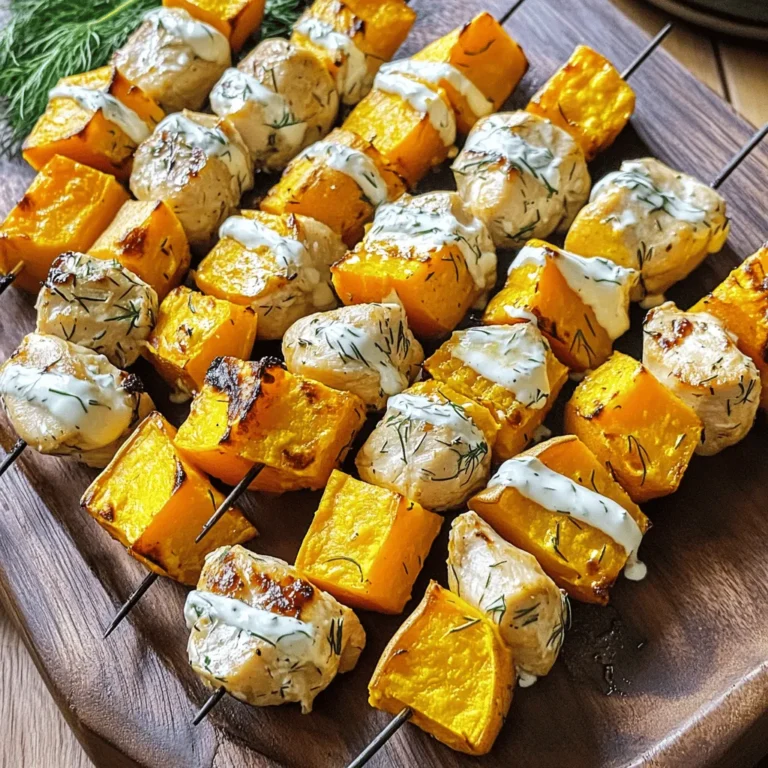 - 1 lb chicken breast, cut into 1-inch cubes - 2 medium sweet potatoes, peeled and cut into 1-inch cubes - 1 cup dill pickle juice - 1/2 cup ranch dressing The main ingredients for Pickle Ranch Chicken and Sweet Potato Skewers are simple and tasty. Chicken breast gives you lean protein. Sweet potatoes add sweetness and color. Dill pickle juice adds a tangy kick, while ranch dressing brings creaminess. - 1 tablespoon olive oil - 1 teaspoon garlic powder - 1 teaspoon onion powder - 1 teaspoon smoked paprika - Salt and pepper to taste For the seasoning, I use olive oil for moisture. Garlic and onion powders enhance flavor without overpowering. Smoked paprika gives a nice depth and warmth. Salt and pepper are essential for balance. - Wooden skewers - Grilling equipment You will need wooden skewers. Soak them in water for 30 minutes to avoid burning. A grill or grill pan will help achieve those beautiful grill marks. This method makes the chicken juicy and the sweet potatoes tender. For the full recipe, check the previous section! First, take your chicken breast and cut it into 1-inch cubes. Place these cubes in a large bowl. Next, pour in 1 cup of dill pickle juice. This juice gives the chicken a unique, tangy flavor. Cover the bowl and let it marinate in the fridge for at least 1 hour. For even better taste, marinate overnight. While the chicken marinates, let's prepare the sweet potatoes. Peel and cut two medium sweet potatoes into 1-inch cubes. In a separate bowl, toss these cubes with 1 tablespoon of olive oil. Add in 1 teaspoon of garlic powder, 1 teaspoon of onion powder, and 1 teaspoon of smoked paprika. Don’t forget to sprinkle in salt and pepper to taste. Mix everything well, so the sweet potatoes are evenly coated. Now, it’s time to assemble the skewers. Take your soaked wooden skewers and start adding the chicken and sweet potato cubes. Alternate between chicken and sweet potato. Aim for about 3-4 pieces of chicken and 2-3 sweet potato cubes on each skewer. This mix will make each bite flavorful and fun. Preheat your grill to medium-high heat. Once hot, place the skewers on the grill. Grill them for about 12-15 minutes. Make sure to turn them occasionally. You want the chicken to cook through and get nice grill marks. The sweet potatoes should also become tender. In the last few minutes, brush the skewers with ranch dressing. This adds extra flavor and makes them shine. After grilling, let the skewers sit for a couple of minutes before serving. For the full recipe, check out the details above. Marinating chicken in dill pickle juice gives it a unique tang. The acidity helps tenderize the meat. I recommend marinating for at least one hour. For the best taste, let it sit overnight. This way, the flavors really soak in. Use a glass or plastic bowl to avoid any reactions with the acid. To get perfect grill marks, preheat your grill to medium-high heat. Place the skewers on the grill and do not move them for two to three minutes. This helps create those nice marks. Turn the skewers gently every few minutes. This ensures even cooking and tenderness. The chicken should reach 165°F to be safe to eat. For a great presentation, use a large platter to serve the skewers. Drizzle extra ranch dressing on top or serve it on the side. Fresh herbs like dill or parsley add color and flavor. Pair these skewers with a fresh salad or grilled veggies for a complete meal. If you're feeling fancy, squeeze fresh lemon juice for a zesty kick. {{image_2}} You can switch up the chicken and sweet potatoes for other tasty options. Try shrimp for a seafood twist. Bell peppers add color and crunch. Zucchini or cherry tomatoes also work well. Feel free to mix and match your favorite veggies and proteins! Customize the flavors to suit your taste. Instead of ranch dressing, use a spicy sriracha sauce for heat. You might also try a honey mustard dressing for a sweet touch. Play around with spices like cumin or chili powder for added depth. If grilling isn't your thing, you can bake or air fry the skewers. For baking, preheat the oven to 400°F (200°C). Place the skewers on a baking sheet lined with parchment paper. Bake for about 25-30 minutes, flipping halfway through. For air frying, set the temperature to 375°F (190°C) and cook for about 12-15 minutes. Both methods yield delicious results! To store leftovers, let the skewers cool first. Place them in an airtight container. Make sure to cover the container well. Proper storage keeps flavors fresh. You can keep them in the fridge for up to three days. Reheating them in the microwave or on the grill works great. Just make sure they heat through completely. You can freeze these skewers for later. First, let them cool down completely. Wrap each skewer in plastic wrap. Then, place them in a freezer-safe bag. This way, they stay fresh for about three months. When you want to eat them, thaw in the fridge overnight. Reheat on the grill or in the oven. Heat until warm and cooked through. The shelf life of these skewers depends on how you store them. When refrigerated, they last for three days. If frozen, they can last up to three months. Always check for any off smells or colors before eating. If they look or smell bad, toss them out. For the best taste, enjoy them fresh! For the full recipe, check the earlier section. Yes, you can use frozen chicken. Just remember to thaw it first. The best way to thaw is in the fridge overnight. If you're in a hurry, you can use the microwave, but be careful not to cook it partially. Use fresh or thawed chicken for the best flavor and texture. To check if the chicken is done, use a meat thermometer. The internal temperature should reach 165°F. If you don't have a thermometer, cut into a piece. The meat should be white, not pink. Juices should run clear. This ensures your chicken is safe to eat. If you can't use dill pickle juice, try these options: - Lemon juice for a tangy flavor - White vinegar for acidity - Apple cider vinegar for a sweeter taste These alternatives can still add flavor to your dish without the pickles. Absolutely! You can marinate the chicken a day ahead. Just keep it in the fridge. You can also assemble the skewers in advance. Store them in an airtight container until you’re ready to grill. This makes busy days much easier! For the full recipe, check out the Pickle Ranch Chicken and Sweet Potato Skewers. This blog post covered tasty chicken and sweet potato skewers. We explored key ingredients, seasoning techniques, and tips for grilling. You learned how to marinate chicken and prepare sweet potatoes. We also shared ideas for variations and storage tips. In summary, these skewers are easy and fun to make. Feel free to tweak the recipe to fit your tastes. Whether grilling, baking, or air frying, enjoy delicious flavors with friends and family.