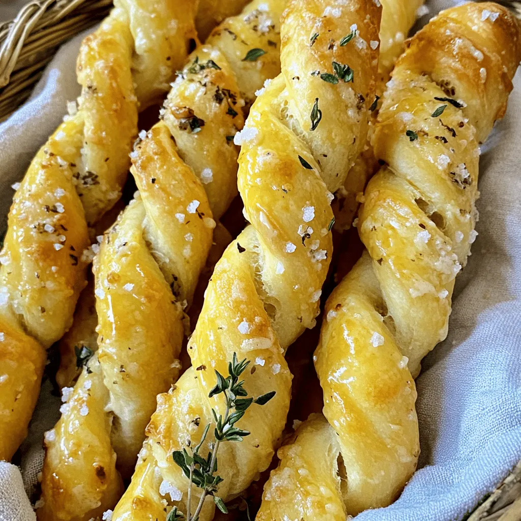 To make Garlic Parmesan Twisted Breadsticks, gather these simple ingredients: - 2 cups all-purpose flour - 1 teaspoon instant yeast - 1 teaspoon sugar - 1/2 teaspoon salt - 3/4 cup warm water (about 110°F or 43°C) - 2 tablespoons olive oil - 3 cloves garlic, minced - 1/4 cup grated Parmesan cheese - 1 teaspoon dried Italian herbs (oregano, basil, thyme) - 1 tablespoon butter, melted - Salt for sprinkling When measuring flour, spoon it into your cup, then level it off with a knife. This method helps avoid too much flour in your breadsticks. For liquids, use a clear measuring cup. Check at eye level to get the right amount. If you don’t have a scale, remember that 1 cup of all-purpose flour weighs about 120 grams. You can swap some ingredients to fit your taste or needs. Use whole wheat flour for a nuttier flavor. If you don't have instant yeast, active dry yeast works too, but let it bloom in warm water for ten minutes first. Try different cheeses like mozzarella or cheddar for a unique twist. If you want a vegan option, replace butter with olive oil and use a vegan cheese substitute. To make Garlic Parmesan Twisted Breadsticks, start by gathering your ingredients. This recipe is easy to follow and takes about 1 hour and 20 minutes. You will need to allow time for the dough to rise. 1. In a large mixing bowl, combine the flour, instant yeast, sugar, and salt. Whisk these dry ingredients well. 2. Make a well in the center. Add the warm water and olive oil. Mix until you see a shaggy dough. 3. Knead the dough on a floured surface for about 5 to 7 minutes. You want it to be smooth and elastic. 4. Place the dough in a lightly greased bowl. Cover it with a clean kitchen towel. Let it rise in a warm place for 1 hour, or until it doubles in size. 5. Preheat your oven to 400°F (200°C). Line a baking sheet with parchment paper. 6. Once the dough has risen, punch it down and turn it out onto a floured surface. Divide it into 8 equal pieces. 7. Roll each piece into a long rope, about 12 inches long. 8. Twist each rope gently. Place them on the prepared baking sheet, leaving space between each one. 9. In a small bowl, mix the minced garlic, grated Parmesan cheese, dried Italian herbs, and melted butter. 10. Brush this garlic-Parmesan mixture generously over each twisted breadstick. 11. Sprinkle a little salt over the top for extra flavor. 12. Bake in the preheated oven for 15 to 20 minutes. They should be golden brown when done. 13. Allow the breadsticks to cool slightly before serving. - Knead the dough well for the best texture. - Ensure your water is warm but not too hot; about 110°F (43°C) is ideal. - Let the dough rise in a warm spot. A sunny window works great! - Brush the breadsticks with more butter right after baking for added flavor. For the complete details, check the Full Recipe. To get your breadsticks just right, start with the dough. Knead it well for 5-7 minutes. This helps develop gluten, giving your breadsticks a nice chew. Roll each piece into a 12-inch rope. Twist them gently but firmly. Avoid pulling too hard, or they may break. Want to kick up the flavor? Add more garlic! Use four or five cloves for a stronger taste. You can also mix in herbs like rosemary or parsley. A sprinkle of red pepper flakes adds a nice kick, too. For extra cheesiness, try using a blend of cheeses. Mozzarella works well with Parmesan. One common mistake is not letting the dough rise enough. Make sure it doubles in size; this gives the breadsticks a light texture. Another mistake is not using enough flour when rolling. Too much stickiness can make twisting hard. Finally, don’t skip the salted sprinkle on top. It enhances the overall taste! For the full recipe, follow the steps carefully to create these tasty delights. {{image_2}} You can switch up the cheese in this recipe. Instead of Parmesan, try mozzarella for a gooey texture. Cheddar adds a sharp bite, while feta brings a salty kick. For a rich taste, use gouda. Mix different cheeses for a fun twist. Experimenting with cheese keeps the breadsticks exciting. Don't stop at garlic and Parmesan. Add fresh herbs like rosemary or thyme for extra taste. Try sun-dried tomatoes for a burst of flavor. A sprinkle of crushed red pepper gives a nice heat. For a sweet touch, mix in honey or maple syrup with the butter. These flavors will surprise your taste buds. You can make these breadsticks gluten-free. Use a gluten-free flour blend in place of regular flour. Ensure your baking powder is gluten-free too. The texture may change, but it will still taste good. Follow the same steps for mixing and baking. Enjoy your gluten-free version with the same tasty garlic and cheese toppings! To keep your Garlic Parmesan Twisted Breadsticks fresh, place them in an airtight container. You can also wrap them in plastic wrap if you do not have a container. Store them at room temperature for up to two days. If you want to keep them longer, refrigeration is best. Just note that they may lose some of their crunch. When you want to enjoy your leftovers, preheat the oven to 350°F (175°C). Place the breadsticks on a baking sheet and warm them for about 5-10 minutes. This method helps restore their crispy texture. You can also use a microwave for quick reheating, but they might get a bit soft. Heat them for about 20-30 seconds, checking frequently. To freeze the twisted breadsticks, first, let them cool completely. Then, wrap each breadstick tightly in plastic wrap. Place them in a freezer-safe bag or container. They can stay in the freezer for up to three months. When you're ready to eat them, thaw overnight in the fridge. Reheat as mentioned above for the best results. For the full recipe, check out the earlier section on this tasty treat! To make Garlic Parmesan Twisted Breadsticks from scratch, follow a few simple steps. First, mix the dry ingredients: flour, instant yeast, sugar, and salt. Then, make a well in the center. Add warm water and olive oil. Mix until you get a shaggy dough. Knead the dough for about 5 to 7 minutes. After that, let it rise until it doubles in size. Once risen, shape the dough into ropes and twist them. Finally, brush with a garlic-Parmesan mix and bake. For the complete process, check the Full Recipe link. Yes, you can use homemade dough for these breadsticks. Homemade dough can add a personal touch. Just make sure your dough is similar in texture to store-bought. You want it to be soft and easy to shape. The flavor from homemade dough will enhance your breadsticks. Experiment with different recipes to find a dough you love. Garlic Parmesan Twisted Breadsticks pair well with many dishes. You can serve them with marinara sauce for dipping. They also work great alongside soups and salads. Try them with a rich pasta dish to soak up the sauce. You could even enjoy them with a cheese platter. The options are endless, so get creative! You now have all the tools to make delicious Garlic Parmesan Twisted Breadsticks. From selecting the right ingredients to measuring tips, you’re set up for success. Follow the step-by-step instructions carefully, and remember the tips for a perfect twist. Explore various cheese options or creative flavors to make it your own. Store any leftovers safely, and refer to common questions if you need help. Enjoy making these breadsticks and impress your friends and family.