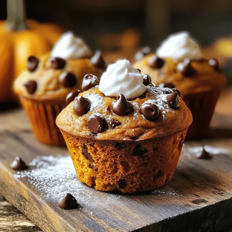- 1 cup canned pumpkin puree - 1/2 cup brown sugar - 1/4 cup granulated sugar - 1/3 cup vegetable oil - 2 large eggs - 1 teaspoon vanilla extract - 1 1/2 cups all-purpose flour - 1 teaspoon baking soda - 1/2 teaspoon baking powder - 1 teaspoon ground cinnamon - 1/2 teaspoon ground nutmeg - 1/4 teaspoon ground ginger - 1/4 teaspoon salt - 1 cup semi-sweet chocolate chips - Optional: 1/4 cup chopped walnuts or pecans These ingredients create a warm, sweet muffin. The pumpkin puree gives moisture and flavor. The brown sugar adds depth, while the granulated sugar provides sweetness. Vegetable oil keeps the muffins tender. Eggs are key for binding and rise. Vanilla extract brings warmth. Flour gives structure, while baking soda and powder help them rise. Spices like cinnamon, nutmeg, and ginger add cozy flavors. Chocolate chips bring joy in every bite. You can add nuts for crunch. For the full recipe, check the detailed instructions. - Preheat the oven to 350°F (175°C) and prepare the muffin tin. Use paper liners or grease it with non-stick spray. - In a large bowl, mix the wet ingredients: 1 cup of canned pumpkin puree, 1/2 cup of brown sugar, 1/4 cup of granulated sugar, 1/3 cup of vegetable oil, 2 large eggs, and 1 teaspoon of vanilla extract. Whisk until smooth. - In another bowl, combine the dry ingredients. This includes 1 1/2 cups of all-purpose flour, 1 teaspoon of baking soda, 1/2 teaspoon of baking powder, 1 teaspoon of ground cinnamon, 1/2 teaspoon of ground nutmeg, 1/4 teaspoon of ground ginger, and 1/4 teaspoon of salt. Mix well. - Gradually add the dry ingredients to the wet mixture. Stir gently until just combined. The batter should be thick and smooth. - Now, fold in 1 cup of semi-sweet chocolate chips and, if you like, 1/4 cup of chopped walnuts or pecans for extra texture. - Evenly distribute the batter into the muffin tin. Fill each cup about 3/4 full for the best rise. - Bake in your preheated oven for 18-20 minutes. Check with a toothpick. It should come out clean. - Once done, take the muffins out of the oven. Let them cool in the tin for 5 minutes. Then, transfer them to a wire rack to cool completely. For the full recipe, refer to the earlier sections. - Don't overmix the batter. Overmixing can make muffins tough. Mix gently until just combined. This keeps them fluffy and light. - How to check for doneness. Insert a toothpick into the center of a muffin. If it comes out clean, they are done. If it has wet batter, bake a few more minutes. - Adding spices or extracts. You can boost flavor by adding extra spices, like cloves or allspice. A splash of almond extract can also add a lovely twist. - Using different types of chocolate chips. You can swap semi-sweet chips for dark or milk chocolate. Try adding white chocolate chips for a sweet touch. Each type brings a unique taste to your muffins. Check out the Full Recipe for more details on how to create these delightful treats! {{image_2}} You can easily change ingredients to fit your needs. First, for a gluten-free option, use almond flour or a gluten-free flour blend. These work well and keep the muffins moist. Next, if you want dairy-free muffins, swap out the eggs. Use flax eggs instead. To make a flax egg, mix one tablespoon of ground flaxseed with three tablespoons of water. Let it sit for a few minutes until it thickens. You can also replace vegetable oil with coconut oil or applesauce. Both add moisture and flavor. Feel free to spice it up! Change the pumpkin spice blend for a different taste. You can add more cinnamon, or try cardamom for a unique twist. If you want your muffins to be fruity, consider mixing in cranberries or diced apples. These fruits add a nice tartness and moisture. You can even add nuts or seeds for an extra crunch. The choice is yours, so get creative and make it your own! For the full recipe, check out the detailed steps above. To keep your Pumpkin Chocolate Chip Muffins fresh, store them at room temperature. Place them in an airtight container. This helps to lock in moisture. They will stay good for up to three days. If you want to keep them longer, consider refrigeration. However, refrigeration might dry them out a bit. For best results, use a container that seals tightly. You can use plastic bins or glass jars. Make sure to line the bottom with wax paper. This helps prevent sticking. You can freeze these muffins to enjoy later. To freeze, wrap each muffin tightly in plastic wrap. Then place them in a freezer-safe bag. This helps prevent freezer burn. When you want to eat a muffin, simply take one out. Let it thaw in the fridge overnight or on the counter for a few hours. To warm them up, pop them in the microwave for about 15-20 seconds. This keeps the flavor and texture nice. For best taste, eat frozen muffins within three months. This way, they stay fresh and delicious, just like when you first baked them. Can I use fresh pumpkin instead of canned? Yes, you can use fresh pumpkin. Just cook it first. Cut the pumpkin, remove the seeds, and roast it until soft. Then, mash it well. This gives a nice, fresh taste. How do I ensure my muffins are moist and fluffy? To keep muffins moist, don’t overmix the batter. Mix until it’s just combined. Also, use a good amount of pumpkin puree. Adding a bit of oil helps too. What can I substitute for brown sugar? You can use white sugar and add a bit of molasses. One tablespoon of molasses for each cup of white sugar works well. This gives a similar taste. Can I make this recipe vegan-friendly? Yes, you can! Replace the eggs with flax eggs or applesauce. Use plant-based oil instead of regular oil. This makes the muffins vegan and still tasty. These Pumpkin Chocolate Chip Muffins are simple and fun to make. You learned the key ingredients, step-by-step instructions, and baking tips. I shared delicious flavor variations too. In the end, these muffins are perfect for any season. Experiment and enjoy your baking! You won’t regret trying these tasty treats.