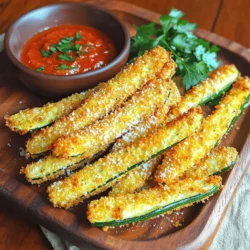 To make these crispy baked zucchini fries, start with fresh zucchinis. You need 3 medium zucchinis. Cut them into fry shapes. This gives them a nice, even cook. For the coating, use 1 cup of breadcrumbs. I recommend panko for extra crunch. It makes a big difference! Add ½ cup of grated Parmesan cheese for flavor and a great texture. Flavor is key! Use essential spices like 1 teaspoon of garlic powder, 1 teaspoon of onion powder, and ½ teaspoon of smoked paprika. These spices enhance the taste of your fries. You can also adjust the cheese based on your needs. If you want a healthier option, try nutritional yeast instead of cheese. It adds a cheesy flavor without the fat. For cooking, you will need cooking spray or olive oil. A light drizzle helps the fries crisp up nicely. When it comes to tools, grab a large mixing bowl for combining ingredients, and a baking sheet lined with parchment paper. This makes cleanup easy and helps the fries bake evenly. First, grab three medium zucchinis. Cut them into fry shapes. Aim for a size that’s about 1/4 inch thick. This helps them cook evenly. Once cut, sprinkle salt on the fries. Let them sit for about 10 minutes. This draws out moisture and keeps them crisp. Next, preheat your oven to 425°F (220°C). Line a baking sheet with parchment paper. This step makes cleaning easy and helps prevent sticking. Now, it's time to coat the fries. Start by beating one egg in a bowl. Dip each zucchini fry into the egg. Let the excess egg drip off. This step is key to avoid sogginess. In another bowl, mix breadcrumbs, Parmesan cheese, garlic powder, onion powder, smoked paprika, salt, and pepper. Take a zucchini fry from the egg and coat it in the breadcrumb mix. Press gently to help it stick. Place the coated fry on your baking sheet. Repeat with all the fries. Bake the fries in your preheated oven for 20 to 25 minutes. Make sure to flip them halfway through baking. This ensures they cook evenly and get crispy on all sides. When they turn golden brown, they are ready. Remove them from the oven and let them cool slightly. You can find the full recipe at the beginning of the article. Enjoy your crispy baked zucchini fries! To get the best crunch, use panko breadcrumbs instead of regular ones. Panko is lighter and flakier, which gives more air and texture. It helps your fries stay crisp after baking. Make sure to coat each fry evenly with oil. This oil helps the breadcrumbs brown and crisp up nicely. Use cooking spray or drizzle olive oil on top before baking. You can boost the taste of your fries with extra spices. Try adding Italian herbs like oregano or basil. For a kick, add a pinch of cayenne pepper. You can also experiment with dipping sauces. Marinara is a classic choice, but garlic aioli or ranch dressing works great too. These sauces add flavor and make each bite special. The thickness of your zucchini fries affects the cooking time. Thin fries cook faster, while thicker ones need more time. If your fries are cut thicker, try baking them for an extra 5 minutes. If you have a convection oven, it may cook faster than a regular one. Keep an eye on your fries to ensure they reach that perfect golden color. For the full recipe, check out the section above. {{image_2}} You can make mixed vegetable fries for fun. Try sweet potatoes, carrots, or bell peppers. Cut them into fry shapes like the zucchini. This keeps the cooking time about the same. Pair seasonal veggies with your zucchini for color and taste. For example, add butternut squash in autumn. It adds sweetness and a lovely orange hue. Add Italian herbs to your zucchini fries for a flavor boost. Use basil, oregano, or thyme. These herbs give a fresh taste. You can also try different cheeses. Parmesan is great, but cheddar or feta can add new flavors. Mixing cheeses can make your fries really special. If you want a gluten-free version, use crushed nuts instead of breadcrumbs. Almonds or walnuts work well. Another option is to use ground oats. They provide a nice crunch too. Make sure to check labels on any pre-made coatings. This way, you know they are gluten-free. After enjoying your crispy baked zucchini fries, store any leftovers in an airtight container. Use a container that fits them snugly. This helps keep them from moving around and breaking. To prevent sogginess, place a paper towel inside to absorb moisture. This tip works wonders! When it's time to enjoy your leftovers, the oven is best for reheating. Preheat it to 375°F (190°C). Place the fries on a baking sheet to restore their crunch. Bake for about 10 minutes. If you use a microwave, the fries may lose their crispiness. If you must use a microwave, heat them in short bursts. Check every 30 seconds to avoid overcooking. You can freeze zucchini fries for later! If you want to freeze them before cooking, flash-freeze them. Lay them out on a baking sheet in a single layer. After they are frozen solid, transfer them to a freezer bag. If you freeze them after cooking, let them cool first. Then, place them in a freezer-safe bag. To use frozen fries, thaw them in the fridge overnight. Bake them straight from the freezer at 425°F (220°C) for about 15-20 minutes. Enjoy crispy goodness anytime! Check out the Full Recipe for all the details. Yes, you can! Try using carrots, sweet potatoes, or eggplant. Cut them into fry shapes, just like zucchini. Each vegetable has its own unique flavor and texture. For example, sweet potatoes add a natural sweetness. Carrots have a nice crunch. Eggplant offers a softer bite. Adjust cooking times based on thickness for the best results. To add heat, mix cayenne pepper or chili powder into the breadcrumb mix. You can also sprinkle red pepper flakes for a kick. If you like a saucy dip, try a spicy aioli or hot sauce. This adds warmth without overpowering the flavor of the zucchini. I love serving these fries hot with marinara sauce or garlic aioli for dipping. You can also pair them with a fresh salad for a light meal. Sprinkle fresh herbs like parsley or basil on top for color and taste. Try adding a squeeze of lemon juice for a bright finish. Yes, you can prepare the breadcrumb mixture ahead of time. Store it in an airtight container in the fridge for up to a week. Just remember to coat the zucchini fries when you’re ready to bake. This keeps everything fresh and tasty. For the best flavor, use the mixture within a few days. For the full recipe, check out the details above! Zucchini fries can be fun and tasty. We covered ingredients, prep, and key tips to make them crispy. From choosing the right zucchini to trying healthier cheese options, every detail counts. Storing and reheating ensures you enjoy them later. Experimenting with spices and veggies can spice things up. By following these methods, you can create a delicious dish that everyone loves. Enjoy making your perfect zucchini fries!