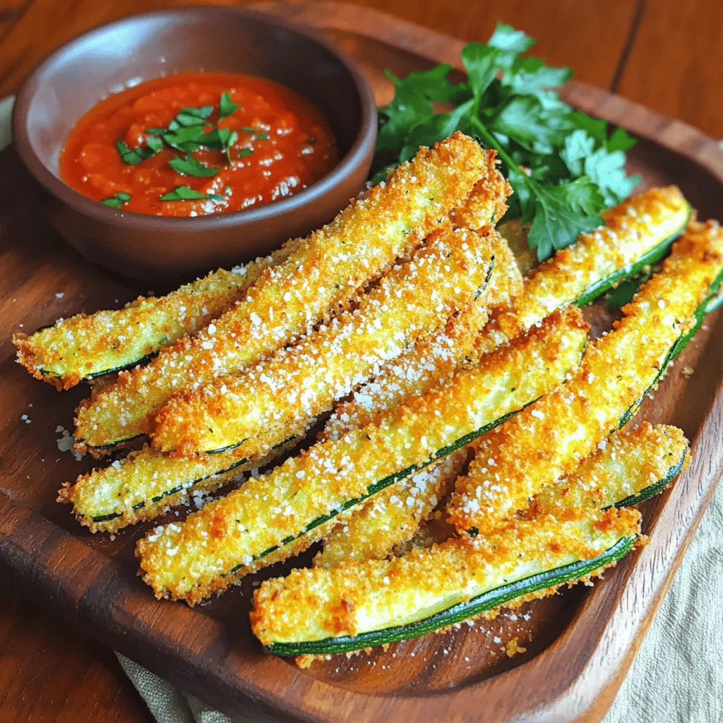 To make these crispy baked zucchini fries, start with fresh zucchinis. You need 3 medium zucchinis. Cut them into fry shapes. This gives them a nice, even cook. For the coating, use 1 cup of breadcrumbs. I recommend panko for extra crunch. It makes a big difference! Add ½ cup of grated Parmesan cheese for flavor and a great texture. Flavor is key! Use essential spices like 1 teaspoon of garlic powder, 1 teaspoon of onion powder, and ½ teaspoon of smoked paprika. These spices enhance the taste of your fries. You can also adjust the cheese based on your needs. If you want a healthier option, try nutritional yeast instead of cheese. It adds a cheesy flavor without the fat. For cooking, you will need cooking spray or olive oil. A light drizzle helps the fries crisp up nicely. When it comes to tools, grab a large mixing bowl for combining ingredients, and a baking sheet lined with parchment paper. This makes cleanup easy and helps the fries bake evenly. First, grab three medium zucchinis. Cut them into fry shapes. Aim for a size that’s about 1/4 inch thick. This helps them cook evenly. Once cut, sprinkle salt on the fries. Let them sit for about 10 minutes. This draws out moisture and keeps them crisp. Next, preheat your oven to 425°F (220°C). Line a baking sheet with parchment paper. This step makes cleaning easy and helps prevent sticking. Now, it's time to coat the fries. Start by beating one egg in a bowl. Dip each zucchini fry into the egg. Let the excess egg drip off. This step is key to avoid sogginess. In another bowl, mix breadcrumbs, Parmesan cheese, garlic powder, onion powder, smoked paprika, salt, and pepper. Take a zucchini fry from the egg and coat it in the breadcrumb mix. Press gently to help it stick. Place the coated fry on your baking sheet. Repeat with all the fries. Bake the fries in your preheated oven for 20 to 25 minutes. Make sure to flip them halfway through baking. This ensures they cook evenly and get crispy on all sides. When they turn golden brown, they are ready. Remove them from the oven and let them cool slightly. You can find the full recipe at the beginning of the article. Enjoy your crispy baked zucchini fries! To get the best crunch, use panko breadcrumbs instead of regular ones. Panko is lighter and flakier, which gives more air and texture. It helps your fries stay crisp after baking. Make sure to coat each fry evenly with oil. This oil helps the breadcrumbs brown and crisp up nicely. Use cooking spray or drizzle olive oil on top before baking. You can boost the taste of your fries with extra spices. Try adding Italian herbs like oregano or basil. For a kick, add a pinch of cayenne pepper. You can also experiment with dipping sauces. Marinara is a classic choice, but garlic aioli or ranch dressing works great too. These sauces add flavor and make each bite special. The thickness of your zucchini fries affects the cooking time. Thin fries cook faster, while thicker ones need more time. If your fries are cut thicker, try baking them for an extra 5 minutes. If you have a convection oven, it may cook faster than a regular one. Keep an eye on your fries to ensure they reach that perfect golden color. For the full recipe, check out the section above. {{image_2}} You can make mixed vegetable fries for fun. Try sweet potatoes, carrots, or bell peppers. Cut them into fry shapes like the zucchini. This keeps the cooking time about the same. Pair seasonal veggies with your zucchini for color and taste. For example, add butternut squash in autumn. It adds sweetness and a lovely orange hue. Add Italian herbs to your zucchini fries for a flavor boost. Use basil, oregano, or thyme. These herbs give a fresh taste. You can also try different cheeses. Parmesan is great, but cheddar or feta can add new flavors. Mixing cheeses can make your fries really special. If you want a gluten-free version, use crushed nuts instead of breadcrumbs. Almonds or walnuts work well. Another option is to use ground oats. They provide a nice crunch too. Make sure to check labels on any pre-made coatings. This way, you know they are gluten-free. After enjoying your crispy baked zucchini fries, store any leftovers in an airtight container. Use a container that fits them snugly. This helps keep them from moving around and breaking. To prevent sogginess, place a paper towel inside to absorb moisture. This tip works wonders! When it's time to enjoy your leftovers, the oven is best for reheating. Preheat it to 375°F (190°C). Place the fries on a baking sheet to restore their crunch. Bake for about 10 minutes. If you use a microwave, the fries may lose their crispiness. If you must use a microwave, heat them in short bursts. Check every 30 seconds to avoid overcooking. You can freeze zucchini fries for later! If you want to freeze them before cooking, flash-freeze them. Lay them out on a baking sheet in a single layer. After they are frozen solid, transfer them to a freezer bag. If you freeze them after cooking, let them cool first. Then, place them in a freezer-safe bag. To use frozen fries, thaw them in the fridge overnight. Bake them straight from the freezer at 425°F (220°C) for about 15-20 minutes. Enjoy crispy goodness anytime! Check out the Full Recipe for all the details. Yes, you can! Try using carrots, sweet potatoes, or eggplant. Cut them into fry shapes, just like zucchini. Each vegetable has its own unique flavor and texture. For example, sweet potatoes add a natural sweetness. Carrots have a nice crunch. Eggplant offers a softer bite. Adjust cooking times based on thickness for the best results. To add heat, mix cayenne pepper or chili powder into the breadcrumb mix. You can also sprinkle red pepper flakes for a kick. If you like a saucy dip, try a spicy aioli or hot sauce. This adds warmth without overpowering the flavor of the zucchini. I love serving these fries hot with marinara sauce or garlic aioli for dipping. You can also pair them with a fresh salad for a light meal. Sprinkle fresh herbs like parsley or basil on top for color and taste. Try adding a squeeze of lemon juice for a bright finish. Yes, you can prepare the breadcrumb mixture ahead of time. Store it in an airtight container in the fridge for up to a week. Just remember to coat the zucchini fries when you’re ready to bake. This keeps everything fresh and tasty. For the best flavor, use the mixture within a few days. For the full recipe, check out the details above! Zucchini fries can be fun and tasty. We covered ingredients, prep, and key tips to make them crispy. From choosing the right zucchini to trying healthier cheese options, every detail counts. Storing and reheating ensures you enjoy them later. Experimenting with spices and veggies can spice things up. By following these methods, you can create a delicious dish that everyone loves. Enjoy making your perfect zucchini fries!