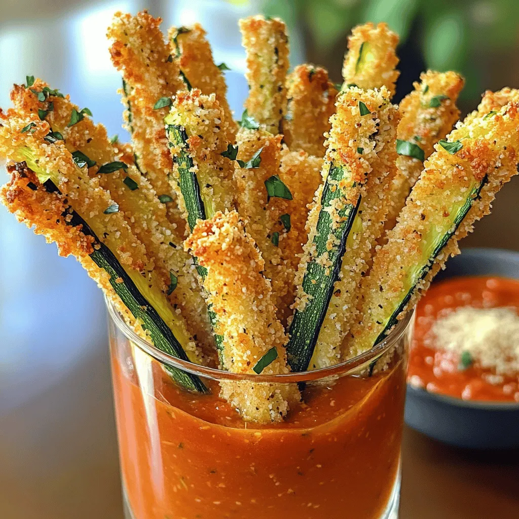 - Zucchini preparation and sizing - Use 2 medium zucchinis. - Wash and cut them into fry-sized sticks (about 3-4 inches long and ½ inch thick). - Dry ingredient details - 1 cup of panko breadcrumbs gives a nice crunch. - ½ cup grated Parmesan cheese adds flavor. - 1 teaspoon garlic powder enhances taste. - 1 teaspoon onion powder adds depth. - ½ teaspoon dried oregano brings an herby note. - ½ teaspoon paprika gives a touch of warmth. - Salt and pepper to taste for seasoning. - Liquid ingredient specifics - 2 large eggs are used for binding. - ¼ cup all-purpose flour helps with the coating. - Use cooking spray or drizzle olive oil for crispiness. These simple ingredients work together to create a tasty snack. For the full recipe, check out the Crispy Baked Zucchini Fries section. First, set your oven to 425°F (220°C). This high heat helps make the fries crispy. Next, line a baking sheet with parchment paper. This step makes cleanup easy and helps the fries not stick. To cut the zucchini, wash them first. Trim both ends off each zucchini. Then, slice them into fry-sized sticks. Each stick should be about 3-4 inches long and ½ inch thick. This size ensures even cooking and the best crunch. Now we move on to the fun part: breading! Start with three bowls. In the first bowl, place ¼ cup of all-purpose flour. In the second bowl, whisk together 2 large eggs. In the third bowl, mix 1 cup of panko breadcrumbs with ½ cup of grated Parmesan, 1 teaspoon of garlic powder, 1 teaspoon of onion powder, ½ teaspoon of dried oregano, ½ teaspoon of paprika, and a bit of salt and pepper. Take a zucchini stick. First, coat it in the flour. This helps the egg stick. Next, dip it in the egg mix. Finally, roll it in the panko mixture. Press the breadcrumbs gently to ensure they stick well. Repeat this step for all zucchini sticks. Once coated, lay them out on the baking sheet in a single layer. A light spray of cooking spray or a drizzle of olive oil helps achieve extra crispiness. For the complete method, check the Full Recipe. To get crispy baked zucchini fries, spacing is key. Make sure you place the fries in a single layer on the baking sheet. If they touch, they will steam instead of crisp. This simple step helps air circulate around each fry. The result? Perfectly golden and crunchy fries. Want to kick up the flavor? You can add spices to the panko mix. Consider adding chili powder for heat or Italian seasoning for a herby touch. You might try adding a pinch of cayenne for a spicy kick. Experimenting with flavors makes each batch unique, and you'll find your favorite mix. Baking zucchini fries offers a healthier option than frying. Traditional frying uses a lot of oil, which adds extra calories. With baking, you can use a light spray or drizzle of oil. This method still gives you that crispy texture without the guilt. Plus, it’s easier to clean up! {{image_2}} You can make these zucchini fries gluten-free. Use almond flour or crushed rice cereal instead of panko. Both options give a nice crunch. You can find gluten-free breadcrumbs at many stores, too. This swap ensures everyone can enjoy these tasty fries. Want to switch up the cheese? Use mozzarella or cheddar for a different flavor. If you prefer a vegan option, use nutritional yeast. It adds a cheesy taste without dairy. This ingredient is packed with nutrients and is a great choice for plant-based diets. Don't limit yourself to just one dip! Try ranch dressing, salsa, or spicy mayo. Each sauce brings a new twist to your crispy fries. You can even mix up your own dip using yogurt and herbs for a fresh taste. Get creative and have fun with your dips! For the full recipe, check out the Crispy Baked Zucchini Fries. To keep your zucchini fries fresh, let them cool first. Place them in an airtight container. Store the container in the fridge for up to three days. This way, they will stay tasty and ready to eat. You can freeze zucchini fries for later. If you want to freeze them before cooking, arrange the coated fries on a baking sheet. Freeze them for about an hour until firm. Then, transfer them to a freezer bag. If you cook them first, let them cool. Then, follow the same freezing steps. This will help keep their crunch when you cook them later. To reheat zucchini fries, use the oven. Preheat the oven to 400°F (200°C). Spread the fries on a baking sheet. Bake for about 10-15 minutes until crispy again. Avoid using a microwave, as it can make them soggy. If you want to use an air fryer, set it to 375°F (190°C) and cook for 5-7 minutes for a perfect crunch. For the best results, always aim to keep that crispiness. To make zucchini fries crispy, start with dry zucchini. After cutting, pat them with a paper towel. This helps remove excess moisture. Next, follow the three-step coating method: flour, egg, then panko. The panko adds a light crunch. Space the fries on the baking sheet. This allows hot air to circulate. Bake at a high temperature, around 425°F (220°C). Flip them halfway for even crispiness. Yes, you can use regular breadcrumbs. However, panko provides a lighter and crispier texture. Regular breadcrumbs are denser and can make the fries heavier. The flavor may also differ slightly. Panko absorbs less oil, keeping your fries healthier. If you prefer, you can mix both for a unique texture. Zucchini fries pair well with many dips. Marinara sauce brings a nice tang. Garlic aioli adds creaminess and flavor. You can also try ranch dressing for a classic taste. Spicy sriracha mayo gives a kick. For a healthy option, try tzatziki sauce. These choices will enhance the flavor of your crispy baked zucchini fries. Enjoy experimenting with your favorites! You now have all the tools to make crispy zucchini fries. We explored ingredients, prepping methods, and tips to enhance flavor and texture. You can swap ingredients for your needs and store leftovers properly. The baking process is easy and satisfying. Try these techniques and enjoy your delicious zucchini fries. They are a healthy snack that everyone can love. Happy cooking!