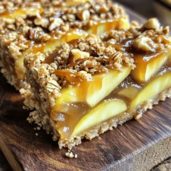 - 2 cups rolled oats - 1 cup all-purpose flour - 1/2 cup brown sugar, packed - 1/2 cup unsalted butter, softened - 1 teaspoon cinnamon - 1/2 teaspoon salt - 3 large apples, peeled, cored, and sliced thinly (preferably Granny Smith or Honeycrisp) - 1 cup caramel sauce (store-bought or homemade) - 1/4 cup chopped walnuts or pecans (optional) To make my Caramel Apple Crisp Bars, I use simple, fresh ingredients. The rolled oats give a hearty texture. They mix well with flour, brown sugar, and butter to form a delicious crust. I always choose Granny Smith or Honeycrisp apples. They have the right balance of tartness and sweetness. Slicing them thin helps them cook evenly. Cinnamon adds warmth and depth to the flavor. The caramel sauce is the star of the show, adding sweetness and richness. If you love nuts, toss in some chopped walnuts or pecans for a nice crunch. These ingredients come together to create a cozy treat. You can find the full recipe below to see how these elements blend perfectly into a delightful dessert. Preheating the Oven Start by preheating your oven to 350°F (175°C). This step is key for even baking. Mixing Ingredients In a large bowl, mix together the rolled oats, all-purpose flour, brown sugar, softened butter, cinnamon, and salt. It should feel crumbly. Make sure the butter mixes well into the dry ingredients. Forming the Crust Take half of this mixture and press it firmly into the bottom of a greased 9x13-inch baking dish. This forms a solid base for your bars. Arranging Apple Slices Take three large apples. Peel, core, and slice them thinly. Spread these apple slices evenly over the crust. Aim for even coverage to ensure each bite is tasty. Drizzling Caramel Sauce Now, drizzle half of your caramel sauce over the apple layer. This adds a rich sweetness and flavor to your bars. Adding Topping and Nuts Sprinkle the rest of the oat mixture over the apple and caramel layers. If you like, add chopped walnuts or pecans on top. This gives a nice crunch. Baking Time Place your dish in the oven. Bake for 25-30 minutes. Keep an eye on it. The top should turn golden brown, and the apples should become tender. Cooling Instructions Once baked, take it out and let it cool for about 15 minutes. This helps the bars set and makes cutting easier. Drizzling Additional Caramel Before slicing, drizzle the remaining caramel sauce on top. This adds a final touch of sweetness and makes your dessert look amazing. For the full recipe, check out the detailed instructions. How to Achieve a Golden Brown Top To get that golden brown color, bake your bars at 350°F. Watch closely during the last few minutes. If the top is not golden yet, leave it in a few extra minutes. You want a nice warm color, not burnt. Avoiding Soggy Bottoms A soggy bottom can ruin your treat. To prevent this, press the oat mixture well when forming the crust. Make sure to bake it long enough before adding apples. This helps create a sturdy base. Ensuring Apples are Tender Choose firm apples like Granny Smith or Honeycrisp. Slice them thinly; this helps them cook evenly. Bake until the apples are soft but not mushy. This way, they add texture and flavor to your bars. Best Accompaniments Caramel apple crisp bars pair well with vanilla ice cream. A scoop on the side makes it extra special. You can also serve it with whipped cream for a light touch. Presentation Ideas Cut the bars into neat squares for a clean look. Drizzle extra caramel sauce on top before serving. You can sprinkle some chopped nuts for a nice crunch. Serving Temperature Recommendations These bars taste great warm or at room temperature. If you want a cozy treat, serve them warm. If you prefer them chilled, let them cool completely before serving. Overmixing the Oat Mixture Mix just until combined. Overmixing can lead to tough bars. You want a crumbly texture for a great bite. Not Using the Right Apple Variety Stick to tart apples like Granny Smith. Sweet apples may not balance the flavors well. The right apple keeps the bars from being too sweet. Skipping the Cooling Time Do not rush the cooling time. Letting them cool helps them set properly. If you cut them too soon, they may fall apart. Give them at least 15 minutes before slicing. For more detailed instructions and ingredients, check out the Full Recipe. {{image_2}} Alternative Sweeteners If you want less sugar, use honey or maple syrup. These natural sweeteners add flavor and moisture. You can also try coconut sugar for a richer taste. Vegan and Gluten-Free Options To make this recipe vegan, swap the butter for coconut oil or vegan butter. For a gluten-free version, use gluten-free flour. Make sure your oats are certified gluten-free to avoid cross-contamination. Different Nut Varieties Try using almonds or pecans instead of walnuts. Each nut brings its unique flavor and crunch. If you prefer no nuts, simply leave them out. Adding Spices and Extracts Mix in nutmeg or ginger for extra warmth. A splash of vanilla extract can also enhance the flavor. These small changes can make a big impact on taste. Incorporating Dried Fruits Add raisins or cranberries for chewy bites. They pair well with the apples and caramel. Just make sure to adjust the sweetness to balance everything. Swapping Caramel for Other Sauces Trade caramel for chocolate or butterscotch sauce. Each option gives a new twist to the bars. Experiment to find your favorite combination. Transforming Bars into Muffins Pour the mixture into muffin tins instead of a baking dish. This makes perfect, portable treats. Just adjust the baking time to about 15-20 minutes. Making Individually Wrapped Treats Cut the bars into small squares. Wrap them in parchment paper for easy sharing. This is great for parties or lunchboxes. Serving as a Pie Use a pie crust to make a delicious caramel apple pie. Layer the apple filling and oat topping as you would for the bars. Bake until golden and enjoy a different take on this classic dish. For the full recipe, please refer back to the detailed instructions above. To keep your caramel apple crisp bars fresh, store them in the fridge. Use an airtight container. This helps keep moisture out and flavor in. They stay tasty for about five days. If you want to enjoy them at their best, eat them within the first few days. If you want to keep them longer, freezing works well. Wrap each bar in plastic wrap and then place them in a freezer bag. This helps avoid freezer burn. They can last for up to three months in the freezer. To enjoy them, thaw in the fridge overnight. Reheat them in the oven at 350°F (175°C) for about 10 minutes. This will warm them and make them nice and soft again. These bars last about five days in the fridge. In the freezer, they last up to three months. Watch for signs of spoilage. If you see mold or the bars smell off, toss them. Freshness matters when it comes to taste. Enjoy your caramel apple crisp bars while they are at their best! For the full recipe, check back to the ingredients section. The best apples for these bars are Granny Smith and Honeycrisp. Granny Smith apples add a nice tartness. Honeycrisp apples bring a sweet crunch. You can mix both for a great flavor. A variety of apples gives depth to your dish. Yes, you can make these bars ahead of time. Prepare the bars and store them in the fridge. They will stay fresh for up to three days. Serve them warm or at room temperature. Just reheat them slightly in the oven for best results. Making homemade caramel sauce is simple. You will need sugar, butter, and cream. Melt sugar in a pan until it is golden brown. Add in butter and stir. Once melted, pour in the cream slowly. Stir until smooth. To perfect your caramel sauce, watch the color closely. A deep golden color means it is ready. If it burns, start over. Do not rush this process; patience makes perfect sauce. Yes, you can use store-bought caramel sauce. Look for high-quality brands without additives. This gives a rich flavor that complements your bars. Store-bought sauces may taste sweeter than homemade. Adjust the amount you use based on your preference. You will know the bars are done when the top is golden brown. The apples should be tender but not mushy. A toothpick inserted should come out clean. Keep a close eye on the bars during the last few minutes of baking. This ensures they do not overcook. This article covers everything you need to make tasty caramel apple crisp bars. We discussed ingredients, step-by-step instructions, tips for baking, and common mistakes to avoid. You can even try different variations and storage methods. These bars are sure to impress friends and family. Remember to choose the right apples and let them cool after baking for the best taste. Enjoy your delicious creation and share your results!