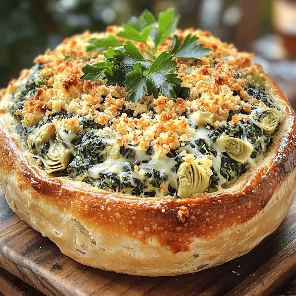 - 1 large round sourdough bread loaf - 1 cup fresh spinach, chopped - 1 cup canned artichoke hearts, drained and chopped - 1 cup cream cheese, softened - 1/2 cup Greek yogurt - 1 cup shredded mozzarella cheese - 1/2 cup grated Parmesan cheese - 2 cloves garlic, minced - 1 teaspoon lemon juice - 1/2 teaspoon red pepper flakes - Salt and pepper to taste - Fresh parsley for garnish (optional) The main ingredients form the heart of this dish. The sourdough bread loaf serves as a tasty vessel for the rich filling. Sourdough has a crisp crust and soft inside, making it perfect for holding flavors. The spinach and artichokes provide a fresh, earthy flavor. Cream cheese and Greek yogurt give the filling a smooth and creamy texture. The cheeses add a savory taste. Mozzarella melts beautifully, while Parmesan provides a sharp flavor. This mix of ingredients creates a mouth-watering dish that is hard to resist. The seasonings enhance the flavor. Garlic adds depth, while lemon juice brightens the mix. Red pepper flakes bring a hint of heat, which balances well with the creaminess. Salt and pepper are must-haves, too; they bring everything together. This dish is not just tasty but also easy to make. You can find all these ingredients at your local grocery store. For the full recipe, check the earlier section. Enjoy cooking! - Preheat oven to 375°F (190°C). - Cut the top off the sourdough loaf and hollow out the inside. Set the bread crumbs aside for later. - In a mixing bowl, combine the chopped spinach, artichoke hearts, cream cheese, Greek yogurt, mozzarella cheese, Parmesan cheese, minced garlic, lemon juice, and red pepper flakes. Mix well until all the ingredients blend together. This creamy filling is where the magic happens. Each bite will burst with flavor, making it a crowd-pleaser. - Spoon the spinach-artichoke mixture into the hollowed-out bread loaf. Press it down gently as you fill it to avoid overflow. - Place the stuffed loaf on a baking sheet and sprinkle the reserved bread crumbs on top. This adds a nice crunch. - Bake in the preheated oven for 25-30 minutes. Check for doneness when the bread turns golden and the cheese bubbles. The aroma will fill your kitchen, tempting everyone nearby. - Allow the stuffed bread to cool slightly before slicing into wedges. - For a lovely presentation, serve the stuffed bread on a wooden board. Add a side of extra spinach-artichoke dip for dipping. Garnish with fresh parsley for a pop of color. This dish is perfect for parties, game days, or a cozy family dinner. Remember, this Spinach Artichoke Stuffed Bread is not just a meal; it’s an experience. You can find the Full Recipe to guide you through each step. To get the best texture in your Spinach Artichoke Stuffed Bread, focus on the filling. Use fresh spinach and artichokes for a vibrant taste. Make sure your cream cheese is soft. This helps the mixture blend well. Mixing the filling until smooth makes a big difference. When it comes to baking, I suggest using a rimmed baking sheet. This helps catch any drips while the bread bakes. Line it with parchment paper for easy cleanup. It also helps the bread cook evenly. A common mistake is overfilling the bread loaf. This can cause the filling to spill out during baking. To prevent this, fill the loaf gently, packing it just enough to hold together. Another mistake is not seasoning enough. Always taste your filling before baking. Add salt and pepper as needed. The right seasoning brings out all the flavors. For mixing, I recommend using a large, sturdy mixing bowl. A glass or ceramic bowl works best. It allows you to see the mixture as you stir. You will need a sharp bread knife for cutting the loaf. A flexible spatula is also handy for scooping out the filling. Don't forget your baking sheet for the final step! Feel free to check the Full Recipe for more detailed steps. Enjoy your cooking! {{image_2}} You can switch up the cheeses in this recipe. If you want a sharper taste, use aged cheddar. For a creamier mix, try goat cheese. Both choices will give you a unique flavor. You can also use fresh or frozen spinach. Fresh spinach brings a vibrant taste, but frozen works well too. Just be sure to thaw and drain it first. This ensures your mix does not get too watery. For extra flavor, add sun-dried tomatoes. Their rich taste pairs well with spinach and artichokes. Chop them finely and mix them into the filling. You can also incorporate different herbs. Basil or oregano can brighten the dish. Fresh herbs add a nice touch, while dried herbs can deepen the flavor. To make this dish gluten-free, select a gluten-free bread. Many stores offer gluten-free options that taste great. You won’t lose any flavor with this swap. If you want vegan options, choose dairy-free cream cheese. You can replace Greek yogurt with a nut-based yogurt. This keeps the creamy texture without using animal products. For the cheese, use vegan cheese shreds for a cheesy bite. With these swaps, everyone can enjoy this tasty bread. Check the full recipe for more details. To keep your leftover spinach artichoke stuffed bread fresh, wrap it tightly in plastic wrap or foil. You can also place it in an airtight container. This helps keep moisture in and prevents it from drying out. For best results, store it in the fridge. It stays good for about 3 days. For reheating, I recommend using the oven. Preheat it to 350°F (175°C) and place the stuffed bread on a baking sheet. Heat it for about 10-15 minutes. This keeps the bread crispy and the filling warm. If you use a microwave, heat it in short bursts of 30 seconds. The microwave can make the bread chewy. To fix this, you can place it in the oven for a few minutes after microwaving. You can freeze the stuffed bread before or after baking. If you freeze it before baking, wrap it well and store it for up to 3 months. When ready to bake, let it thaw in the fridge overnight. Bake it as usual. If you freeze it after baking, it can last for about 2 months. Just make sure to let it cool completely before wrapping it for freezing. It takes about 15 minutes to prepare the ingredients. The cooking time is around 30 minutes. So, in total, you need about 45 minutes from start to finish. This makes it a quick and tasty option for any meal. Yes, frozen spinach works well in this recipe. Just make sure to thaw it first. Squeeze out any extra water. This keeps the filling from getting soggy. Frozen spinach is a great time-saver. It is often just as nutritious as fresh spinach. You can serve this stuffed bread with a fresh salad. A light vinaigrette pairs nicely. You could also serve it with more spinach-artichoke dip for extra flavor. Chips or crisp veggies are great for dipping too. Yes, you can prepare it ahead of time. Mix the filling and stuff the bread. Cover it and keep it in the fridge for up to 24 hours. When you’re ready, just bake it. This makes it easy for parties or quick dinners. This blog discussed how to make delicious Spinach Artichoke Stuffed Bread. You learned about the key ingredients, preparation steps, baking tips, and variations. Each point helps you create a tasty dish. Remember to avoid common mistakes for best results. Keep experimenting with flavors and ingredients. This dish is versatile and rewarding. With practice, you can impress your friends and family. Enjoy your cooking adventure!