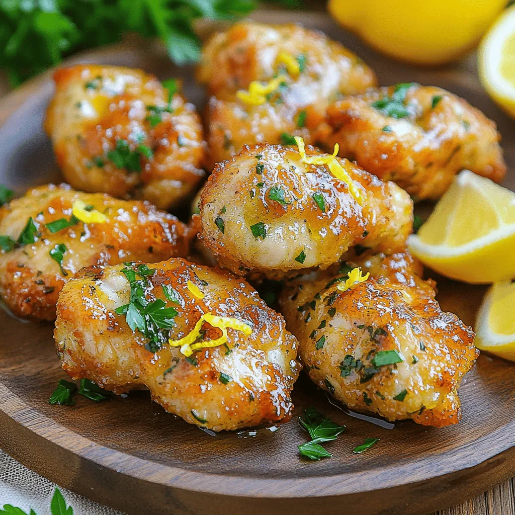 For garlic herb chicken bites, the right ingredients make all the difference. Let's break them down. - Chicken and Marinade Components - 1 pound chicken breast, cut into bite-sized pieces - 3 tablespoons olive oil - 4 cloves garlic, minced - Herbs and Seasonings - 1 teaspoon dried oregano - 1 teaspoon dried thyme - 1 teaspoon paprika - Salt and pepper to taste - Additional Flavor Enhancers - 2 tablespoons fresh parsley, chopped - Zest of 1 lemon - Lemon wedges for serving Each ingredient plays a key role. The chicken is the star, while olive oil ensures moisture. Garlic adds boldness. Oregano and thyme bring warmth, while paprika gives a touch of color. Salt and pepper enhance all these flavors. Fresh parsley adds brightness, and lemon zest gives a zesty finish. I love how these ingredients work together. They create a dish that is not just tasty but also easy to make. For the full recipe, check out the details above. Enjoy cooking! Start by mixing the chicken with olive oil and spices. I like to use fresh garlic, dried oregano, and thyme. These herbs add great flavor. The key to tasty chicken bites is marinating them well. I suggest marinating for at least 30 minutes. If you have time, let them sit for up to 2 hours. This time allows the chicken to soak up all the flavors. Make sure every piece is coated. This step is crucial for a deep, rich taste. Next, you need to preheat your skillet. Heat it over medium-high heat. Add a splash of olive oil to get it ready. Once hot, it's time to add the chicken bites. Place them in a single layer in the pan. This helps them cook evenly. Cook for about 5 to 7 minutes. Turn them occasionally to brown all sides. You want them golden and cooked through. Use a meat thermometer to check. The chicken should reach 165°F for safety. In the last minute of cooking, add fresh parsley and lemon zest. This brightens up the dish and adds freshness. Give everything a good stir to mix well. Once done, remove the pan from heat and transfer the chicken to a plate. Serve it hot with lemon wedges on the side. The lemon adds a nice zing that pairs perfectly with the garlic and herbs. For the full recipe, check back to ensure you don't miss any details. Duration for Maximum Flavor To get the most flavor, marinate the chicken for at least 30 minutes. If you have time, let it sit for two hours. The longer it marinates, the more the flavors soak in. Alternative Marinade Ingredients Want to switch things up? You can add honey for sweetness or mustard for tang. A splash of soy sauce can also give it a nice umami kick. Feel free to experiment with your favorite flavors. Skillet vs. Oven Cooking I prefer skillet cooking for this recipe. It gives a nice sear and keeps the chicken juicy. If you want to use the oven, it works too. Just set it to 400°F and bake for about 20 minutes. Ensuring Chicken is Juicy To keep your chicken juicy, don’t overcrowd the pan. Cook in batches if needed. Always check that the internal temperature reaches 165°F. This ensures that your chicken is safe to eat and not dry. Pairing Ideas Serve these chicken bites with a fresh salad or rice. They also go well with roasted vegetables. For a fun twist, try them in a wrap with some sauce. Presentation Tips For a great look, sprinkle extra parsley on top before serving. Use lemon wedges around the plate for color and flavor. A nice presentation makes the meal even more enjoyable. For the full recipe, check out the complete details above. {{image_2}} You can switch up the herbs for your garlic herb chicken bites. Some great options include: - Fresh basil for a sweet touch. - Rosemary adds a strong flavor. - Cilantro gives a bright and fresh taste. Want it spicy? Try these ideas: - Add red pepper flakes to the marinade for heat. - Use jalapeños or any hot sauce you like. You can use different proteins if you want a change. Here are some ideas: - Turkey breast works well and is lean. - Pork tenderloin adds a different flavor. If you prefer vegetarian options, consider these swaps: - Use tofu for a plant-based choice. - Cauliflower bites give a nice texture and flavor. You have options for cooking your chicken bites. Baking Instructions: - Preheat your oven to 400°F. - Place the marinated chicken on a baking sheet. - Bake for 20 minutes or until cooked through. Air Fryer Recommendations: - Preheat the air fryer to 375°F. - Place the chicken in a single layer. - Cook for about 10-12 minutes, shaking halfway through. These methods keep your bites juicy and full of flavor! For the full recipe, check out the detailed steps provided. To keep your Garlic Herb Chicken Bites fresh, use airtight containers. These containers help lock in flavor and moisture. You can also wrap the chicken in plastic wrap or foil. Store them in the fridge for up to three days. After that, the chicken might lose its taste and texture. If you have extra chicken bites, freezing is a great option. First, let the chicken cool completely. Place the bites in a single layer on a baking sheet. This step prevents them from sticking together. Freeze for about one hour. Once frozen, transfer them to a freezer bag. Remove as much air as possible to avoid freezer burn. When you're ready to enjoy them again, thaw the chicken bites in the fridge overnight. To reheat, you can use an oven or a skillet. Heat them until warm and crispy. This method keeps them tasty and enjoyable. For the full recipe, check out the earlier section. You can serve Garlic Herb Chicken Bites with many sides. A fresh green salad pairs well. Roasted veggies also make a great match. You might enjoy them with rice or pasta too. Garlic bread adds a nice touch. Feel free to get creative based on your taste. You can marinate the chicken for at least 30 minutes. For deeper flavor, try marinating for up to 2 hours. If you have more time, overnight marination works too. Just remember to keep it in the fridge while it soaks up those tasty flavors. Yes, you can use store-bought marinade for these chicken bites. Look for a garlic or herb flavor to match the recipe. This option saves time and still adds great taste. Just ensure it blends well with your ingredients. The best way to check if chicken is cooked is to use a meat thermometer. The internal temperature should reach 165°F. If you don't have one, cut through a piece to check. The meat should be white, not pink. Cooking it evenly in a single layer helps too. You can find pre-made Garlic Herb Chicken Bites at many grocery stores. Look in the freezer or deli sections. Some local markets may offer freshly made options, too. Always check the label for fresh ingredients. If you're up for it, I recommend making the full recipe at home for the best flavor. You learned how to make flavorful garlic herb chicken bites. We explored the right ingredients, marinating techniques, and cooking steps. I shared tips on perfecting flavors and serving ideas. Don't forget about the variations and how to store leftovers. With these methods, you can enjoy tasty meals anytime. Keep experimenting and have fun with the flavors. Cooking is all about creativity and joy. Enjoy your delicious chicken bites!