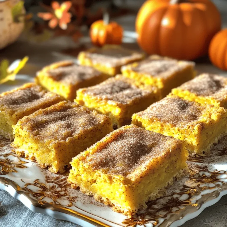 - 1 cup canned pumpkin puree - 1/2 cup melted coconut oil or unsalted butter - 1 cup brown sugar, packed - 1/2 cup granulated sugar - 2 large eggs - 1 teaspoon vanilla extract - 1 1/2 cups all-purpose flour - 1 teaspoon baking powder - 1 teaspoon baking soda - 1 teaspoon ground cinnamon - 1/2 teaspoon ground ginger - 1/4 teaspoon ground nutmeg - 1/4 teaspoon salt For the Cinnamon Sugar Topping: - 2 tablespoons granulated sugar - 1 tablespoon ground cinnamon When I make Snickerdoodle Pumpkin Bars, I love using canned pumpkin puree. It gives great flavor and a soft texture. If you want to use fresh pumpkin, you can. Just cook and mash it well. Next, melted coconut oil or unsalted butter adds moisture. I prefer coconut oil for a lighter taste. The combination of brown sugar and granulated sugar gives a sweet, rich taste. I use packed brown sugar to enhance the bars' chewiness. Two large eggs bind everything together, making the bars nice and fluffy. Don’t forget the teaspoon of vanilla extract, which adds warmth and richness to the flavor. For the base, all-purpose flour is key. It helps create that perfect soft texture. Baking powder and baking soda help the bars rise. The ground spices are what make these bars special. Cinnamon, ginger, and nutmeg bring a warm, cozy flavor that feels like fall. A pinch of salt helps balance the sweetness. Finally, for the cinnamon sugar topping, the mixture of sugar and cinnamon creates a sweet crust on top. This step makes the bars even more exciting. You can find the full recipe [Full Recipe] for more details on how to combine these ingredients. Enjoy the process, and get ready for a treat! 1. Preheat your oven to 350°F (175°C). Grease a 9x13-inch baking pan or line it with parchment paper. This makes it easy to remove the bars later. 2. In a large bowl, whisk together canned pumpkin puree, melted coconut oil (or unsalted butter), brown sugar, and granulated sugar. Mix until it is smooth and creamy. 3. Next, add eggs and vanilla extract to the mix. Whisk again until everything blends well. 4. In another bowl, combine all-purpose flour, baking powder, baking soda, ground cinnamon, ground ginger, ground nutmeg, and salt. Mix these dry ingredients well so they are evenly spread. 5. Slowly add the dry mixture to the wet ingredients. Stir gently until just combined. Be careful not to over-mix. This keeps your bars soft. 6. Pour the pumpkin batter into the prepared baking pan. Use a spatula to spread it evenly. 7. In a small bowl, mix granulated sugar and ground cinnamon for the topping. Sprinkle this mix over the top of the batter. 8. Bake in the preheated oven for 25-30 minutes. To check if they are done, insert a toothpick in the center. It should come out clean. 9. Let the bars cool in the pan for at least 10 minutes. Then, transfer them to a wire rack to cool completely. 10. Once cool, slice the bars into squares. You can serve them on a pretty platter. For a fun touch, dust them with powdered sugar or drizzle with a simple glaze. A sprinkle of cinnamon or a small pumpkin on the side adds a festive vibe. For the complete recipe, you can refer to the [Full Recipe]. To get soft, chewy bars, avoid over-mixing the batter. When you mix the dry ingredients with the wet, do this gently. Stop as soon as you see no dry flour. This keeps the bars tender. After baking, let the bars cool in the pan for about ten minutes. This helps them set. Then, transfer them to a wire rack. This will cool them completely and make them easier to cut. You can boost the flavor with extra spices. Try adding more cinnamon or a dash of cloves. A splash of vanilla extract can also add depth. For toppings, consider adding chopped nuts or chocolate chips. You can even drizzle some icing for a sweet touch. These changes can make your bars even more special. If you need vegan options, swap eggs for flax eggs. Mix one tablespoon of flaxseed meal with three tablespoons of water. Let it sit for a few minutes to thicken. For a dairy-free option, use coconut oil instead of butter. Want gluten-free bars? Substitute all-purpose flour with a gluten-free blend. Just be sure to check that the blend contains xanthan gum for best results. {{image_2}} You can make these Snickerdoodle pumpkin bars even better with fun twists. Try adding chocolate chips for a sweet surprise. The rich chocolate blends well with the spices. Here are some options to consider: - Chocolate chips: Use semi-sweet or dark chocolate for a nice contrast. - Nuts: Chopped walnuts or pecans add a crunchy bite. - Dried fruit: Raisins or cranberries infuse a fruity flavor. Experimenting with spices can bring new life to your bars. You can try different spice blends to find your favorite. Here are some fun ideas: - Different spices: Add cardamom or allspice for a unique taste. - Sweet potato: Swap pumpkin with sweet potato for a different texture. - Butternut squash: This squash offers a sweet and creamy option. How you serve these bars can change the whole experience. Pair them with various toppings to delight your guests. Here are some serving ideas: - Ice cream: A scoop of vanilla ice cream on top makes it a treat. - Whipped cream: Light whipped cream adds a fluffy touch. - Layered dessert: Stack the bars with layers of cream or pudding for fun. Feel free to mix and match these variations. Each choice will create a new flavor experience for you to enjoy. For the full recipe, check the section above. To keep your Snickerdoodle Pumpkin Bars fresh, store them in the refrigerator. Place the bars in an airtight container. This helps seal in moisture and flavor. You can also cover them tightly with plastic wrap. If you want to store them long-term, freezing is a great option. First, cut the bars into squares. Wrap each square in plastic wrap. Then, place the wrapped pieces in a freezer-safe bag. They will stay fresh for months this way. These bars last about 5 to 7 days in the fridge. Keep an eye on them for signs of spoilage. If you see any mold or an unusual smell, it's best to toss them. In the freezer, they can last up to 3 months. Thaw them in the fridge before eating. This ensures they taste just as good as when you first made them. To cut Snickerdoodle Pumpkin Bars, use a sharp knife. Wait for the bars to cool completely. This helps them hold their shape better. For clean cuts, wipe the knife between slices. You can also use a ruler to mark even portions. Aim for squares or rectangles, about two inches each. Enjoy the neat presentation! Yes, you can use fresh pumpkin! Start with a small pumpkin. Cut it, remove seeds, and roast it until soft. Then, scoop out the flesh and mash it. You’ll need about one cup of fresh puree. This gives a fresh taste, but ensure it’s not too watery. Drain excess liquid before mixing with other ingredients. To make gluten-free Snickerdoodle Pumpkin Bars, swap the all-purpose flour. Use a gluten-free flour blend instead. Make sure the blend contains xanthan gum for structure. Follow the same measuring instructions as with regular flour. The bars will still be soft and delicious! Just watch the baking time; they may need slight adjustments. Absolutely! Cream cheese frosting pairs well with these bars. Or, try a simple vanilla glaze. To make cream cheese frosting, beat together cream cheese, butter, powdered sugar, and vanilla. Spread it on cooled bars. For a glaze, mix powdered sugar with milk until smooth. Drizzle it over the bars for a sweet touch. Each Snickerdoodle Pumpkin Bar contains about 150 calories. They have 6 grams of fat, 23 grams of carbs, and 2 grams of protein. The bars also provide some fiber, thanks to the pumpkin. Remember, these values can change based on your ingredient choices. For healthier options, consider using less sugar or a sugar substitute. Yes, you can make these bars vegan! Replace the eggs with flax eggs. To do this, mix 1 tablespoon ground flaxseed with 3 tablespoons water. Let it sit for 5 minutes to thicken. Use plant-based butter instead of coconut oil. These swaps make the bars vegan while still being soft and tasty. This blog post shared a simple recipe for Snickerdoodle Pumpkin Bars. We covered the ingredients, preparation steps, and variations to enhance flavor. You learned about storage options and ways to make these bars fitting for various diets. In conclusion, these bars are fun to make and share. Enjoy getting creative with flavors and toppings. Your baking journey will surely bring smiles to everyone who tries them. Keep experimenting and have fun in the kitchen!