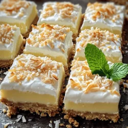 - 1 cup all-purpose flour - 1/4 cup powdered sugar - 1/2 cup unsalted butter, melted - 1 can (14 oz) coconut cream - 1 cup granulated sugar - 1/4 cup cornstarch - 1/2 teaspoon salt - 4 large egg yolks - 1 tablespoon vanilla extract - 1 cup heavy cream - 2 tablespoons powdered sugar (for whipping) - Sweetened shredded coconut (1 cup for crust and toasted flakes for garnish) To create Coconut Cream Pie Bars, you need a mix of dry and wet ingredients. First, the dry ingredients include flour and powdered sugar. These form the base of your crust. The wet ingredients consist of melted butter, coconut cream, and granulated sugar. These add moisture and sweetness to your dessert. Next, you have additional components that make the filling creamy and rich. Cornstarch helps thicken the filling, while salt enhances the flavor. The egg yolks add richness, and vanilla extract brings a warm, sweet note. Heavy cream, whipped with powdered sugar, will crown your bars perfectly. Finally, the sweetened shredded coconut gives the bars a tropical flair. These ingredients come together to create a dessert that is both delicious and visually stunning. You can find the full recipe to guide you through the steps. - Preheat oven to 350°F (175°C). - In a bowl, combine 1 cup of flour and 1/4 cup of powdered sugar. - Stir in 1/2 cup of melted butter until you have a crumbly dough. - Press this dough into the bottom of an 8x8-inch baking dish. - Sprinkle 1 cup of shredded coconut evenly over the crust. - Bake for 15-20 minutes or until the crust turns golden brown. - Once done, remove it from the oven and let it cool slightly. - In a medium saucepan, whisk together 1 can of coconut cream, 1 cup of granulated sugar, 1/4 cup of cornstarch, and 1/2 teaspoon of salt. - Cook this mixture over medium heat, stirring constantly until it thickens. - Once thickened, whisk in 4 large egg yolks for richness. - Mix in 1 tablespoon of vanilla extract before pouring it over the cooled crust. - Let the bars cool at room temperature for 1 hour. - Refrigerate for 3-4 hours to set completely. - For the topping, whip 1 cup of heavy cream with 2 tablespoons of powdered sugar until stiff peaks form. - Spread this whipped cream over the chilled coconut filling. - Garnish with toasted coconut flakes for extra flavor and crunch. For a detailed view of the steps, check the Full Recipe. - Use parchment paper for easier removal from the baking dish. - Make sure to press the crust firmly for a sturdier base. When you make the crust for your Coconut Cream Pie Bars, use parchment paper. This makes it simple to lift the bars out later. It saves time and mess. Press down the crust well. This helps it hold together and not crumble when you cut it. A sturdy crust means a better bar. - Stir continuously to prevent lumps while thickening. - Adjust sweetness based on preference by varying the sugar amount. To get a smooth filling, keep stirring as it heats. This stops lumps from forming. If you like your dessert sweeter, you can add more sugar. Taste as you go to find the right balance for you. Remember, coconut cream gives a rich flavor. - Chill the mixing bowl and beaters for better results. - Use heavy cream for a richer topping. For the best whipped cream, chill your bowl and beaters first. Cold tools help the cream whip up nicely. Use heavy cream for a thicker topping. It makes a big difference in taste and texture. Whip until you see stiff peaks. This means your cream is ready to top the bars perfectly. Enjoy your creation! {{image_2}} You can easily change the flavor of these bars. One fun option is to add lime zest. This gives your coconut cream pie bars a bright, tropical twist. Just mix in the zest when you make the filling. Another tasty idea is to add chocolate chips. This adds a rich flavor that pairs well with coconut. You can sprinkle the chips into the filling before pouring it over the crust. If you want a gluten-free option, you can swap the all-purpose flour for graham cracker crumbs. This crust still holds up well and adds a nice sweetness. For a bolder taste, try using a chocolate cookie crust. This will make your bars extra special and fun. Just crush your favorite chocolate cookies and use them as the base. Switching up the topping can also make your bars unique. Instead of toasted coconut, try crushed nuts for added crunch. Almonds or pecans work great. You can also drizzle melted chocolate on top for a fancy finish. This adds a touch of elegance and makes the bars look stunning. These variations keep your dessert exciting and allow you to impress your friends and family. For the complete recipe, check out the Full Recipe section. Store your coconut cream pie bars in an airtight container. They will stay fresh for up to 5 days. Keeping them sealed helps maintain their delicious taste and texture. If you want to save some for later, wrap each bar in plastic wrap. You can freeze them for up to 2 months. When you’re ready to enjoy, just thaw the bars in the refrigerator before serving. To keep the bars at their best, avoid adding whipped cream until you are ready to serve. This helps keep the texture nice and fluffy. If you don’t plan to serve right away, store the whipped cream separately. This way, it stays fresh and tasty! Yes, but the filling may be less rich and creamy. Coconut cream has a thicker texture. It adds a luxurious feel to the bars. If you want a lighter dessert, coconut milk works. Just know the flavor will change slightly. Ensure you cook the filling until thickened and refrigerate for the recommended time. Cooking the mixture helps it firm up. Stir constantly while cooking to avoid lumps. After pouring the filling over the crust, let it cool. Then, refrigerate for at least three to four hours to set fully. Bars are typically served in squares and have a crust with filling, while pie has a rounded crust. Bars are easy to cut and serve. Pies need a pie dish and are often deeper. Both are delicious, but bars offer a fun twist. Yes, substitute with non-dairy butter and coconut cream for a vegan version. This makes the bars dairy-free. You can still enjoy the same great taste. Use your favorite plant-based cream to keep it rich and creamy. Cut into even squares and sprinkle with additional toasted coconut or mint leaves before serving. This adds color and texture. You can also use a nice platter for serving. A little extra care in presentation makes a big difference. This recipe combines simple ingredients to make delicious coconut bars. You start by making a tasty crust and filling with coconut cream. Follow the steps carefully to get the best results. You can also explore fun variations, like adding lime zest or chocolate chips. Don’t forget about storage tips to keep your bars fresh. Enjoy experimenting with this recipe, and make it your own!