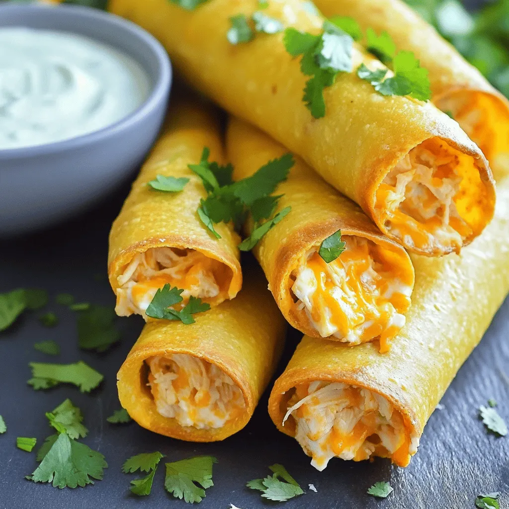 To make crispy buffalo chicken taquitos, you need the following key ingredients: - 2 cups cooked chicken, shredded - ½ cup buffalo sauce (choose mild or hot) - 1 cup shredded cheddar cheese - ¼ cup cream cheese, softened - 1 teaspoon garlic powder - 1 teaspoon onion powder - 8 small flour or corn tortillas - Oil for frying (vegetable or canola) - Fresh cilantro, chopped (for garnish) - Ranch or blue cheese dressing (for dipping) These ingredients work together to create a flavorful filling that packs a punch. For added flavor or texture, consider these optional ingredients: - Jalapeños, diced (for some heat) - Green onions, sliced (for freshness) - Extra spices like paprika or cayenne (for depth) - Avocado, sliced (for creaminess) These can elevate your taquitos and impress your guests. Here are the kitchen tools you’ll need to make the recipe: - Large mixing bowl (for combining ingredients) - Non-stick skillet (for softening tortillas) - Frying skillet (for frying taquitos) - Spatula (for turning taquitos) - Paper towels (for draining excess oil) - Toothpicks (to secure taquitos if needed) Having the right tools makes cooking easier and more fun. You can find the full recipe to guide you through each step. First, gather your ingredients. You need cooked chicken, buffalo sauce, cheddar cheese, cream cheese, garlic powder, onion powder, tortillas, and oil. In a large bowl, mix the shredded chicken with buffalo sauce. Add cheddar cheese, cream cheese, garlic powder, and onion powder. Stir until everything blends well. Next, heat a non-stick skillet over medium heat. This helps to soften the tortillas. Place a few tortillas in the skillet for about 10 seconds on each side. Remove them when they feel soft and easy to handle. Now, take each tortilla and put about 2-3 tablespoons of the chicken filling in the center. Roll the tortilla tightly, folding in the sides. If needed, secure the ends with a toothpick. This keeps the filling inside while cooking. In a large skillet, add about half an inch of oil and heat it over medium-high heat. Once the oil is hot, carefully place the taquitos seam-side down in the skillet. Fry them for about 2-3 minutes on each side. You want them to turn golden and crispy. After frying, remove the taquitos and place them on paper towels. This helps drain any extra oil. For a lovely presentation, arrange the taquitos on a serving platter. Garnish with fresh chopped cilantro on top. Serve them warm with ranch or blue cheese dressing on the side. This adds a nice touch for dipping. Enjoy your crispy buffalo chicken taquitos! For the complete recipe, refer to the section above. To get the best crispy taquitos, follow these steps: - Use fresh tortillas: Fresh tortillas roll better and stay intact. - Soften tortillas: Warm them in a skillet for a few seconds to make them pliable. - Don’t overfill: Use only 2-3 tablespoons of filling per tortilla. This helps them roll tightly. - Seal well: Make sure the edges are sealed to keep the filling inside while frying. - Fry at the right temperature: Oil should be hot enough to sizzle but not smoke. This ensures a crunchy texture. - Turn carefully: Use tongs to flip the taquitos slowly. This keeps them from breaking apart. Many people make the same mistakes. Here’s how to avoid them: - Using cold tortillas: Cold tortillas crack and break. Always warm them first. - Overcrowding the pan: Fry in batches. Overcrowding leads to soggy taquitos. - Not draining excess oil: Let taquitos rest on paper towels. This keeps them crispy. - Skipping seasoning: Make sure to season your filling. A well-seasoned filling makes a big difference. Dipping sauces can elevate your taquitos. Here are some great pairings: - Ranch dressing: This classic choice cools the heat of buffalo sauce. - Blue cheese dressing: Perfect for those who love that bold flavor. - Homemade ranch: Mix sour cream, mayo, garlic powder, and herbs for a fresh option. - Creamy avocado dip: Blend ripe avocados with lime juice and salt for a smooth dip. For the full recipe, check out the detailed instructions above. Enjoy your cooking! {{image_2}} You can easily swap ingredients in your taquitos. If you want a vegan option, try using jackfruit or tofu. These can mimic the texture of chicken well. For a spicy kick, switch buffalo sauce for a spicy barbecue sauce. You can also use tempeh for a hearty protein source. If you avoid gluten, use corn tortillas instead of flour. To spice up your taquitos, consider adding more flavors. Chopped jalapeños can bring heat and crunch. Different cheeses like pepper jack or queso fresco add creaminess. You can also sprinkle in some smoked paprika or cumin for depth. Fresh herbs like cilantro or chives add bright notes. Get creative with your favorite toppings! To make a full meal, pair your taquitos with tasty sides. Crunchy salad brings freshness and balance. Tortilla chips with salsa or guacamole offer a fun crunch. You might serve them with a side of coleslaw for a creamy contrast. Don’t forget to have ranch or blue cheese dressing handy for dipping! To keep your taquitos fresh, store them in an airtight container. Place a paper towel inside to absorb moisture. This helps maintain crunchiness. You can refrigerate them for up to three days. If you want to keep them longer, freezing is a great option. Make sure to wrap them in plastic wrap before placing them in a freezer-safe bag. This prevents freezer burn. To reheat taquitos and keep them crispy, use an oven or an air fryer. Preheat the oven to 375°F (190°C). Place the taquitos on a baking sheet and heat for about 10-12 minutes. Flip them halfway through to ensure even crispiness. If using an air fryer, set it to 350°F (175°C) and cook for about 5-7 minutes. Both methods will revive their crunch. In the fridge, prepared taquitos last about three days. In the freezer, they can stay fresh for up to three months. Always check for any signs of spoilage before eating. If they smell off or look strange, it’s best to throw them away. Enjoy your Crispy Buffalo Chicken Taquitos knowing they are easy to store and reheat! For the full recipe, click here. Yes, you can bake these taquitos! Baking is a great way to cut down on oil. To bake, preheat your oven to 400°F. Place the taquitos on a baking sheet lined with parchment paper. Spray them lightly with cooking oil. Bake for 15 to 20 minutes, flipping halfway. They will turn golden and crispy, giving you a healthier option. You can use different types of chicken for these taquitos. Rotisserie chicken works well. It’s easy and tasty. Grilled chicken adds a smoky flavor. You can also use baked chicken for a leaner choice. Just make sure the chicken is cooked and shredded. This makes mixing easy and keeps the filling juicy. To add more heat, use a hotter buffalo sauce. You can also mix in chopped jalapeños or cayenne pepper. If you want extra flavor, try adding crushed red pepper flakes. These tips can help you find the right heat for your taste. Adjust according to your preference for a perfect spicy kick! To make Crispy Buffalo Chicken Taquitos, we reviewed essential ingredients and tools needed. I shared step-by-step instructions for preparation, cooking, and plating. You learned tips to avoid common mistakes and how to customize your taquitos with flavor enhancements. Lastly, I provided storage info and answers to your FAQs. Enjoy your taquitos and remember, cooking is about experimenting. Have fun with your flavors!