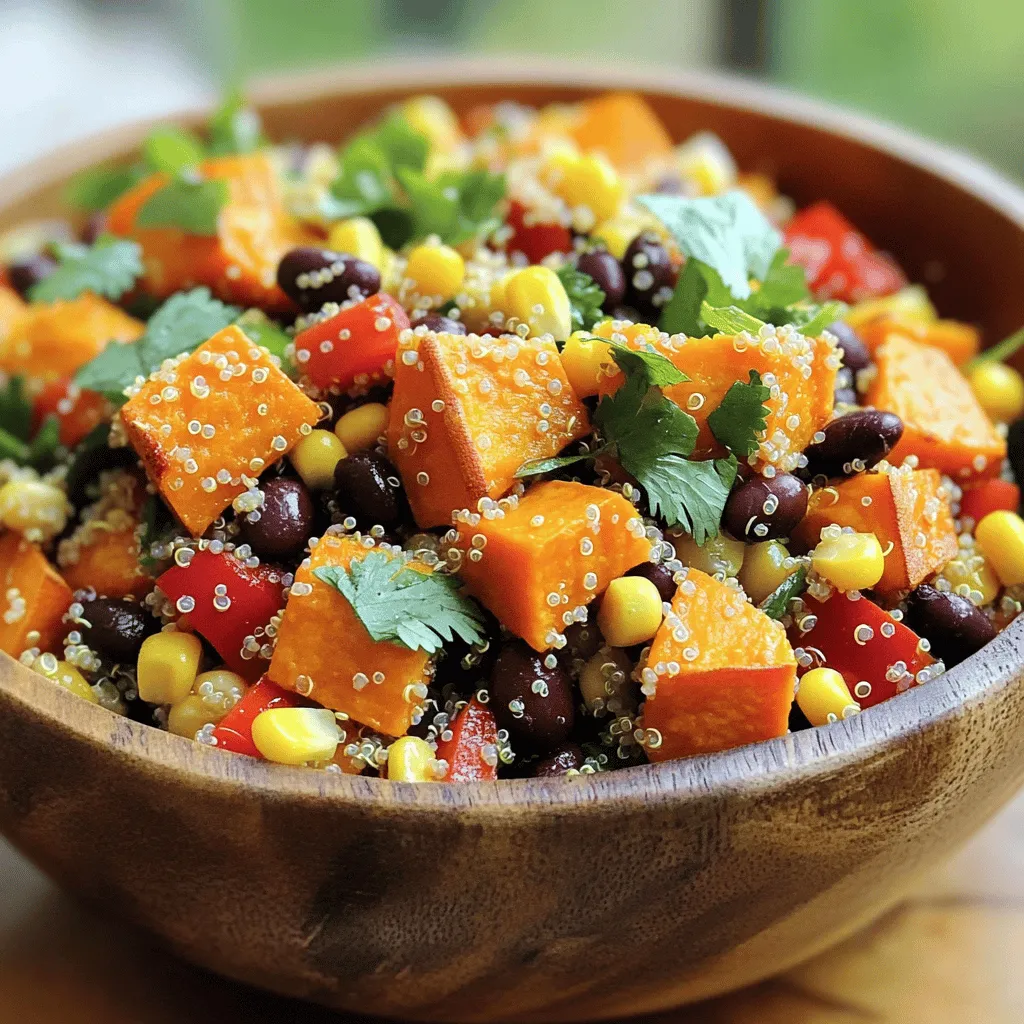Here is a list of the main ingredients for Sweet Potato Quinoa Salad: - 1 cup quinoa, rinsed - 2 medium sweet potatoes, peeled and cubed - 1 red bell pepper, diced - 1 cup canned black beans, drained and rinsed - 1/2 cup corn kernels (fresh or frozen) - 1/4 cup red onion, finely chopped - 1/4 cup fresh cilantro, chopped - 2 tablespoons olive oil - 2 tablespoons lime juice - 1 teaspoon cumin - 1 teaspoon chili powder - Salt and pepper to taste Each ingredient plays a key role in flavor and nutrition: - Quinoa is a great source of protein and fiber. It gives a nice base for the salad. - Sweet potatoes add natural sweetness and are rich in vitamins A and C. They also bring a comforting texture. - Red bell pepper adds a crunchy texture and a bright color. It is high in vitamin C. - Black beans provide protein, fiber, and a hearty feel. They also add a creamy note. - Corn brings sweetness and a burst of color. It complements the other flavors well. - Red onion adds a sharp bite, balancing the sweetness of the sweet potatoes. - Fresh cilantro gives a refreshing flavor that brightens the dish. - Olive oil and lime juice create a zesty dressing that ties all the flavors together. - Cumin and chili powder add warmth and depth to the salad, enhancing the overall taste. - Salt and pepper are essential for bringing out the flavors of the ingredients. For Sweet Potato Quinoa Salad, I like to use simple herbs and spices. Here are some key ones: - Cumin adds a warm, earthy flavor. - Chili powder provides a mild heat and a smoky note. To adjust the flavors, consider these tips: - Add more lime juice for extra tang. - Use fresh herbs like parsley or basil for a different twist. - Try adding a pinch of cayenne pepper for heat. - Adjust salt and pepper to match your taste. Feel free to mix and match spices to find your ideal flavor balance. You can find the Full Recipe at the top for detailed steps! To start, you need to prepare the sweet potatoes and quinoa. First, peel the sweet potatoes. Then, cut them into small, even cubes. Aim for about half an inch in size. This helps them cook evenly. Next, rinse your quinoa under cold water. This step removes any bitter taste. In a medium pot, combine two cups of water with one cup of rinsed quinoa. Bring this to a boil. Once it boils, reduce the heat to a low simmer. Cover the pot and let it cook for about 15 minutes. When the water is gone, fluff the quinoa with a fork and set it aside to cool. Now, let's roast the sweet potatoes. Preheat your oven to 400°F (200°C). In a mixing bowl, toss the cubed sweet potatoes with one tablespoon of olive oil, cumin, chili powder, salt, and pepper. Make sure they are well coated. Spread the sweet potatoes on a baking sheet lined with parchment paper. Roast them for 20 to 25 minutes. Flip them halfway through for even cooking. They should be tender and golden when done. Once your sweet potatoes are roasted and quinoa is ready, it’s time to mix everything. In a large bowl, combine the cooked quinoa, roasted sweet potatoes, diced red bell pepper, black beans, corn, red onion, and chopped cilantro. Now, for the dressing, take a small bowl and whisk together the remaining tablespoon of olive oil and lime juice. Drizzle this mixture over the salad. Toss everything gently to combine. Taste your salad and adjust the seasoning if needed. Add more salt or pepper to fit your taste. For the complete recipe, refer to the [Full Recipe]. To achieve perfectly roasted sweet potatoes, start with even-sized cubes. This helps them cook evenly. Toss the cubes well with olive oil, cumin, chili powder, salt, and pepper. Make sure they are well coated. Spread them on a baking sheet without crowding. This allows air to circulate and gives you a nice golden color. Roast them at 400°F for about 20-25 minutes. Flip them halfway to ensure even cooking. For light and fluffy quinoa, rinse it well under cold water before cooking. This removes any bitterness. Use a ratio of two cups of water for every cup of quinoa. Bring the water to a boil, then cover and reduce the heat to a simmer. Cook for about 15 minutes. Once all the water absorbs, fluff it gently with a fork. Let it cool before mixing it into your salad. Feel free to swap ingredients based on your taste. You can use butternut squash instead of sweet potatoes for a different flavor. Add avocado for creaminess, or include feta cheese for a salty bite. If you like heat, toss in some diced jalapeños or red pepper flakes. When serving, present your salad in a large bowl. Garnish it with extra cilantro leaves for a fresh look. Add lime wedges on the side to give your guests an option to squeeze fresh lime juice over their servings. This brightens up the flavors beautifully. For a fun twist, serve it in lettuce wraps for a crunchy bite. Discover the Full Recipe for more details on creating this delightful dish! {{image_2}} You can easily make Sweet Potato Quinoa Salad fit your diet. For a vegan version, skip the honey and use plant-based dressings. You can also make it gluten-free by ensuring your quinoa is certified gluten-free. To create a low-carb dish, swap quinoa for cauliflower rice or spiralized zucchini. Feel free to add a variety of vegetables. Spinach, kale, or arugula can bring more greens to your salad. You might also try roasted carrots, Brussels sprouts, or even beets for a fun twist. For protein, consider adding chickpeas, grilled chicken, or feta cheese for creaminess. While quinoa is the star, you can try other grains. Brown rice, farro, or even barley can work well. These choices add different textures and flavors to your dish. Seasonal produce can also change your salad. In summer, add fresh tomatoes and cucumbers. In fall, try roasted squash or apples. These swaps keep your salad fresh and exciting all year round. For the full recipe, check out the Sweet Potato Quinoa Salad section. To keep your Sweet Potato Quinoa Salad fresh, store it in an airtight container. Place it in the fridge right after serving. This prevents bacteria and keeps the flavors intact. You can enjoy the salad for up to three days. After that, the quality may start to drop. If you notice any signs of spoilage, like an off smell, it's best to throw it out. Preparing ahead makes busy days easier. You can cook the quinoa and roast the sweet potatoes in advance. Let them cool before storing them separately in the fridge. Chop the vegetables and keep them in another container. When you're ready to eat, just mix everything together. This way, you can have a healthy meal on your table in minutes. How long does Sweet Potato Quinoa Salad last in the fridge? Sweet Potato Quinoa Salad stays fresh for about 3 to 5 days in the fridge. Store it in an airtight container to keep it flavorful. When you want to eat it, give it a stir. You may add a splash of lime juice to brighten the flavors. Can I use canned quinoa instead of cooking it from scratch? You cannot use canned quinoa, but you can use other canned items. Quinoa needs cooking to get its fluffy texture. Canned items like black beans and corn, however, are great for this salad. They save time and add great taste. What are the nutritional benefits of sweet potatoes and quinoa? Sweet potatoes are rich in vitamins A and C, fiber, and antioxidants. They help with your immune system and digestion. Quinoa has all nine essential amino acids, making it a complete protein. It also provides fiber, iron, and magnesium. Together, they make a healthy combo. Is this salad suitable for weight loss? Yes, this salad is great for weight loss. It is low in calories and high in nutrients. The fiber from sweet potatoes and quinoa helps you feel full. This means you may eat less overall. Eating this salad can be part of a balanced diet for weight management. This blog covers how to make a tasty Sweet Potato Quinoa Salad. We discussed the key ingredients and their benefits. You learned step-by-step instructions for preparing and mixing the salad. Cooking tips and flavor enhancements can make a difference in taste. We explored variations to meet different diets and ingredient swaps for freshness. Lastly, proper storage and prep tips help keep this salad delightful. With this knowledge, you can enjoy a nutritious meal any time. Happy cooking!