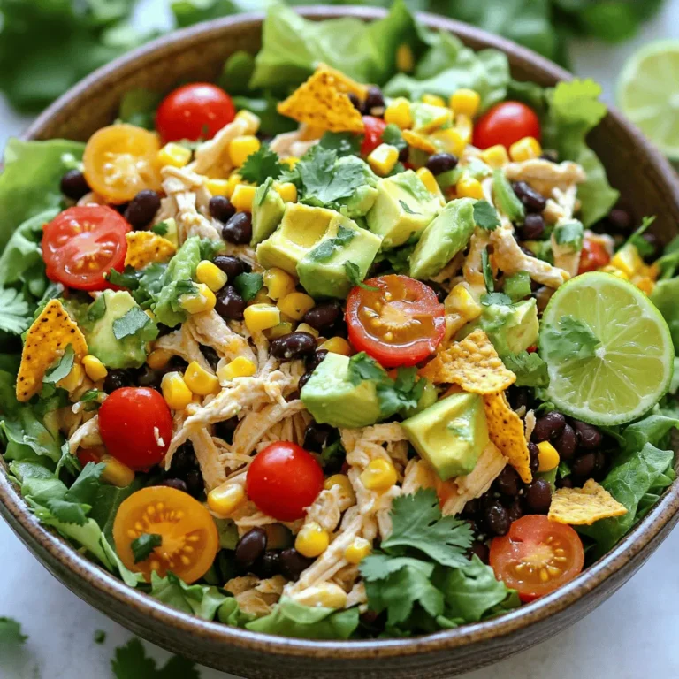 - 2 cups cooked chicken breast, shredded - 1 cup black beans, drained and rinsed - 1 cup corn kernels (fresh or frozen) - 1 red bell pepper, diced - 1 jalapeño, seeds removed and finely chopped - 1 avocado, diced - ½ cup cherry tomatoes, halved - 1 cup romaine lettuce, chopped - ½ cup cilantro, chopped The main ingredients make this salad colorful and tasty. Chicken adds protein and flavor. Black beans offer fiber and a nice texture. Corn gives sweetness and crunch. Fresh vegetables like bell peppers, jalapeño, and avocado bring a burst of color and freshness. Cherry tomatoes and romaine lettuce keep things light and crisp. Cilantro adds a fresh herb taste that brightens the dish. - Juice of 2 limes - 3 tablespoons olive oil - 1 teaspoon cumin - 1 teaspoon chili powder - Salt and pepper to taste The dressing is simple yet bold. Lime juice adds a zesty kick. Olive oil gives smoothness and richness. Cumin and chili powder bring warmth and depth. Salt and pepper help enhance all the flavors. This dressing ties the salad together and keeps it delicious. - Crushed tortilla chips - Fresh herbs (Cilantro) Garnishes add a fun touch to your salad. Crushed tortilla chips give a nice crunch. Fresh cilantro on top makes it look pretty and adds flavor. These little extras make each bite even better. For the full recipe, check out the detailed instructions to make this salad shine! 1. Cooking and shredding chicken First, cook your chicken. You can grill, bake, or boil it. I prefer boiling for easy shredding. Cook it until the center reaches 165°F. Let it cool, then shred it with two forks. This gives you nice, tender pieces for the salad. 2. Preparing beans and corn For the beans, use canned black beans. Drain and rinse them well. This removes excess salt and keeps the salad fresh. If you're using frozen corn, cook it according to package directions. Fresh corn works too! Just cut it off the cob. 1. Mixing the salad components In a large bowl, combine the shredded chicken, black beans, corn, diced red bell pepper, chopped jalapeño, diced avocado, halved cherry tomatoes, and chopped romaine lettuce. This mix creates a colorful, tasty base. 2. Whisking together the dressing In a small bowl, whisk the lime juice, olive oil, cumin, chili powder, salt, and pepper. Mix until it’s smooth. This dressing adds a zesty kick. Once mixed, pour it over the salad and gently toss everything together. Finally, fold in the chopped cilantro for extra freshness. 1. Serving presentation ideas Serve the salad in bowls or on plates. For a fun touch, sprinkle crushed tortilla chips on top. This adds a nice crunch and makes it look appealing. 2. Portioning for 4 servings This recipe makes four servings. Use a measuring cup to portion out equal amounts. This way, everyone gets a nice helping of all the flavors. Enjoy your delicious Southwest Chicken Salad! For the full recipe, check out the details above. To cook chicken well, use boneless, skinless breasts. Season them with salt, pepper, and a sprinkle of cumin. Bake at 375°F for about 25 to 30 minutes. This keeps the chicken juicy and tender. Let it cool before shredding. When seasoning, add spices gradually. Start with a little cumin and chili powder. Taste as you go. This way, you control the flavor. Remember, you can always add more, but you can't take it out! For extra flavor, consider fresh herbs like cilantro or parsley. They add brightness to the dish. You can also try spices like smoked paprika or garlic powder. Both can give your salad a nice kick. Using fresh ingredients is key. Fresh corn adds sweetness. Fresh peppers bring crunch. Canned beans work well too, but rinse them to remove excess salt. You can make this salad ahead of time. Just store it in the fridge for up to two days. Keep the dressing separate to avoid sogginess. Mix it in just before serving for fresh taste. For leftovers, use an airtight container. This keeps them safe and fresh. You can enjoy your salad for lunch the next day, but try to eat it within 24 hours for the best flavor. Ready to try making your own delicious Southwest Chicken Salad? Check out the Full Recipe for all the details! {{image_2}} You can switch up the protein in your Southwest Chicken Salad. Grilled shrimp adds a nice touch. The shrimp gets a smoky flavor when grilled. You can also use steak for a hearty option. Just grill it, slice it up, and toss it in. If you want a vegetarian dish, try tofu. Firm tofu works best. Just press it, cube it, and sauté until golden. This gives it a great texture. Want to change the flavor a bit? Add mango or pineapple for a sweet twist. These fruits brighten the dish and add a fun texture. You can also try different dressings. A creamy avocado dressing can bring richness. Or, a zesty lime vinaigrette can kick up the flavor. Experiment with what you enjoy! If you need gluten-free options, use corn tortillas instead of chips. This keeps the crunch but makes it safe for gluten-free diets. For low-carb changes, skip the corn and chips. You can add more veggies instead. This will keep the salad filling without the extra carbs. Enjoy the flavors while making it fit your needs! To keep your Southwest Chicken Salad fresh, store it in an airtight container. This helps prevent air and moisture from spoiling your food. Place it in the fridge right after serving. Your salad should stay good for about 3 to 4 days. Just check for any signs of spoilage before eating. Can Southwest Chicken Salad be frozen? Yes, you can freeze it, but some ingredients may change. The veggies and avocado might not taste great after thawing. For freezing, place the salad in a freezer-safe container. It will last up to 3 months. To thaw, move it to the fridge overnight before serving. For reheating leftover chicken, the best method is to use the microwave. Heat it in short bursts of 30 seconds. Stir it between intervals to ensure even heating. You can also use a skillet on low heat. Just add a splash of water to keep it moist. Don't forget to check the temperature before serving! Can I use canned beans? Yes, you can use canned beans in your salad. Just make sure to drain and rinse them. This helps reduce the salt and any added preservatives. Canned black beans are a great option. They save time and add flavor. What type of chicken is best for this salad? Cooked chicken breast works best for this salad. It has a mild taste that blends well with the other ingredients. You can use leftover chicken or rotisserie chicken for ease. Shredded chicken helps mix in better with the salad. How healthy is Southwest Chicken Salad? Southwest Chicken Salad is quite healthy. It has lean protein from chicken, fiber from beans, and vitamins from fresh veggies. This salad offers a balanced meal, packed with nutrients. Calorie count and serving size concerns One serving of this salad has around 300-400 calories. This depends on how much dressing you use. A good serving size is about 2 cups. Adjust portions based on your diet needs. What can I use instead of lime juice? If you don’t have lime juice, you can use lemon juice. It adds a nice tang. Apple cider vinegar is another good choice for a different flavor. Just remember to adjust the amount to taste. Options for a dairy-free dressing For a dairy-free dressing, try using avocado or tahini. Both add creaminess without dairy. You can also mix olive oil with vinegar and herbs for a light dressing. Just ensure it fits your taste preferences. In this article, we explored making a delicious Southwest Chicken Salad. We covered ingredients like chicken, black beans, and fresh veggies, along with dressings to enhance flavor. Preparation steps are easy, and I shared tips for the best taste. We also discussed variations for proteins and dietary needs. Finally, proper storage advice ensures freshness. Enjoy your tasty salad while knowing it can adapt to your taste! It’s a great meal choice that’s quick to prepare and full of flavor.