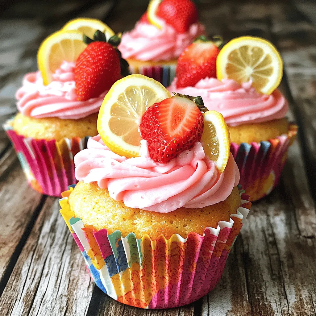 To make your Strawberry Lemonade Cupcakes, gather the following items: - 1 cup all-purpose flour - 1/2 cup granulated sugar - 1/2 teaspoon baking powder - 1/4 teaspoon baking soda - 1/4 teaspoon salt - 1/2 cup unsalted butter, softened - 2 large eggs - 1/4 cup lemon juice (freshly squeezed) - Zest of 1 lemon - 1/2 cup strawberry puree (fresh strawberries blended) - 1/4 cup milk - 1 teaspoon vanilla extract - For the frosting: - 1/2 cup unsalted butter, softened - 2 cups powdered sugar - 1/4 cup strawberry puree - 1 tablespoon lemon juice - 1 tablespoon lemon zest You can add a fun touch with these garnishes: - Fresh strawberries - Lemon slices These will make your cupcakes look bright and fresh. To bake these cupcakes, you will need: - A 12-cup muffin tin - Cupcake liners - Mixing bowls - Whisk - Hand mixer or stand mixer - Piping bag or knife for frosting - Measuring cups and spoons Having these tools ready will help you create perfect cupcakes every time. Enjoy the fun of baking! You can find the full recipe for Strawberry Lemonade Cupcakes in the earlier sections. Start by preheating your oven to 350°F (175°C). This step is key for even baking. Next, take a 12-cup muffin tin and line it with cupcake liners. This makes for easy cleanup and keeps your cupcakes from sticking. In a medium bowl, whisk together the following dry ingredients: - 1 cup all-purpose flour - 1/2 teaspoon baking powder - 1/4 teaspoon baking soda - 1/4 teaspoon salt Whisk until everything is mixed well. Setting this aside lets you focus on the wet ingredients next. In a large mixing bowl, start by beating together: - 1/2 cup unsalted butter, softened - 1/2 cup granulated sugar Mix these until they are light and fluffy, about 2-3 minutes. Then, add in two large eggs, one at a time. It is important to mix well after each addition. Next, pour in: - 1/4 cup freshly squeezed lemon juice - Zest of 1 lemon - 1 teaspoon vanilla extract Mix until everything is well combined. Now, gradually add the dry ingredients to this wet mixture, alternating with: - 1/4 cup milk Start and finish with the flour mix. This helps keep the batter smooth. Finally, gently fold in: - 1/2 cup strawberry puree Make sure the puree is evenly mixed in. Now, divide the batter evenly into the cupcake liners, filling each about two-thirds full. Bake them in the oven for 15-18 minutes. Use a toothpick to check if they are done; it should come out clean. Let them cool in the pan for 5 minutes before moving them to a wire rack to cool completely. For the frosting, follow the [Full Recipe] instructions to create a delicious topping! To make your cupcakes fluffy, you need to cream the butter and sugar well. Beat them together until the mix is light and airy. This step is key for a nice texture. Use room temperature butter for the best results. It mixes easily and helps trap air. Make sure not to overmix the batter after adding the flour. This can make your cupcakes dense. Mix just until you combine the ingredients. When frosting your cupcakes, start with cool cupcakes. This helps the frosting stay firm. Use a piping bag for a neat look. If you don't have one, a knife works too. For even coverage, frost in circles. Begin from the center and work your way out. If your frosting is too soft, chill it for a bit. A little chill can make a big difference. Fresh strawberries offer the best flavor and texture. Use ripe berries for sweetness. If you choose frozen, thaw them first. Drain excess liquid to avoid a watery batter. Blend until smooth for the puree. Both options work, but fresh gives a brighter taste. Adjust sweetness if using frozen berries, as they can be less sweet. For the best results, taste as you go. For the full recipe, check out the detailed steps to create these lovely Strawberry Lemonade Cupcakes! {{image_2}} You can easily switch up flavors in these cupcakes. Try using raspberries instead of strawberries. They add a nice tartness. Blueberries also work well, giving a sweet twist. For a tropical vibe, mango or pineapple puree makes a fun change. You can mix lemon zest with other fruits for a unique taste. Experimenting with different fruits keeps the recipe fresh and exciting. Making gluten-free cupcakes is simple. Just swap all-purpose flour for a gluten-free blend. Make sure it has a binding agent like xanthan gum. For a dairy-free option, use coconut oil instead of butter. Almond milk or oat milk works great in place of regular milk. You can still enjoy these cupcakes while sticking to your diet. The frosting can also change to match your taste. You can use whipped cream for a lighter texture. Add a few drops of food coloring for fun colors. If you're feeling adventurous, mix in a bit of chocolate or matcha powder for a twist. Try topping with crushed nuts or sprinkles for a fun crunch. These ideas can help you make your cupcakes stand out. For the full recipe, check the link above! After baking, let your cupcakes cool completely. Place them in an airtight container. This keeps them moist and fresh. You can store them on the counter for up to three days. If you want to keep them longer, consider freezing. To freeze, wrap each cupcake tightly in plastic wrap. Then, place them in a freezer-safe bag or container. This prevents freezer burn. You can freeze them for up to three months. When ready to eat, thaw them in the fridge overnight. For the best taste, enjoy your cupcakes within a few days. If you see any signs of mold or an off smell, throw them away. Always check your cupcakes before serving. Keeping them covered helps maintain their flavor and texture. If you want to try a fresh batch, check the Full Recipe for all the details! Yes, you can make these cupcakes ahead of time. Bake them and let them cool completely. Store them in an airtight container at room temperature. They stay fresh for about two days. If you want them to last longer, freeze them. Just wrap each cupcake in plastic wrap. Thaw them at room temperature before frosting. If you don't have strawberry puree, you can use other fruit purees. Raspberry or blueberry purees work well too. You can also use lemon curd for a citrus twist. Just keep in mind that it will change the flavor slightly. Make sure the puree is smooth and not too thick. To add more tartness, increase the lemon juice in the batter. You can also add extra lemon zest. Another option is to use a tart fruit puree, like raspberry. For the frosting, add more lemon juice or zest. This will give your cupcakes a nice zing! You learned how to make delicious strawberry lemonade cupcakes. I shared key ingredients, tools, and steps. You also got tips for fluffy cupcakes and frosting. We talked about fun variations and how to store your treats. In the end, these cupcakes are easy and fun. With this guide, you can impress anyone. Enjoy baking and sharing your sweet creations!