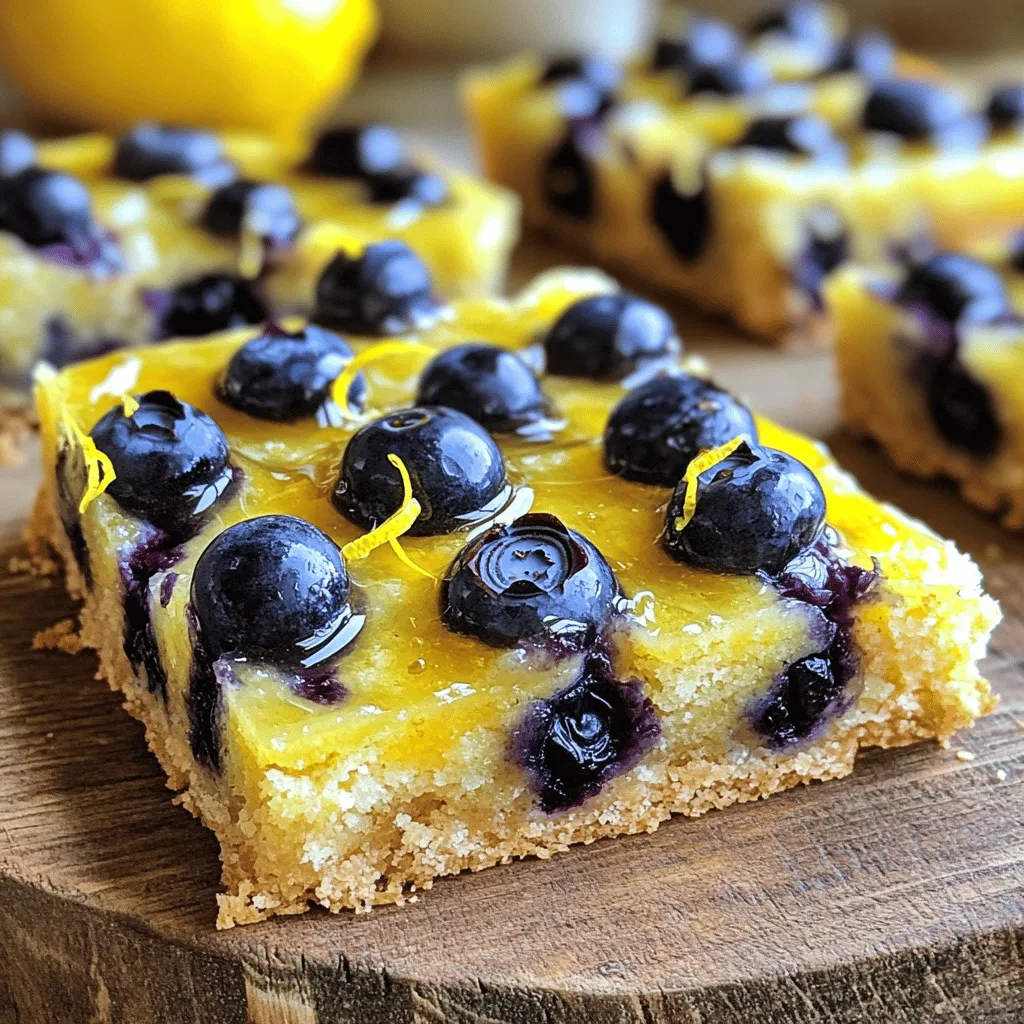 To make these tasty Lemon Blueberry Breakfast Bars, you need some simple ingredients. Here’s the complete list for you: - 1 ½ cups rolled oats - ½ cup almond flour - ½ cup honey or maple syrup - 1/3 cup coconut oil, melted - 1 cup fresh blueberries - Zest of 1 lemon - 2 tablespoons fresh lemon juice - 1 teaspoon baking powder - ½ teaspoon vanilla extract - Pinch of salt These ingredients work together to create a sweet and tangy flavor. The oats and almond flour give a nice texture. Honey or maple syrup adds sweetness, while coconut oil keeps the bars moist. Fresh blueberries burst with flavor in every bite. Lemon zest and juice bring a bright taste that wakes up your senses. When choosing your blueberries, opt for fresh ones if you can. They add the best flavor and texture. If you want to switch things up, maple syrup works great instead of honey. You can find the full recipe for these delicious bars in the recipe section. Enjoy making this easy breakfast treat! 1. First, preheat your oven to 350°F (175°C). This helps ensure even baking. 2. Line an 8x8 inch baking dish with parchment paper. Leave some overhang, so you can lift the bars out later. 3. In a large mixing bowl, add 1 ½ cups rolled oats, ½ cup almond flour, 1 teaspoon baking powder, and a pinch of salt. Mix these dry ingredients until they are well combined. 1. In another bowl, whisk together 1/3 cup melted coconut oil and ½ cup honey (or maple syrup). 2. Add the zest of 1 lemon, 2 tablespoons fresh lemon juice, and ½ teaspoon vanilla extract. Mix until it is smooth and well blended. 1. Pour the wet mix into the dry ingredients. Stir until all the ingredients are combined. 2. Carefully fold in 1 cup of fresh blueberries. Be gentle to keep them whole. 3. Spread the mixture evenly in the prepared baking dish. Press it down firmly to create a nice shape. 4. Bake for 25-30 minutes. Check for doneness by making sure the edges are golden brown and the center feels firm. 5. Let the bars cool completely in the dish. Use the parchment overhang to lift them out. Cut into squares or rectangles. For the full recipe, check out the complete details. Enjoy your delicious Lemon Blueberry Breakfast Bars! To get the right texture, use rolled oats and almond flour. They create a chewy yet soft bar. Make sure your coconut oil is melted but not too hot. If it's too hot, it can cook the eggs or change the texture. Check for doneness by looking at the edges. They should turn golden brown. You can also gently press the center; it should feel firm. If it leaves a mark, it needs more time. To boost flavors, try adding a pinch of cinnamon or nutmeg. These spices give the bars a warm taste. You can also add chopped nuts like walnuts or almonds. They add crunch and pair well with blueberries. When serving, place the bars on a wooden board or a nice plate. Drizzle some honey over them for extra sweetness. A sprinkle of lemon zest on top adds color and flavor. Enjoy them with tea or coffee for a delightful start to your day. {{image_2}} If you want to switch things up, try different flours. Instead of almond flour, you can use whole wheat flour or oat flour. Both work well and keep the bars tasty. For sweeteners, honey is great, but maple syrup or agave nectar can also work. These swaps let you customize the flavor and sweetness to your liking. You can also change the fruit. In summer, use fresh strawberries or peaches. In fall, swap in chopped apples or pears. Each fruit brings its own sweet and juicy charm to the bars. To make these bars gluten-free, use certified gluten-free oats. Look for brands that ensure no cross-contamination with gluten products. You can also substitute almond flour with a gluten-free blend. These changes keep the bars safe for those with gluten sensitivities while still being delicious. For a vegan version, replace honey with maple syrup or agave nectar. This keeps the bars sweet while staying plant-based. You can also swap the coconut oil for a vegan butter or more plant-based oil. These small changes help you enjoy the bars without animal products. Enjoy your flavorful lemon blueberry breakfast bars, no matter your diet! For the full recipe, be sure to check out the details above! To keep your lemon blueberry breakfast bars fresh, store them in an airtight container. This helps maintain their soft texture and flavor. I suggest using a glass or plastic container. Line the bottom with parchment paper to avoid sticking. You can also wrap the bars in plastic wrap before placing them in the container for extra protection. If you want to enjoy these bars later, freezing is a great option! First, let the bars cool completely. Then, cut them into squares. Wrap each square tightly in plastic wrap. Place the wrapped bars in a freezer-safe bag or container. When you’re ready to eat, thaw them in the fridge overnight or on the counter for a few hours. In the fridge, these bars last about one week. If you freeze them, they can stay fresh for up to three months. Just remember to label the container with the date. This way, you know when to enjoy them at their best. Following these steps will keep your lemon blueberry breakfast bars delicious and ready to eat! For the complete recipe, check out the Full Recipe. What can I substitute for coconut oil? You can use butter or vegetable oil instead of coconut oil. Both work well in this recipe. Butter adds a rich flavor, while vegetable oil keeps it light. Just melt them before mixing with the other wet ingredients. Can I use frozen blueberries instead of fresh? Yes, frozen blueberries are a great option. They save time and still taste good. Just add them directly from the freezer. Be careful not to overmix, or the batter may turn blue. How can I make these breakfast bars healthier? You can replace honey with a sugar-free sweetener. You can also add nuts or seeds for extra protein. Using whole grain oats adds more fiber and nutrients. What is the best way to cut and serve these bars? Let the bars cool completely before cutting. Use a sharp knife for clean edges. Serve them on a plate, or wrap them for a snack on the go. For a fancy touch, drizzle some honey and sprinkle lemon zest on top. For the full recipe, check out the details above. These Lemon Blueberry Breakfast Bars are simple and tasty. We covered their ingredients, step-by-step instructions, and helpful tips. You can mix up flavors and adapt for diets, too. In the end, these bars are easy to make and great for any meal. Store them well and enjoy them fresh. Try making them and see how much you like them. You’ll be glad you did!